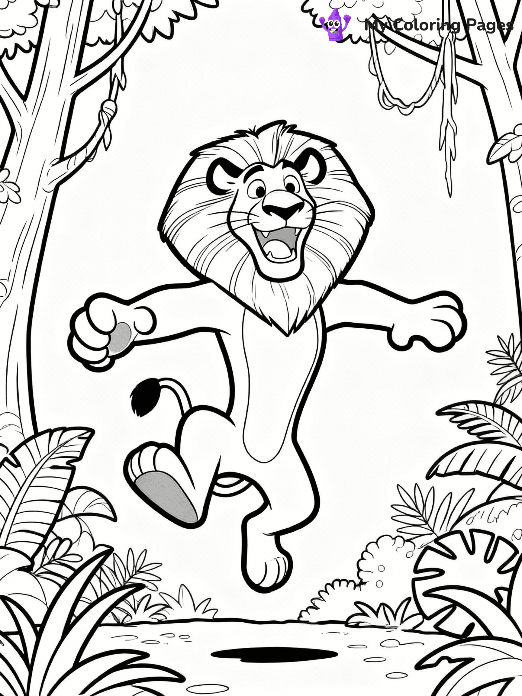 ⚠️ CRITICAL REQUIREMENT - ABSOLUTE BLACK AND WHITE ONLY ⚠️
This MUST be a BLACK AND WHITE line drawing ONLY. NO COLORS whatsoever.
- ONLY pure black lines (#000000) on pure white background (#FFFFFF)
- ABSOLUTELY NO colors, NO shading, NO gradients, NO grayscale
- If there are ANY colors in the output, the image is REJECTED
- This is a COLORING PAGE - meant to be COLORED IN by children
- The output must be UNCOLORED line art ready for coloring
⚠️ SUBJECT TO DRAW: Playful Alex the Lion from Madagascar in cartoon style, jumping with a big grin, jungle backdrop
(REMEMBER: Output must be BLACK AND WHITE line art only, NOT colored!)
# COLORING PAGE: BLACK OUTLINES ONLY - WHITE BACKGROUND MANDATORY
Create a **coloring book page** using EXACTLY two values: black lines, white space.
## NON-NEGOTIABLE BINARY RULES
- **ONLY #000000 (black) and #FFFFFF (white)** - NO other values exist
- **EVERY PIXEL = BLACK OR WHITE** - no gray/shading/antialiasing
- **WHITE BACKGROUND MANDATORY** - entire canvas stays white
- **ALL SHAPES HOLLOW** - everything is empty outlines waiting to be colored
- **FORBIDDEN:** fills, shading, gradients, patterns, textures, colors
- **NO SOLID REGIONS** - if it's not a thin line, it's wrong
## Universal Line Standards
- Black outlines ONLY - thin, uniform weight
- Every shape completely empty inside
- Closed contours suitable for coloring
- Simple flat illustration - zero depth/3D/realism
- **Style:** Whimsical Doodle Art Alley - rounded, friendly outlines (unless specified)
## Everything = Outline Only
- Characters/animals: hollow shapes
- Objects/clothing: empty contours
- Backgrounds/scenery: line work only
- Natural elements: outlined forms
- Dark/night areas: don't exist (use outlined symbols)
- Textures/patterns: convert to simple lines
## The Test
Can a child color EVERY white space with crayons? If any area is pre-filled/shaded/gray or colored in, it FAILS. Every shape must be waiting to receive color.
**FINAL OUTPUT**: Binary coloring page. Black lines define shapes. White spaces ready for coloring. Nothing else exists. No exceptions. Print-ready.
⚠️ FINAL REMINDER: Draw the subject "Playful Alex the Lion from Madagascar in cartoon style, jumping with a big grin, jungle backdrop" as BLACK AND WHITE line art. Zero colors in output.