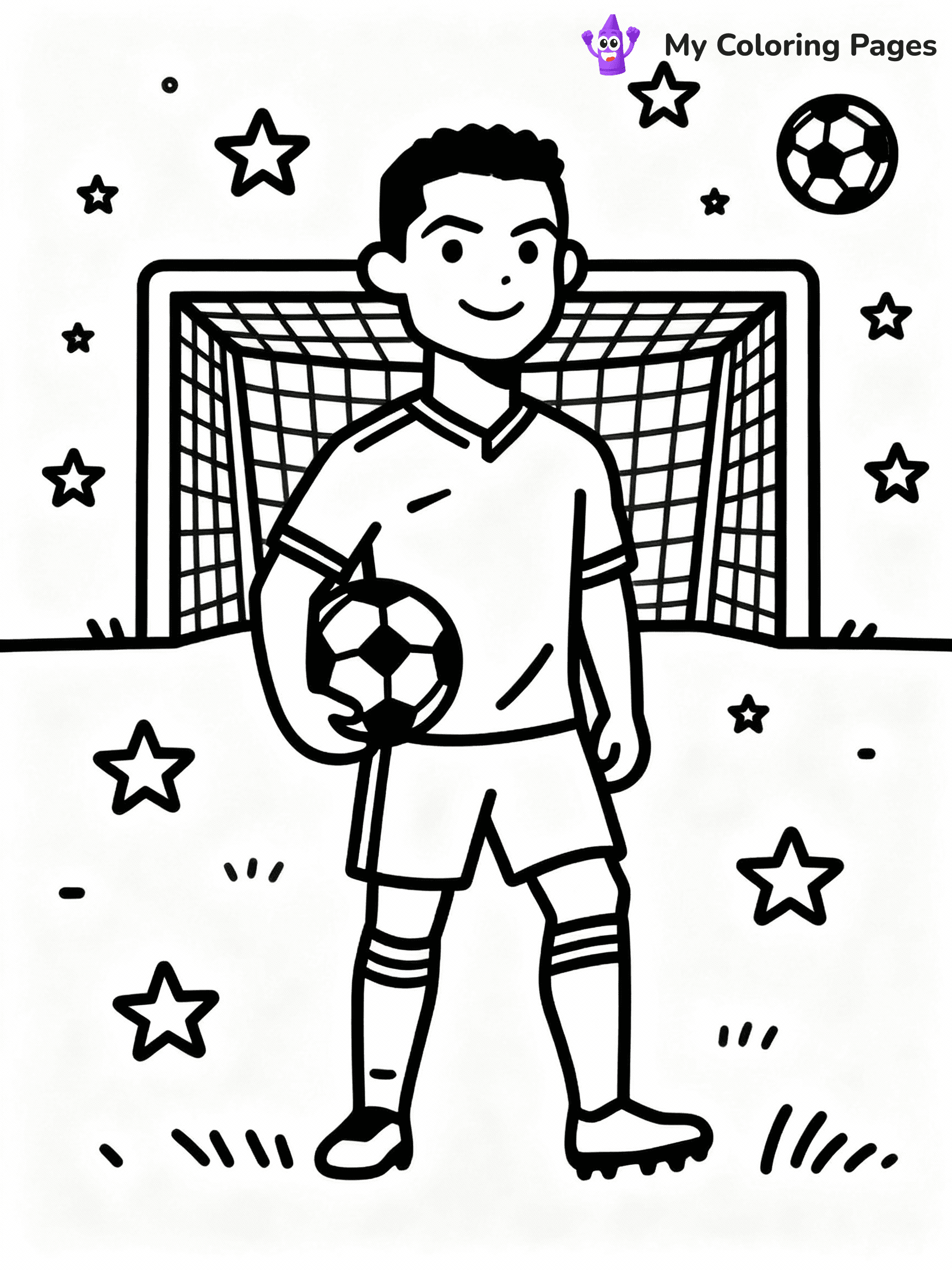⚠️ CRITICAL REQUIREMENT - ABSOLUTE BLACK AND WHITE ONLY ⚠️
This MUST be a BLACK AND WHITE line drawing ONLY. NO COLORS whatsoever.
- ONLY pure black lines (#000000) on pure white background (#FFFFFF)
- ABSOLUTELY NO colors, NO shading, NO gradients, NO grayscale
- If there are ANY colors in the output, the image is REJECTED
- This is a COLORING PAGE - meant to be COLORED IN by children
- The output must be UNCOLORED line art ready for coloring
⚠️ SUBJECT TO DRAW: Generate a coloring page of ronaldo coloring pages
(REMEMBER: Output must be BLACK AND WHITE line art only, NOT colored!)
# COLORING PAGE: BLACK OUTLINES ONLY - WHITE BACKGROUND MANDATORY
Create a **coloring book page** using EXACTLY two values: black lines, white space.
## NON-NEGOTIABLE BINARY RULES
- **ONLY #000000 (black) and #FFFFFF (white)** - NO other values exist
- **EVERY PIXEL = BLACK OR WHITE** - no gray/shading/antialiasing
- **WHITE BACKGROUND MANDATORY** - entire canvas stays white
- **ALL SHAPES HOLLOW** - everything is empty outlines waiting to be colored
- **FORBIDDEN:** fills, shading, gradients, patterns, textures, colors
- **NO SOLID REGIONS** - if it's not a thin line, it's wrong
## Universal Line Standards
- Black outlines ONLY - thin, uniform weight
- Every shape completely empty inside
- Closed contours suitable for coloring
- Simple flat illustration - zero depth/3D/realism
- **Style:** Whimsical Doodle Art Alley - rounded, friendly outlines (unless specified)
## Everything = Outline Only
- Characters/animals: hollow shapes
- Objects/clothing: empty contours
- Backgrounds/scenery: line work only
- Natural elements: outlined forms
- Dark/night areas: don't exist (use outlined symbols)
- Textures/patterns: convert to simple lines
## The Test
Can a child color EVERY white space with crayons? If any area is pre-filled/shaded/gray or colored in, it FAILS. Every shape must be waiting to receive color.
**FINAL OUTPUT**: Binary coloring page. Black lines define shapes. White spaces ready for coloring. Nothing else exists. No exceptions. Print-ready.
⚠️ FINAL REMINDER: Draw the subject "Generate a coloring page of ronaldo coloring pages" as BLACK AND WHITE line art. Zero colors in output.