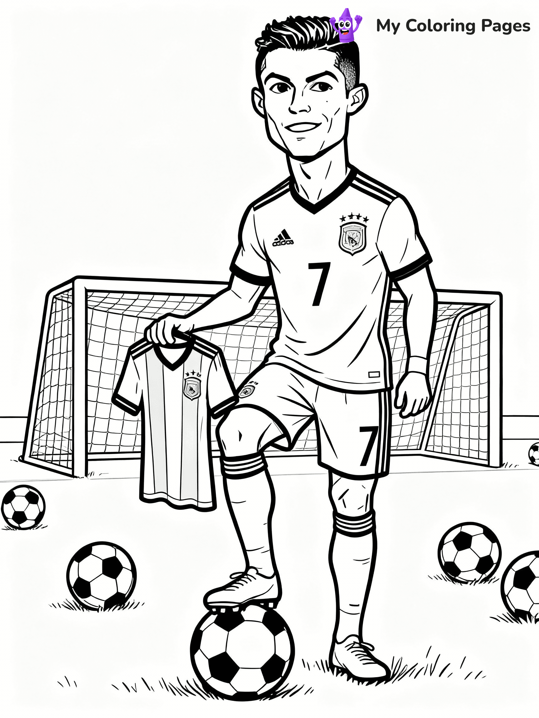 ⚠️ CRITICAL REQUIREMENT - ABSOLUTE BLACK AND WHITE ONLY ⚠️
This MUST be a BLACK AND WHITE line drawing ONLY. NO COLORS whatsoever.
- ONLY pure black lines (#000000) on pure white background (#FFFFFF)
- ABSOLUTELY NO colors, NO shading, NO gradients, NO grayscale
- If there are ANY colors in the output, the image is REJECTED
- This is a COLORING PAGE - meant to be COLORED IN by children
- The output must be UNCOLORED line art ready for coloring
⚠️ SUBJECT TO DRAW: Generate a coloring page of ronaldo coloring pages
(REMEMBER: Output must be BLACK AND WHITE line art only, NOT colored!)
# COLORING PAGE: BLACK OUTLINES ONLY - WHITE BACKGROUND MANDATORY
Create a **coloring book page** using EXACTLY two values: black lines, white space.
## NON-NEGOTIABLE BINARY RULES
- **ONLY #000000 (black) and #FFFFFF (white)** - NO other values exist
- **EVERY PIXEL = BLACK OR WHITE** - no gray/shading/antialiasing
- **WHITE BACKGROUND MANDATORY** - entire canvas stays white
- **ALL SHAPES HOLLOW** - everything is empty outlines waiting to be colored
- **FORBIDDEN:** fills, shading, gradients, patterns, textures, colors
- **NO SOLID REGIONS** - if it's not a thin line, it's wrong
## Universal Line Standards
- Black outlines ONLY - thin, uniform weight
- Every shape completely empty inside
- Closed contours suitable for coloring
- Simple flat illustration - zero depth/3D/realism
- **Style:** Whimsical Doodle Art Alley - rounded, friendly outlines (unless specified)
## Everything = Outline Only
- Characters/animals: hollow shapes
- Objects/clothing: empty contours
- Backgrounds/scenery: line work only
- Natural elements: outlined forms
- Dark/night areas: don't exist (use outlined symbols)
- Textures/patterns: convert to simple lines
## The Test
Can a child color EVERY white space with crayons? If any area is pre-filled/shaded/gray or colored in, it FAILS. Every shape must be waiting to receive color.
**FINAL OUTPUT**: Binary coloring page. Black lines define shapes. White spaces ready for coloring. Nothing else exists. No exceptions. Print-ready.
⚠️ FINAL REMINDER: Draw the subject "Generate a coloring page of ronaldo coloring pages" as BLACK AND WHITE line art. Zero colors in output.