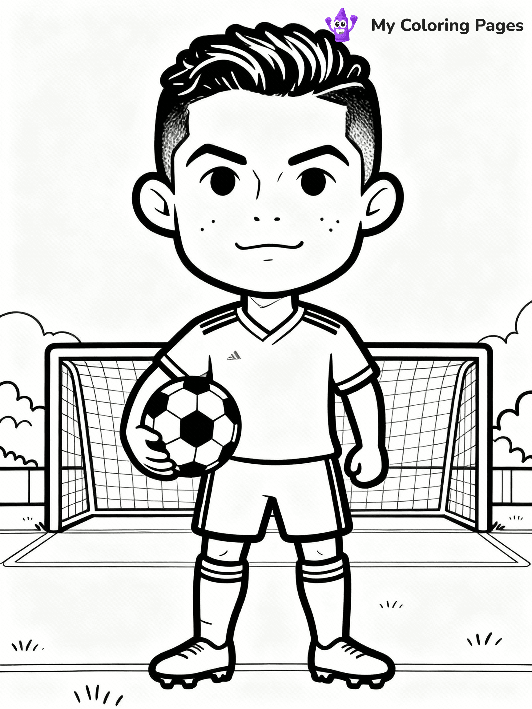 ⚠️ CRITICAL REQUIREMENT - ABSOLUTE BLACK AND WHITE ONLY ⚠️
This MUST be a BLACK AND WHITE line drawing ONLY. NO COLORS whatsoever.
- ONLY pure black lines (#000000) on pure white background (#FFFFFF)
- ABSOLUTELY NO colors, NO shading, NO gradients, NO grayscale
- If there are ANY colors in the output, the image is REJECTED
- This is a COLORING PAGE - meant to be COLORED IN by children
- The output must be UNCOLORED line art ready for coloring
⚠️ SUBJECT TO DRAW: Generate a coloring page of ronaldo coloring pages
(REMEMBER: Output must be BLACK AND WHITE line art only, NOT colored!)
# COLORING PAGE: BLACK OUTLINES ONLY - WHITE BACKGROUND MANDATORY
Create a **coloring book page** using EXACTLY two values: black lines, white space.
## NON-NEGOTIABLE BINARY RULES
- **ONLY #000000 (black) and #FFFFFF (white)** - NO other values exist
- **EVERY PIXEL = BLACK OR WHITE** - no gray/shading/antialiasing
- **WHITE BACKGROUND MANDATORY** - entire canvas stays white
- **ALL SHAPES HOLLOW** - everything is empty outlines waiting to be colored
- **FORBIDDEN:** fills, shading, gradients, patterns, textures, colors
- **NO SOLID REGIONS** - if it's not a thin line, it's wrong
## Universal Line Standards
- Black outlines ONLY - thin, uniform weight
- Every shape completely empty inside
- Closed contours suitable for coloring
- Simple flat illustration - zero depth/3D/realism
- **Style:** Whimsical Doodle Art Alley - rounded, friendly outlines (unless specified)
## Everything = Outline Only
- Characters/animals: hollow shapes
- Objects/clothing: empty contours
- Backgrounds/scenery: line work only
- Natural elements: outlined forms
- Dark/night areas: don't exist (use outlined symbols)
- Textures/patterns: convert to simple lines
## The Test
Can a child color EVERY white space with crayons? If any area is pre-filled/shaded/gray or colored in, it FAILS. Every shape must be waiting to receive color.
**FINAL OUTPUT**: Binary coloring page. Black lines define shapes. White spaces ready for coloring. Nothing else exists. No exceptions. Print-ready.
⚠️ FINAL REMINDER: Draw the subject "Generate a coloring page of ronaldo coloring pages" as BLACK AND WHITE line art. Zero colors in output.