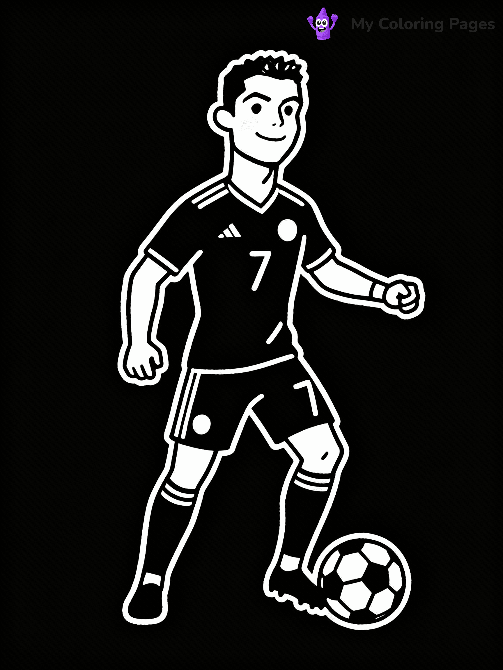 ⚠️ CRITICAL REQUIREMENT - ABSOLUTE BLACK AND WHITE ONLY ⚠️
This MUST be a BLACK AND WHITE line drawing ONLY. NO COLORS whatsoever.
- ONLY pure black lines (#000000) on pure white background (#FFFFFF)
- ABSOLUTELY NO colors, NO shading, NO gradients, NO grayscale
- If there are ANY colors in the output, the image is REJECTED
- This is a COLORING PAGE - meant to be COLORED IN by children
- The output must be UNCOLORED line art ready for coloring
⚠️ SUBJECT TO DRAW: Generate a coloring page of ronaldo coloring pages
(REMEMBER: Output must be BLACK AND WHITE line art only, NOT colored!)
# COLORING PAGE: BLACK OUTLINES ONLY - WHITE BACKGROUND MANDATORY
Create a **coloring book page** using EXACTLY two values: black lines, white space.
## NON-NEGOTIABLE BINARY RULES
- **ONLY #000000 (black) and #FFFFFF (white)** - NO other values exist
- **EVERY PIXEL = BLACK OR WHITE** - no gray/shading/antialiasing
- **WHITE BACKGROUND MANDATORY** - entire canvas stays white
- **ALL SHAPES HOLLOW** - everything is empty outlines waiting to be colored
- **FORBIDDEN:** fills, shading, gradients, patterns, textures, colors
- **NO SOLID REGIONS** - if it's not a thin line, it's wrong
## Universal Line Standards
- Black outlines ONLY - thin, uniform weight
- Every shape completely empty inside
- Closed contours suitable for coloring
- Simple flat illustration - zero depth/3D/realism
- **Style:** Whimsical Doodle Art Alley - rounded, friendly outlines (unless specified)
## Everything = Outline Only
- Characters/animals: hollow shapes
- Objects/clothing: empty contours
- Backgrounds/scenery: line work only
- Natural elements: outlined forms
- Dark/night areas: don't exist (use outlined symbols)
- Textures/patterns: convert to simple lines
## The Test
Can a child color EVERY white space with crayons? If any area is pre-filled/shaded/gray or colored in, it FAILS. Every shape must be waiting to receive color.
**FINAL OUTPUT**: Binary coloring page. Black lines define shapes. White spaces ready for coloring. Nothing else exists. No exceptions. Print-ready.
⚠️ FINAL REMINDER: Draw the subject "Generate a coloring page of ronaldo coloring pages" as BLACK AND WHITE line art. Zero colors in output.
