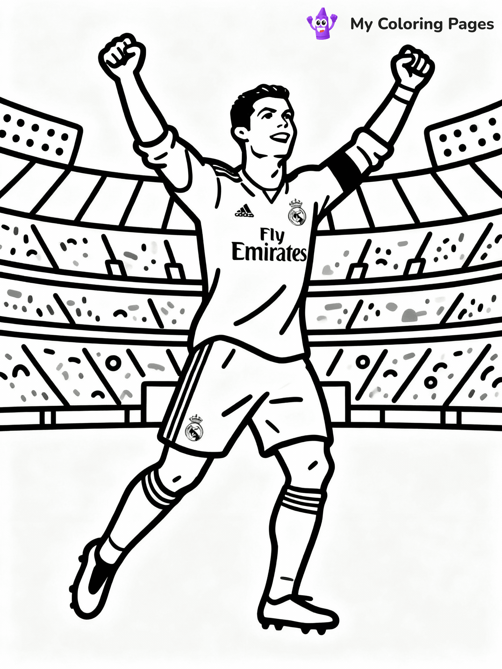 ⚠️ CRITICAL REQUIREMENT - ABSOLUTE BLACK AND WHITE ONLY ⚠️
This MUST be a BLACK AND WHITE line drawing ONLY. NO COLORS whatsoever.
- ONLY pure black lines (#000000) on pure white background (#FFFFFF)
- ABSOLUTELY NO colors, NO shading, NO gradients, NO grayscale
- If there are ANY colors in the output, the image is REJECTED
- This is a COLORING PAGE - meant to be COLORED IN by children
- The output must be UNCOLORED line art ready for coloring
⚠️ SUBJECT TO DRAW: Real Madrid Ronaldo celebrating a goal, arms raised, dynamic pose, stadium background, outline style
(REMEMBER: Output must be BLACK AND WHITE line art only, NOT colored!)
# COLORING PAGE: BLACK OUTLINES ONLY - WHITE BACKGROUND MANDATORY
Create a **coloring book page** using EXACTLY two values: black lines, white space.
## NON-NEGOTIABLE BINARY RULES
- **ONLY #000000 (black) and #FFFFFF (white)** - NO other values exist
- **EVERY PIXEL = BLACK OR WHITE** - no gray/shading/antialiasing
- **WHITE BACKGROUND MANDATORY** - entire canvas stays white
- **ALL SHAPES HOLLOW** - everything is empty outlines waiting to be colored
- **FORBIDDEN:** fills, shading, gradients, patterns, textures, colors
- **NO SOLID REGIONS** - if it's not a thin line, it's wrong
## Universal Line Standards
- Black outlines ONLY - thin, uniform weight
- Every shape completely empty inside
- Closed contours suitable for coloring
- Simple flat illustration - zero depth/3D/realism
- **Style:** Whimsical Doodle Art Alley - rounded, friendly outlines (unless specified)
## Everything = Outline Only
- Characters/animals: hollow shapes
- Objects/clothing: empty contours
- Backgrounds/scenery: line work only
- Natural elements: outlined forms
- Dark/night areas: don't exist (use outlined symbols)
- Textures/patterns: convert to simple lines
## The Test
Can a child color EVERY white space with crayons? If any area is pre-filled/shaded/gray or colored in, it FAILS. Every shape must be waiting to receive color.
**FINAL OUTPUT**: Binary coloring page. Black lines define shapes. White spaces ready for coloring. Nothing else exists. No exceptions. Print-ready.
⚠️ FINAL REMINDER: Draw the subject "Real Madrid Ronaldo celebrating a goal, arms raised, dynamic pose, stadium background, outline style" as BLACK AND WHITE line art. Zero colors in output.