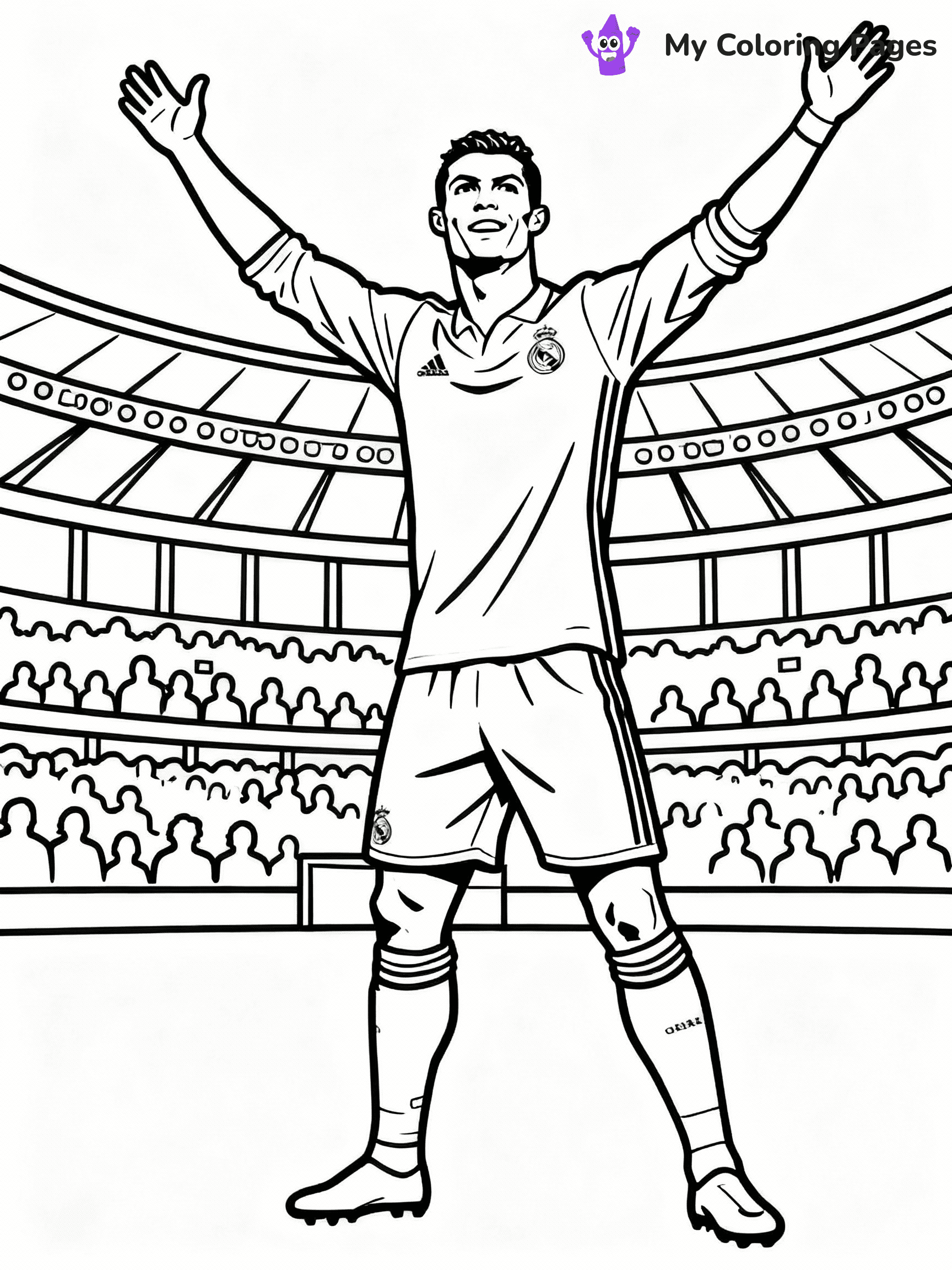 ⚠️ CRITICAL REQUIREMENT - ABSOLUTE BLACK AND WHITE ONLY ⚠️
This MUST be a BLACK AND WHITE line drawing ONLY. NO COLORS whatsoever.
- ONLY pure black lines (#000000) on pure white background (#FFFFFF)
- ABSOLUTELY NO colors, NO shading, NO gradients, NO grayscale
- If there are ANY colors in the output, the image is REJECTED
- This is a COLORING PAGE - meant to be COLORED IN by children
- The output must be UNCOLORED line art ready for coloring
⚠️ SUBJECT TO DRAW: Real Madrid Ronaldo celebrating a goal, arms raised, dynamic pose, stadium background, outline style
(REMEMBER: Output must be BLACK AND WHITE line art only, NOT colored!)
# COLORING PAGE: BLACK OUTLINES ONLY - WHITE BACKGROUND MANDATORY
Create a **coloring book page** using EXACTLY two values: black lines, white space.
## NON-NEGOTIABLE BINARY RULES
- **ONLY #000000 (black) and #FFFFFF (white)** - NO other values exist
- **EVERY PIXEL = BLACK OR WHITE** - no gray/shading/antialiasing
- **WHITE BACKGROUND MANDATORY** - entire canvas stays white
- **ALL SHAPES HOLLOW** - everything is empty outlines waiting to be colored
- **FORBIDDEN:** fills, shading, gradients, patterns, textures, colors
- **NO SOLID REGIONS** - if it's not a thin line, it's wrong
## Universal Line Standards
- Black outlines ONLY - thin, uniform weight
- Every shape completely empty inside
- Closed contours suitable for coloring
- Simple flat illustration - zero depth/3D/realism
- **Style:** Whimsical Doodle Art Alley - rounded, friendly outlines (unless specified)
## Everything = Outline Only
- Characters/animals: hollow shapes
- Objects/clothing: empty contours
- Backgrounds/scenery: line work only
- Natural elements: outlined forms
- Dark/night areas: don't exist (use outlined symbols)
- Textures/patterns: convert to simple lines
## The Test
Can a child color EVERY white space with crayons? If any area is pre-filled/shaded/gray or colored in, it FAILS. Every shape must be waiting to receive color.
**FINAL OUTPUT**: Binary coloring page. Black lines define shapes. White spaces ready for coloring. Nothing else exists. No exceptions. Print-ready.
⚠️ FINAL REMINDER: Draw the subject "Real Madrid Ronaldo celebrating a goal, arms raised, dynamic pose, stadium background, outline style" as BLACK AND WHITE line art. Zero colors in output.