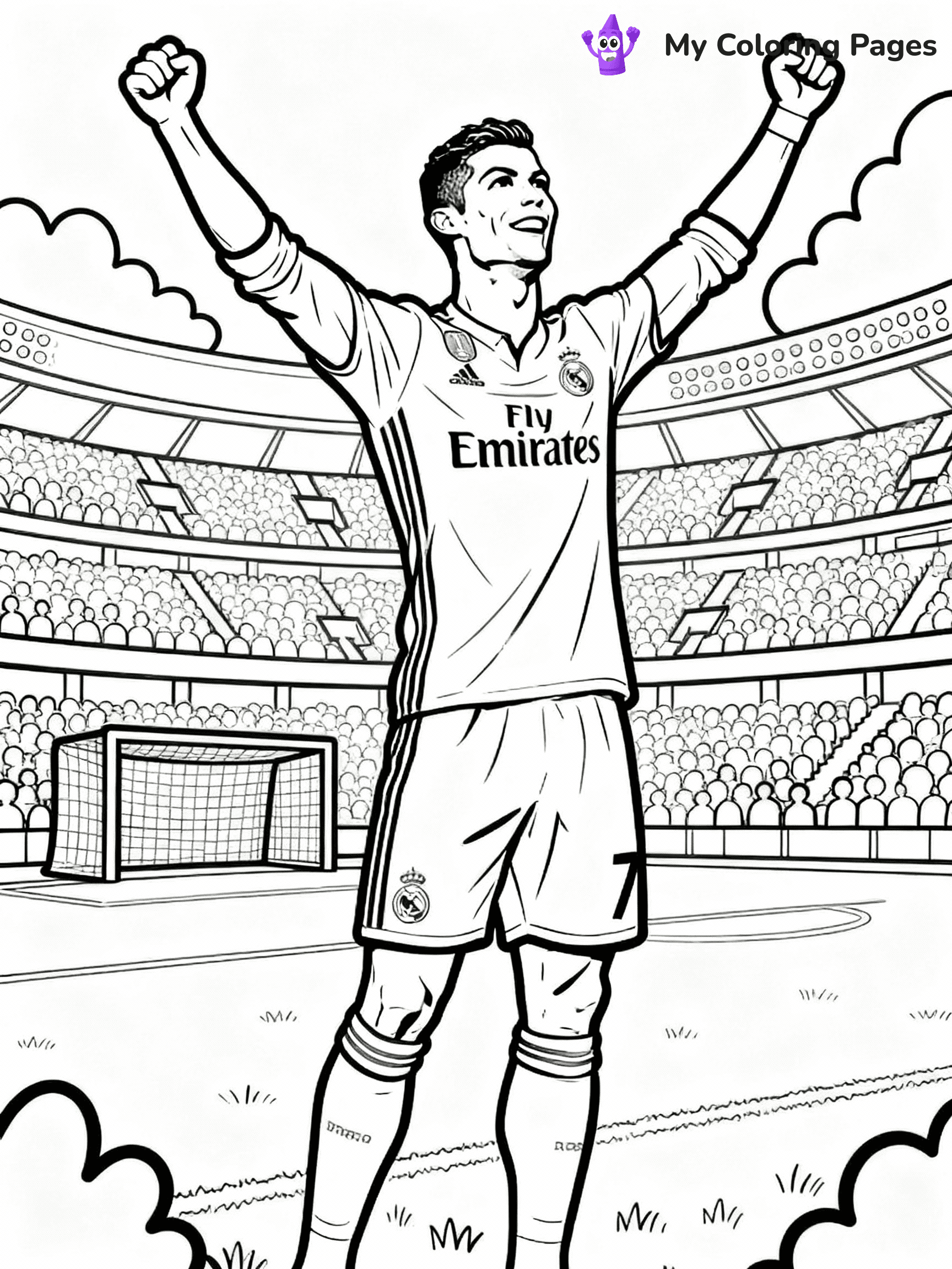 ⚠️ CRITICAL REQUIREMENT - ABSOLUTE BLACK AND WHITE ONLY ⚠️
This MUST be a BLACK AND WHITE line drawing ONLY. NO COLORS whatsoever.
- ONLY pure black lines (#000000) on pure white background (#FFFFFF)
- ABSOLUTELY NO colors, NO shading, NO gradients, NO grayscale
- If there are ANY colors in the output, the image is REJECTED
- This is a COLORING PAGE - meant to be COLORED IN by children
- The output must be UNCOLORED line art ready for coloring
⚠️ SUBJECT TO DRAW: Real Madrid Ronaldo celebrating a goal, arms raised, dynamic pose, stadium background, outline style
(REMEMBER: Output must be BLACK AND WHITE line art only, NOT colored!)
# COLORING PAGE: BLACK OUTLINES ONLY - WHITE BACKGROUND MANDATORY
Create a **coloring book page** using EXACTLY two values: black lines, white space.
## NON-NEGOTIABLE BINARY RULES
- **ONLY #000000 (black) and #FFFFFF (white)** - NO other values exist
- **EVERY PIXEL = BLACK OR WHITE** - no gray/shading/antialiasing
- **WHITE BACKGROUND MANDATORY** - entire canvas stays white
- **ALL SHAPES HOLLOW** - everything is empty outlines waiting to be colored
- **FORBIDDEN:** fills, shading, gradients, patterns, textures, colors
- **NO SOLID REGIONS** - if it's not a thin line, it's wrong
## Universal Line Standards
- Black outlines ONLY - thin, uniform weight
- Every shape completely empty inside
- Closed contours suitable for coloring
- Simple flat illustration - zero depth/3D/realism
- **Style:** Whimsical Doodle Art Alley - rounded, friendly outlines (unless specified)
## Everything = Outline Only
- Characters/animals: hollow shapes
- Objects/clothing: empty contours
- Backgrounds/scenery: line work only
- Natural elements: outlined forms
- Dark/night areas: don't exist (use outlined symbols)
- Textures/patterns: convert to simple lines
## The Test
Can a child color EVERY white space with crayons? If any area is pre-filled/shaded/gray or colored in, it FAILS. Every shape must be waiting to receive color.
**FINAL OUTPUT**: Binary coloring page. Black lines define shapes. White spaces ready for coloring. Nothing else exists. No exceptions. Print-ready.
⚠️ FINAL REMINDER: Draw the subject "Real Madrid Ronaldo celebrating a goal, arms raised, dynamic pose, stadium background, outline style" as BLACK AND WHITE line art. Zero colors in output.