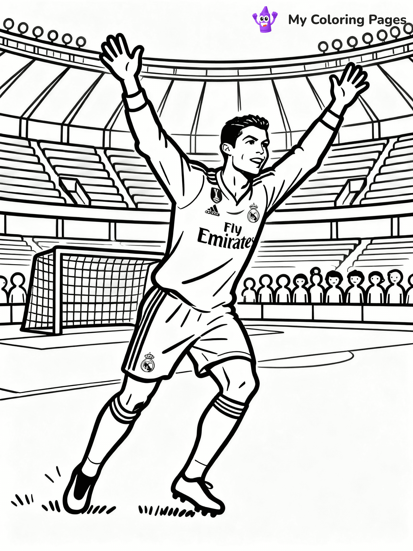 ⚠️ CRITICAL REQUIREMENT - ABSOLUTE BLACK AND WHITE ONLY ⚠️
This MUST be a BLACK AND WHITE line drawing ONLY. NO COLORS whatsoever.
- ONLY pure black lines (#000000) on pure white background (#FFFFFF)
- ABSOLUTELY NO colors, NO shading, NO gradients, NO grayscale
- If there are ANY colors in the output, the image is REJECTED
- This is a COLORING PAGE - meant to be COLORED IN by children
- The output must be UNCOLORED line art ready for coloring
⚠️ SUBJECT TO DRAW: Real Madrid Ronaldo celebrating a goal, arms raised, dynamic pose, stadium background, outline style
(REMEMBER: Output must be BLACK AND WHITE line art only, NOT colored!)
# COLORING PAGE: BLACK OUTLINES ONLY - WHITE BACKGROUND MANDATORY
Create a **coloring book page** using EXACTLY two values: black lines, white space.
## NON-NEGOTIABLE BINARY RULES
- **ONLY #000000 (black) and #FFFFFF (white)** - NO other values exist
- **EVERY PIXEL = BLACK OR WHITE** - no gray/shading/antialiasing
- **WHITE BACKGROUND MANDATORY** - entire canvas stays white
- **ALL SHAPES HOLLOW** - everything is empty outlines waiting to be colored
- **FORBIDDEN:** fills, shading, gradients, patterns, textures, colors
- **NO SOLID REGIONS** - if it's not a thin line, it's wrong
## Universal Line Standards
- Black outlines ONLY - thin, uniform weight
- Every shape completely empty inside
- Closed contours suitable for coloring
- Simple flat illustration - zero depth/3D/realism
- **Style:** Whimsical Doodle Art Alley - rounded, friendly outlines (unless specified)
## Everything = Outline Only
- Characters/animals: hollow shapes
- Objects/clothing: empty contours
- Backgrounds/scenery: line work only
- Natural elements: outlined forms
- Dark/night areas: don't exist (use outlined symbols)
- Textures/patterns: convert to simple lines
## The Test
Can a child color EVERY white space with crayons? If any area is pre-filled/shaded/gray or colored in, it FAILS. Every shape must be waiting to receive color.
**FINAL OUTPUT**: Binary coloring page. Black lines define shapes. White spaces ready for coloring. Nothing else exists. No exceptions. Print-ready.
⚠️ FINAL REMINDER: Draw the subject "Real Madrid Ronaldo celebrating a goal, arms raised, dynamic pose, stadium background, outline style" as BLACK AND WHITE line art. Zero colors in output.