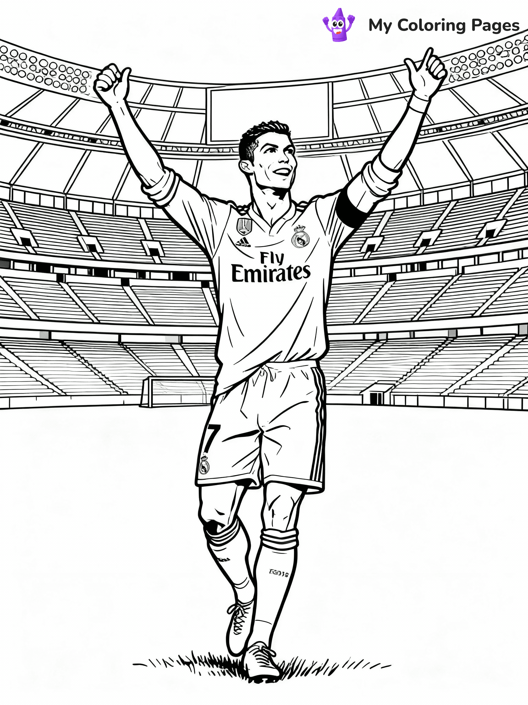 ⚠️ CRITICAL REQUIREMENT - ABSOLUTE BLACK AND WHITE ONLY ⚠️
This MUST be a BLACK AND WHITE line drawing ONLY. NO COLORS whatsoever.
- ONLY pure black lines (#000000) on pure white background (#FFFFFF)
- ABSOLUTELY NO colors, NO shading, NO gradients, NO grayscale
- If there are ANY colors in the output, the image is REJECTED
- This is a COLORING PAGE - meant to be COLORED IN by children
- The output must be UNCOLORED line art ready for coloring
⚠️ SUBJECT TO DRAW: Real Madrid Ronaldo celebrating a goal, arms raised, dynamic pose, stadium background, outline style
(REMEMBER: Output must be BLACK AND WHITE line art only, NOT colored!)
# COLORING PAGE: BLACK OUTLINES ONLY - WHITE BACKGROUND MANDATORY
Create a **coloring book page** using EXACTLY two values: black lines, white space.
## NON-NEGOTIABLE BINARY RULES
- **ONLY #000000 (black) and #FFFFFF (white)** - NO other values exist
- **EVERY PIXEL = BLACK OR WHITE** - no gray/shading/antialiasing
- **WHITE BACKGROUND MANDATORY** - entire canvas stays white
- **ALL SHAPES HOLLOW** - everything is empty outlines waiting to be colored
- **FORBIDDEN:** fills, shading, gradients, patterns, textures, colors
- **NO SOLID REGIONS** - if it's not a thin line, it's wrong
## Universal Line Standards
- Black outlines ONLY - thin, uniform weight
- Every shape completely empty inside
- Closed contours suitable for coloring
- Simple flat illustration - zero depth/3D/realism
- **Style:** Whimsical Doodle Art Alley - rounded, friendly outlines (unless specified)
## Everything = Outline Only
- Characters/animals: hollow shapes
- Objects/clothing: empty contours
- Backgrounds/scenery: line work only
- Natural elements: outlined forms
- Dark/night areas: don't exist (use outlined symbols)
- Textures/patterns: convert to simple lines
## The Test
Can a child color EVERY white space with crayons? If any area is pre-filled/shaded/gray or colored in, it FAILS. Every shape must be waiting to receive color.
**FINAL OUTPUT**: Binary coloring page. Black lines define shapes. White spaces ready for coloring. Nothing else exists. No exceptions. Print-ready.
⚠️ FINAL REMINDER: Draw the subject "Real Madrid Ronaldo celebrating a goal, arms raised, dynamic pose, stadium background, outline style" as BLACK AND WHITE line art. Zero colors in output.