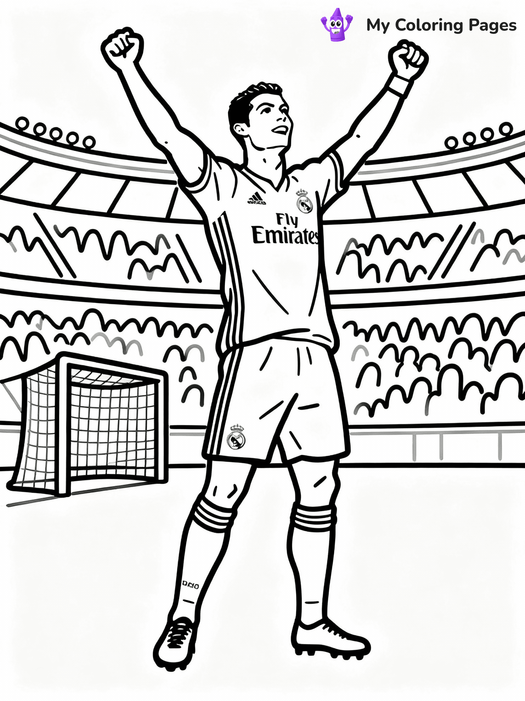 ⚠️ CRITICAL REQUIREMENT - ABSOLUTE BLACK AND WHITE ONLY ⚠️
This MUST be a BLACK AND WHITE line drawing ONLY. NO COLORS whatsoever.
- ONLY pure black lines (#000000) on pure white background (#FFFFFF)
- ABSOLUTELY NO colors, NO shading, NO gradients, NO grayscale
- If there are ANY colors in the output, the image is REJECTED
- This is a COLORING PAGE - meant to be COLORED IN by children
- The output must be UNCOLORED line art ready for coloring
⚠️ SUBJECT TO DRAW: Real Madrid Ronaldo celebrating a goal, arms raised, dynamic pose, stadium background, outline style
(REMEMBER: Output must be BLACK AND WHITE line art only, NOT colored!)
# COLORING PAGE: BLACK OUTLINES ONLY - WHITE BACKGROUND MANDATORY
Create a **coloring book page** using EXACTLY two values: black lines, white space.
## NON-NEGOTIABLE BINARY RULES
- **ONLY #000000 (black) and #FFFFFF (white)** - NO other values exist
- **EVERY PIXEL = BLACK OR WHITE** - no gray/shading/antialiasing
- **WHITE BACKGROUND MANDATORY** - entire canvas stays white
- **ALL SHAPES HOLLOW** - everything is empty outlines waiting to be colored
- **FORBIDDEN:** fills, shading, gradients, patterns, textures, colors
- **NO SOLID REGIONS** - if it's not a thin line, it's wrong
## Universal Line Standards
- Black outlines ONLY - thin, uniform weight
- Every shape completely empty inside
- Closed contours suitable for coloring
- Simple flat illustration - zero depth/3D/realism
- **Style:** Whimsical Doodle Art Alley - rounded, friendly outlines (unless specified)
## Everything = Outline Only
- Characters/animals: hollow shapes
- Objects/clothing: empty contours
- Backgrounds/scenery: line work only
- Natural elements: outlined forms
- Dark/night areas: don't exist (use outlined symbols)
- Textures/patterns: convert to simple lines
## The Test
Can a child color EVERY white space with crayons? If any area is pre-filled/shaded/gray or colored in, it FAILS. Every shape must be waiting to receive color.
**FINAL OUTPUT**: Binary coloring page. Black lines define shapes. White spaces ready for coloring. Nothing else exists. No exceptions. Print-ready.
⚠️ FINAL REMINDER: Draw the subject "Real Madrid Ronaldo celebrating a goal, arms raised, dynamic pose, stadium background, outline style" as BLACK AND WHITE line art. Zero colors in output.