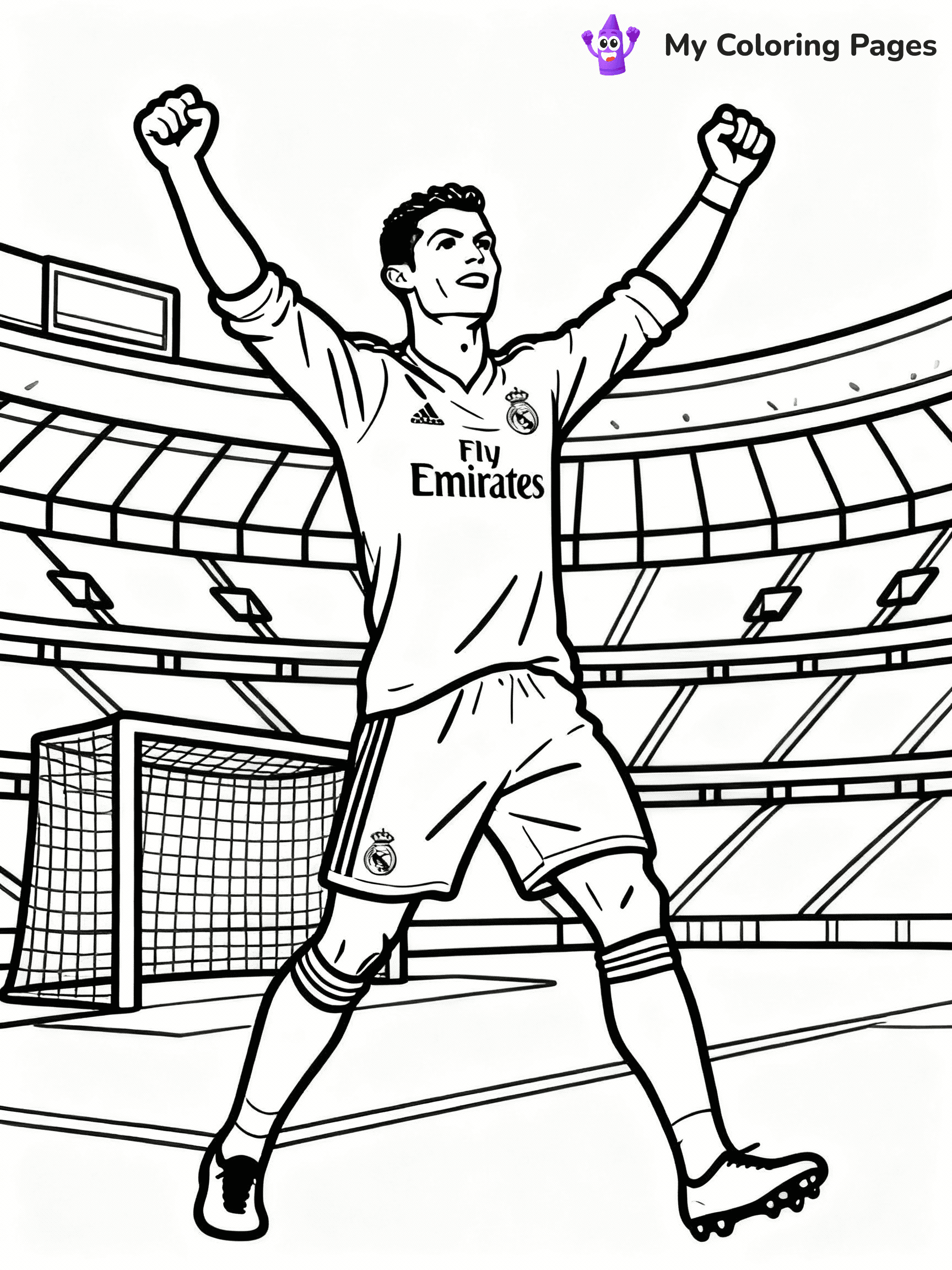 ⚠️ CRITICAL REQUIREMENT - ABSOLUTE BLACK AND WHITE ONLY ⚠️
This MUST be a BLACK AND WHITE line drawing ONLY. NO COLORS whatsoever.
- ONLY pure black lines (#000000) on pure white background (#FFFFFF)
- ABSOLUTELY NO colors, NO shading, NO gradients, NO grayscale
- If there are ANY colors in the output, the image is REJECTED
- This is a COLORING PAGE - meant to be COLORED IN by children
- The output must be UNCOLORED line art ready for coloring
⚠️ SUBJECT TO DRAW: Real Madrid Ronaldo celebrating a goal, arms raised, dynamic pose, stadium background, outline style
(REMEMBER: Output must be BLACK AND WHITE line art only, NOT colored!)
# COLORING PAGE: BLACK OUTLINES ONLY - WHITE BACKGROUND MANDATORY
Create a **coloring book page** using EXACTLY two values: black lines, white space.
## NON-NEGOTIABLE BINARY RULES
- **ONLY #000000 (black) and #FFFFFF (white)** - NO other values exist
- **EVERY PIXEL = BLACK OR WHITE** - no gray/shading/antialiasing
- **WHITE BACKGROUND MANDATORY** - entire canvas stays white
- **ALL SHAPES HOLLOW** - everything is empty outlines waiting to be colored
- **FORBIDDEN:** fills, shading, gradients, patterns, textures, colors
- **NO SOLID REGIONS** - if it's not a thin line, it's wrong
## Universal Line Standards
- Black outlines ONLY - thin, uniform weight
- Every shape completely empty inside
- Closed contours suitable for coloring
- Simple flat illustration - zero depth/3D/realism
- **Style:** Whimsical Doodle Art Alley - rounded, friendly outlines (unless specified)
## Everything = Outline Only
- Characters/animals: hollow shapes
- Objects/clothing: empty contours
- Backgrounds/scenery: line work only
- Natural elements: outlined forms
- Dark/night areas: don't exist (use outlined symbols)
- Textures/patterns: convert to simple lines
## The Test
Can a child color EVERY white space with crayons? If any area is pre-filled/shaded/gray or colored in, it FAILS. Every shape must be waiting to receive color.
**FINAL OUTPUT**: Binary coloring page. Black lines define shapes. White spaces ready for coloring. Nothing else exists. No exceptions. Print-ready.
⚠️ FINAL REMINDER: Draw the subject "Real Madrid Ronaldo celebrating a goal, arms raised, dynamic pose, stadium background, outline style" as BLACK AND WHITE line art. Zero colors in output.