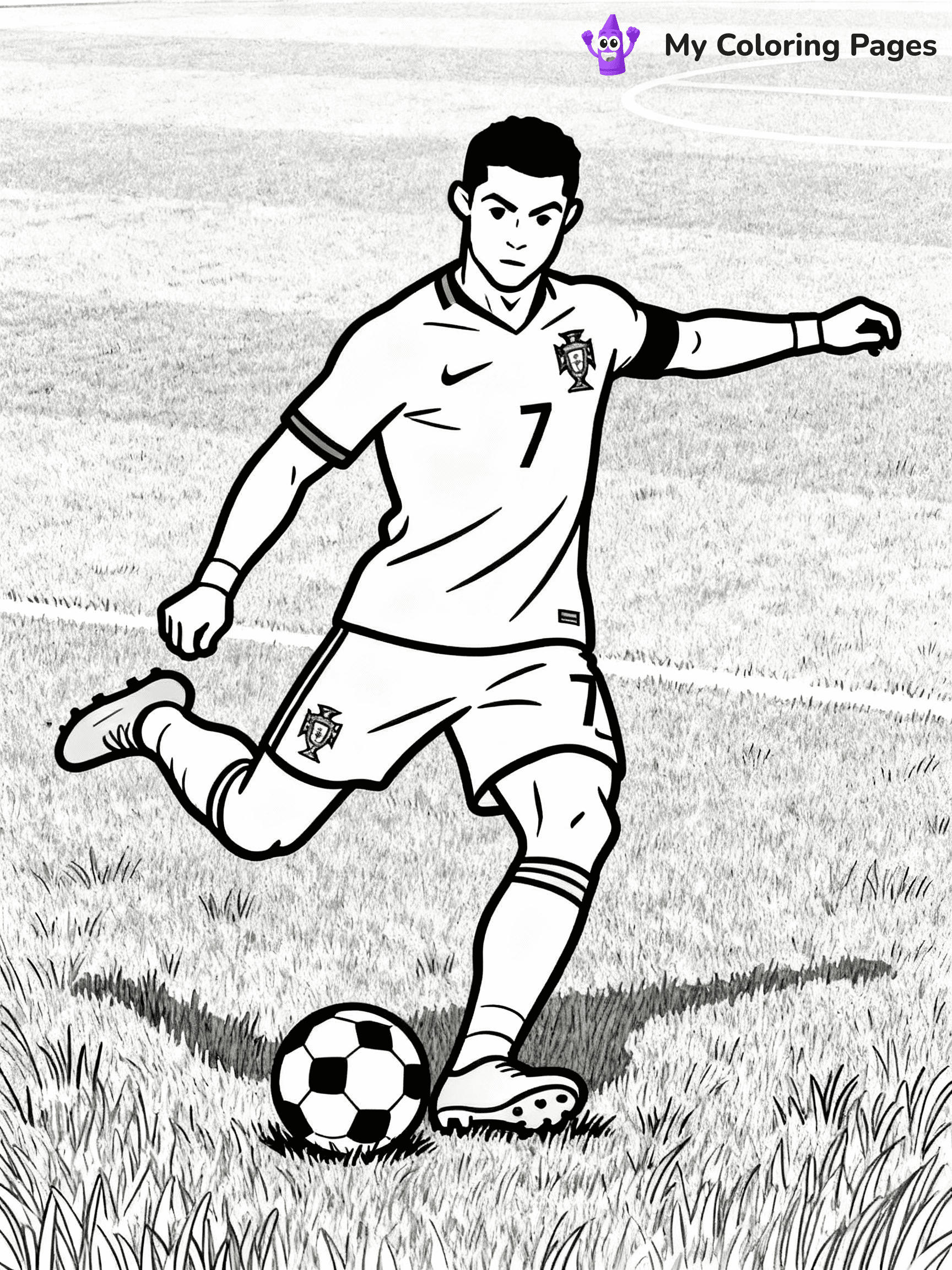 ⚠️ CRITICAL REQUIREMENT - ABSOLUTE BLACK AND WHITE ONLY ⚠️
This MUST be a BLACK AND WHITE line drawing ONLY. NO COLORS whatsoever.
- ONLY pure black lines (#000000) on pure white background (#FFFFFF)
- ABSOLUTELY NO colors, NO shading, NO gradients, NO grayscale
- If there are ANY colors in the output, the image is REJECTED
- This is a COLORING PAGE - meant to be COLORED IN by children
- The output must be UNCOLORED line art ready for coloring
⚠️ SUBJECT TO DRAW: Portugal International Team Ronaldo taking a penalty, intense concentration, grass field, outline style
(REMEMBER: Output must be BLACK AND WHITE line art only, NOT colored!)
# COLORING PAGE: BLACK OUTLINES ONLY - WHITE BACKGROUND MANDATORY
Create a **coloring book page** using EXACTLY two values: black lines, white space.
## NON-NEGOTIABLE BINARY RULES
- **ONLY #000000 (black) and #FFFFFF (white)** - NO other values exist
- **EVERY PIXEL = BLACK OR WHITE** - no gray/shading/antialiasing
- **WHITE BACKGROUND MANDATORY** - entire canvas stays white
- **ALL SHAPES HOLLOW** - everything is empty outlines waiting to be colored
- **FORBIDDEN:** fills, shading, gradients, patterns, textures, colors
- **NO SOLID REGIONS** - if it's not a thin line, it's wrong
## Universal Line Standards
- Black outlines ONLY - thin, uniform weight
- Every shape completely empty inside
- Closed contours suitable for coloring
- Simple flat illustration - zero depth/3D/realism
- **Style:** Whimsical Doodle Art Alley - rounded, friendly outlines (unless specified)
## Everything = Outline Only
- Characters/animals: hollow shapes
- Objects/clothing: empty contours
- Backgrounds/scenery: line work only
- Natural elements: outlined forms
- Dark/night areas: don't exist (use outlined symbols)
- Textures/patterns: convert to simple lines
## The Test
Can a child color EVERY white space with crayons? If any area is pre-filled/shaded/gray or colored in, it FAILS. Every shape must be waiting to receive color.
**FINAL OUTPUT**: Binary coloring page. Black lines define shapes. White spaces ready for coloring. Nothing else exists. No exceptions. Print-ready.
⚠️ FINAL REMINDER: Draw the subject "Portugal International Team Ronaldo taking a penalty, intense concentration, grass field, outline style" as BLACK AND WHITE line art. Zero colors in output.