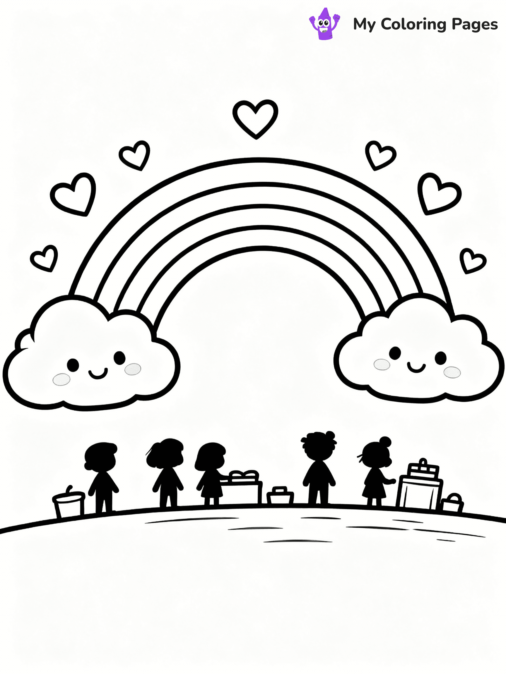 ⚠️ CRITICAL REQUIREMENT - ABSOLUTE BLACK AND WHITE ONLY ⚠️
This MUST be a BLACK AND WHITE line drawing ONLY. NO COLORS whatsoever.
- ONLY pure black lines (#000000) on pure white background (#FFFFFF)
- ABSOLUTELY NO colors, NO shading, NO gradients, NO grayscale
- If there are ANY colors in the output, the image is REJECTED
- This is a COLORING PAGE - meant to be COLORED IN by children
- The output must be UNCOLORED line art ready for coloring
⚠️ SUBJECT TO DRAW: Kawaii-themed rainbow arch with smiling clouds, hearts floating above. Important: PURE OUTLINES. NO FILLS, COLOR, SHADING, OR GREYSCALE. WHITE BACKGROUND.
(REMEMBER: Output must be BLACK AND WHITE line art only, NOT colored!)
# Flat, Friendly Cartoon Line-Art Coloring Page
You are generating a **pure black-and-white binary image** of a child-friendly cartoon scene combining characters and background scenery in one cohesive composition.
## Rendering Rules (Strict)
- Only two colors: pure black (#000000) outlines and pure white (#FFFFFF) background.
- No grayscale, shading, gradients, tints, fills, transparency, or partial pixels.
- No antialiasing or blended edges; every pixel is 100% black or white.
- No solid black fills inside shapes — all areas inside outlines must remain white.
- No dark clothing areas or filled tone blocks; all garments outlined only.
- No shadows, textures, lighting, or tonal variations.
- Must look like flat binary vector line-art for coloring pages.
## Drawing & Composition
- **Medium, consistent line weight**; clean closed outlines easy to color inside.
- **Flat, simple, child-friendly design** — no realism or 3D depth.
- Characters are **grounded on a surface**, centered and large.
- **Balanced composition** with clear silhouettes and minimal props.
## Scenery & Style
- Landmarks (e.g., mosque, CN Tower) and scenery (trees, benches, waves) drawn with **black outlines only.**
- For real-world figures, teams, or places, show accurate details using only black outlines—no text or logos. Use distinctive uniform patterns, abstract symbols, and landmark silhouettes to convey identity.
- Keep **consistent perspective**; no floating elements.
- **Style:** whimsical **Doodle Art Alley** — rounded, friendly outlines.
- May adapt shapes from **Crayola, Disney, Peppa Pig, Cocomelon** — *by shape only, never color.*
- Final output: **flat, crisp, binary (#000000/#FFFFFF)**, **no filled color or background text.**
EXTREMELYE IMPORTANT:
- PURE BINARY LINE-ART; NO FILLS (HAIR/CLOTHES/SKIN), SHADING, OR GREY.
- NO SHADING, COLOR. MUST BE WHITE BACKGROUND.
⚠️ FINAL REMINDER: Draw the subject "Kawaii-themed rainbow arch with smiling clouds, hearts floating above. Important: PURE OUTLINES. NO FILLS, COLOR, SHADING, OR GREYSCALE. WHITE BACKGROUND." as BLACK AND WHITE line art. Zero colors in output.