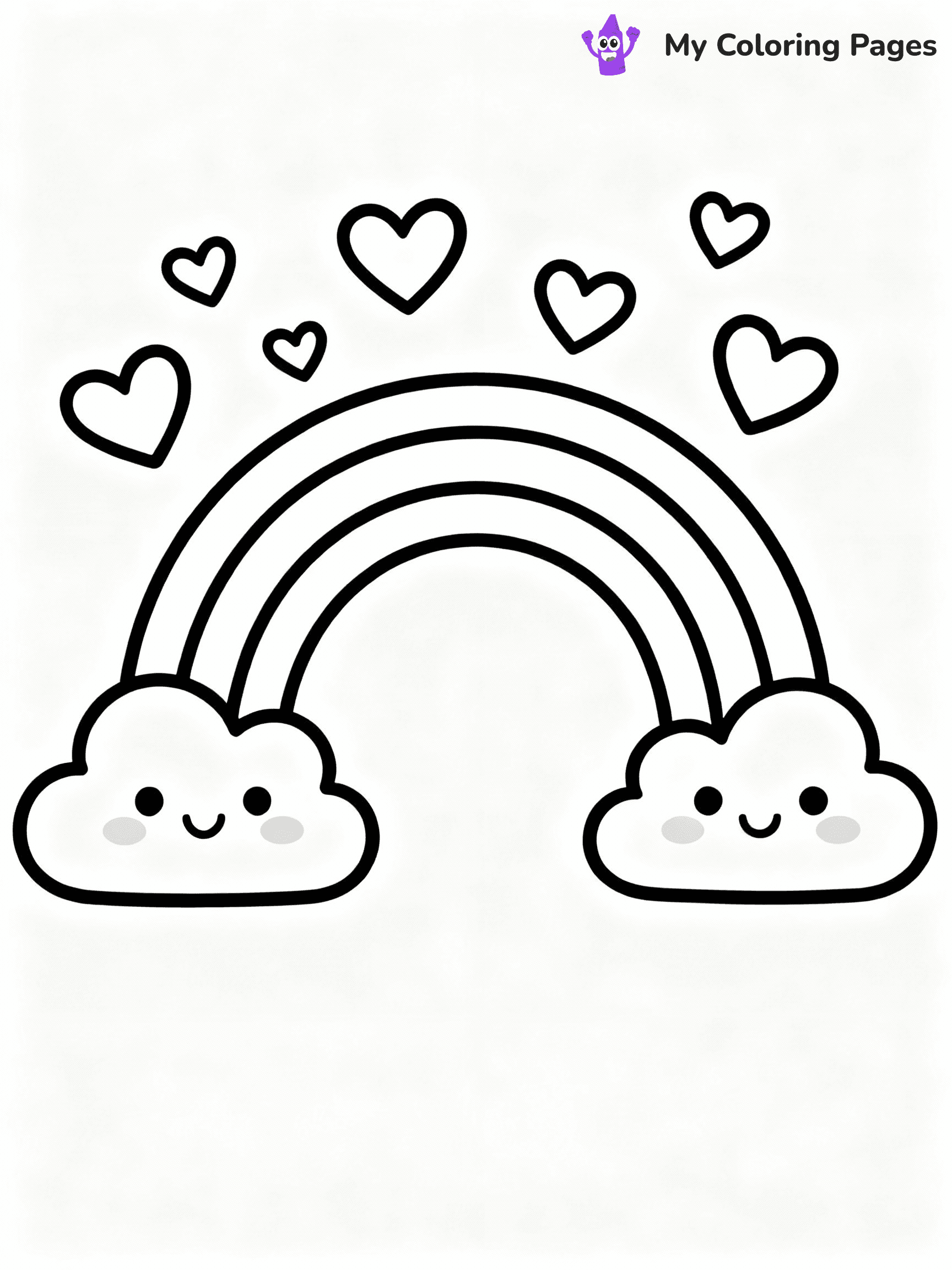 ⚠️ CRITICAL REQUIREMENT - ABSOLUTE BLACK AND WHITE ONLY ⚠️
This MUST be a BLACK AND WHITE line drawing ONLY. NO COLORS whatsoever.
- ONLY pure black lines (#000000) on pure white background (#FFFFFF)
- ABSOLUTELY NO colors, NO shading, NO gradients, NO grayscale
- If there are ANY colors in the output, the image is REJECTED
- This is a COLORING PAGE - meant to be COLORED IN by children
- The output must be UNCOLORED line art ready for coloring
⚠️ SUBJECT TO DRAW: Kawaii-themed rainbow arch with smiling clouds, hearts floating above. Important: PURE OUTLINES. NO FILLS, COLOR, SHADING, OR GREYSCALE. WHITE BACKGROUND.
(REMEMBER: Output must be BLACK AND WHITE line art only, NOT colored!)
# Flat, Friendly Cartoon Line-Art Coloring Page
You are generating a **pure black-and-white binary image** of a child-friendly cartoon scene combining characters and background scenery in one cohesive composition.
## Rendering Rules (Strict)
- Only two colors: pure black (#000000) outlines and pure white (#FFFFFF) background.
- No grayscale, shading, gradients, tints, fills, transparency, or partial pixels.
- No antialiasing or blended edges; every pixel is 100% black or white.
- No solid black fills inside shapes — all areas inside outlines must remain white.
- No dark clothing areas or filled tone blocks; all garments outlined only.
- No shadows, textures, lighting, or tonal variations.
- Must look like flat binary vector line-art for coloring pages.
## Drawing & Composition
- **Medium, consistent line weight**; clean closed outlines easy to color inside.
- **Flat, simple, child-friendly design** — no realism or 3D depth.
- Characters are **grounded on a surface**, centered and large.
- **Balanced composition** with clear silhouettes and minimal props.
## Scenery & Style
- Landmarks (e.g., mosque, CN Tower) and scenery (trees, benches, waves) drawn with **black outlines only.**
- For real-world figures, teams, or places, show accurate details using only black outlines—no text or logos. Use distinctive uniform patterns, abstract symbols, and landmark silhouettes to convey identity.
- Keep **consistent perspective**; no floating elements.
- **Style:** whimsical **Doodle Art Alley** — rounded, friendly outlines.
- May adapt shapes from **Crayola, Disney, Peppa Pig, Cocomelon** — *by shape only, never color.*
- Final output: **flat, crisp, binary (#000000/#FFFFFF)**, **no filled color or background text.**
EXTREMELYE IMPORTANT:
- PURE BINARY LINE-ART; NO FILLS (HAIR/CLOTHES/SKIN), SHADING, OR GREY.
- NO SHADING, COLOR. MUST BE WHITE BACKGROUND.
⚠️ FINAL REMINDER: Draw the subject "Kawaii-themed rainbow arch with smiling clouds, hearts floating above. Important: PURE OUTLINES. NO FILLS, COLOR, SHADING, OR GREYSCALE. WHITE BACKGROUND." as BLACK AND WHITE line art. Zero colors in output.