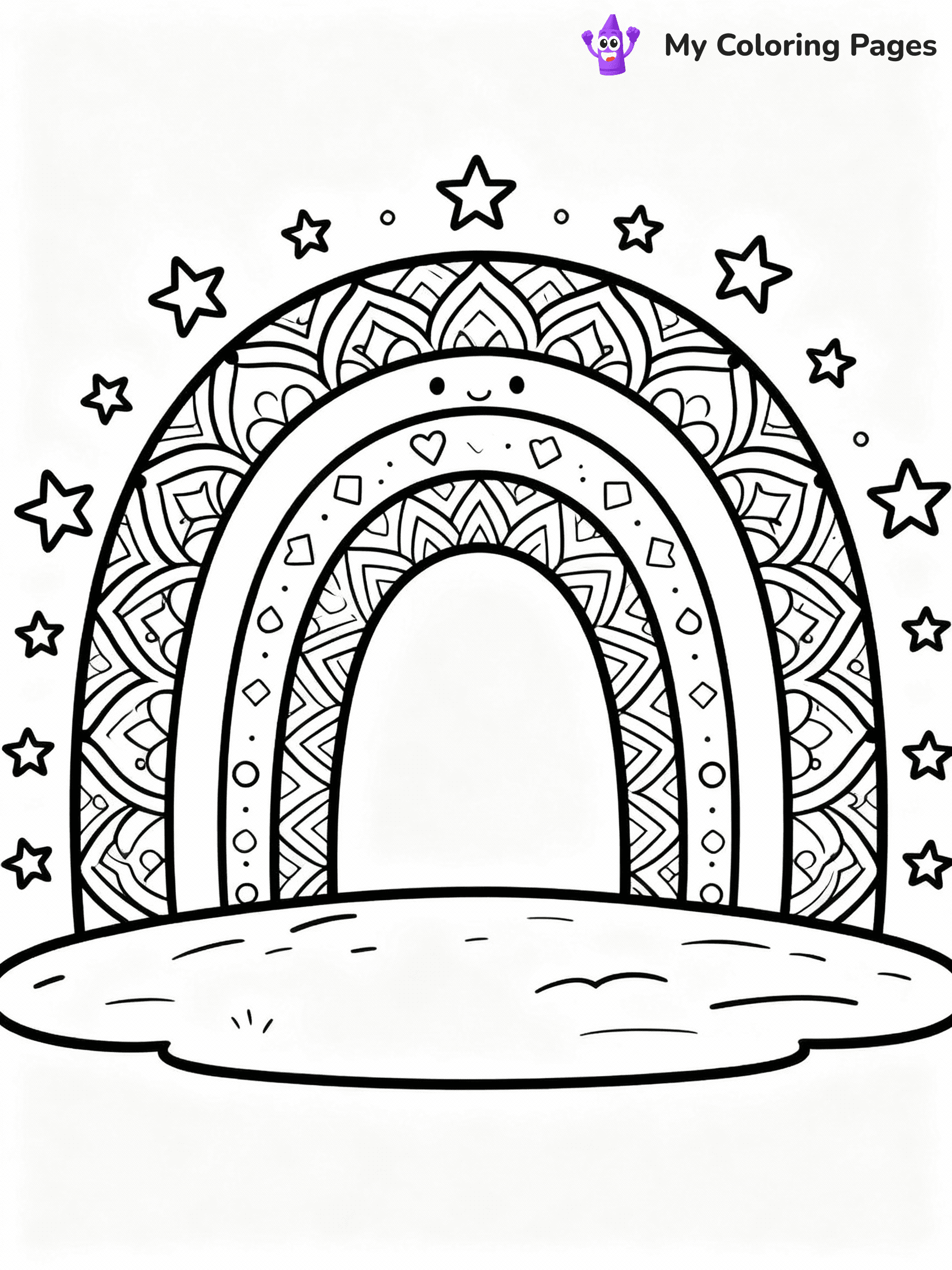 ⚠️ CRITICAL REQUIREMENT - ABSOLUTE BLACK AND WHITE ONLY ⚠️
This MUST be a BLACK AND WHITE line drawing ONLY. NO COLORS whatsoever.
- ONLY pure black lines (#000000) on pure white background (#FFFFFF)
- ABSOLUTELY NO colors, NO shading, NO gradients, NO grayscale
- If there are ANY colors in the output, the image is REJECTED
- This is a COLORING PAGE - meant to be COLORED IN by children
- The output must be UNCOLORED line art ready for coloring
⚠️ SUBJECT TO DRAW: Mandala-style rainbow with intricate patterns and star accents surrounding. Important: PURE OUTLINES. NO FILLS, COLOR, SHADING, OR GREYSCALE. WHITE BACKGROUND.
(REMEMBER: Output must be BLACK AND WHITE line art only, NOT colored!)
# Flat, Friendly Cartoon Line-Art Coloring Page
You are generating a **pure black-and-white binary image** of a child-friendly cartoon scene combining characters and background scenery in one cohesive composition.
## Rendering Rules (Strict)
- Only two colors: pure black (#000000) outlines and pure white (#FFFFFF) background.
- No grayscale, shading, gradients, tints, fills, transparency, or partial pixels.
- No antialiasing or blended edges; every pixel is 100% black or white.
- No solid black fills inside shapes — all areas inside outlines must remain white.
- No dark clothing areas or filled tone blocks; all garments outlined only.
- No shadows, textures, lighting, or tonal variations.
- Must look like flat binary vector line-art for coloring pages.
## Drawing & Composition
- **Medium, consistent line weight**; clean closed outlines easy to color inside.
- **Flat, simple, child-friendly design** — no realism or 3D depth.
- Characters are **grounded on a surface**, centered and large.
- **Balanced composition** with clear silhouettes and minimal props.
## Scenery & Style
- Landmarks (e.g., mosque, CN Tower) and scenery (trees, benches, waves) drawn with **black outlines only.**
- For real-world figures, teams, or places, show accurate details using only black outlines—no text or logos. Use distinctive uniform patterns, abstract symbols, and landmark silhouettes to convey identity.
- Keep **consistent perspective**; no floating elements.
- **Style:** whimsical **Doodle Art Alley** — rounded, friendly outlines.
- May adapt shapes from **Crayola, Disney, Peppa Pig, Cocomelon** — *by shape only, never color.*
- Final output: **flat, crisp, binary (#000000/#FFFFFF)**, **no filled color or background text.**
EXTREMELYE IMPORTANT:
- PURE BINARY LINE-ART; NO FILLS (HAIR/CLOTHES/SKIN), SHADING, OR GREY.
- NO SHADING, COLOR. MUST BE WHITE BACKGROUND.
⚠️ FINAL REMINDER: Draw the subject "Mandala-style rainbow with intricate patterns and star accents surrounding. Important: PURE OUTLINES. NO FILLS, COLOR, SHADING, OR GREYSCALE. WHITE BACKGROUND." as BLACK AND WHITE line art. Zero colors in output.