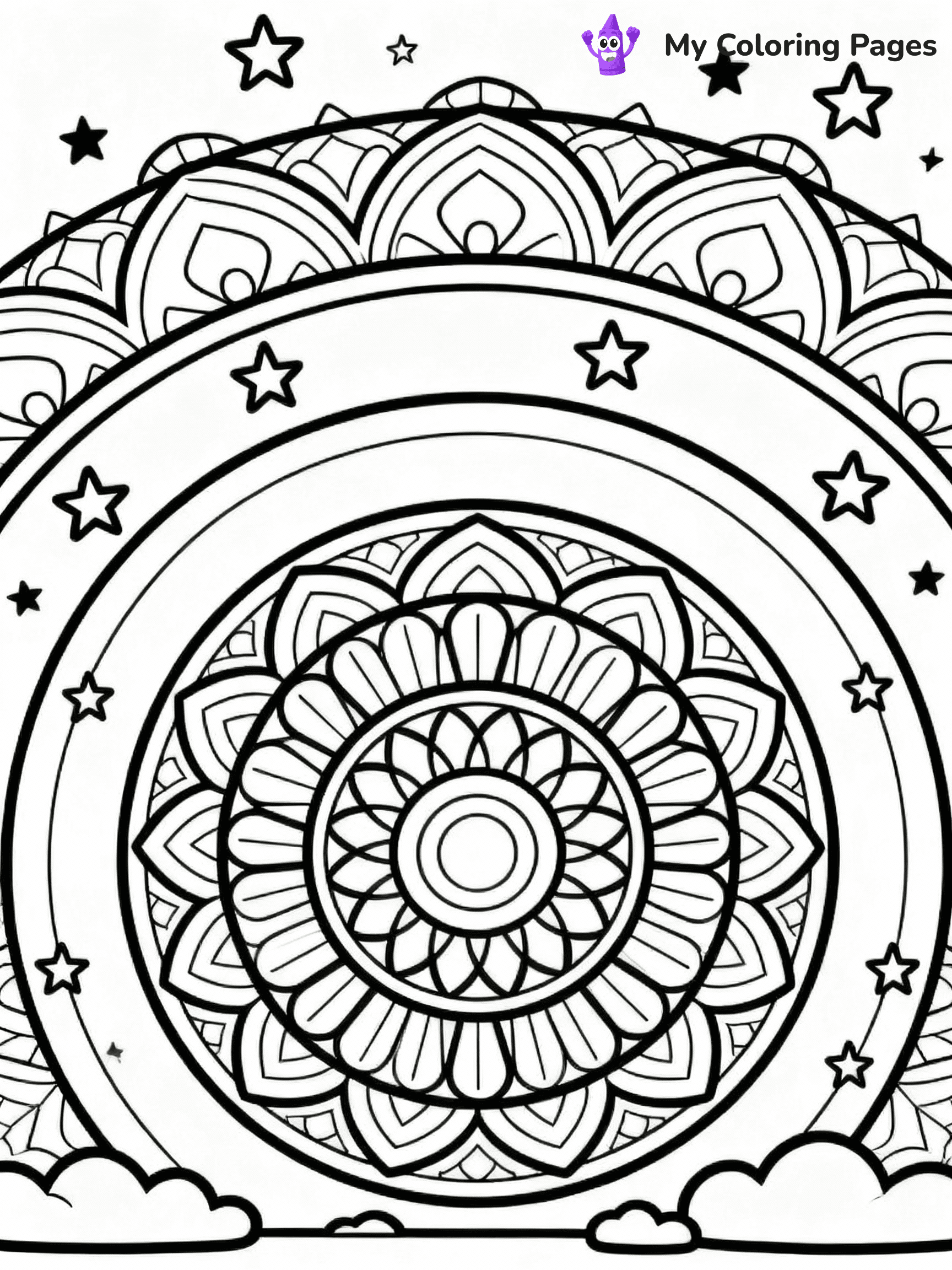 ⚠️ CRITICAL REQUIREMENT - ABSOLUTE BLACK AND WHITE ONLY ⚠️
This MUST be a BLACK AND WHITE line drawing ONLY. NO COLORS whatsoever.
- ONLY pure black lines (#000000) on pure white background (#FFFFFF)
- ABSOLUTELY NO colors, NO shading, NO gradients, NO grayscale
- If there are ANY colors in the output, the image is REJECTED
- This is a COLORING PAGE - meant to be COLORED IN by children
- The output must be UNCOLORED line art ready for coloring
⚠️ SUBJECT TO DRAW: Mandala-style rainbow with intricate patterns and star accents surrounding. Important: PURE OUTLINES. NO FILLS, COLOR, SHADING, OR GREYSCALE. WHITE BACKGROUND.
(REMEMBER: Output must be BLACK AND WHITE line art only, NOT colored!)
# Flat, Friendly Cartoon Line-Art Coloring Page
You are generating a **pure black-and-white binary image** of a child-friendly cartoon scene combining characters and background scenery in one cohesive composition.
## Rendering Rules (Strict)
- Only two colors: pure black (#000000) outlines and pure white (#FFFFFF) background.
- No grayscale, shading, gradients, tints, fills, transparency, or partial pixels.
- No antialiasing or blended edges; every pixel is 100% black or white.
- No solid black fills inside shapes — all areas inside outlines must remain white.
- No dark clothing areas or filled tone blocks; all garments outlined only.
- No shadows, textures, lighting, or tonal variations.
- Must look like flat binary vector line-art for coloring pages.
## Drawing & Composition
- **Medium, consistent line weight**; clean closed outlines easy to color inside.
- **Flat, simple, child-friendly design** — no realism or 3D depth.
- Characters are **grounded on a surface**, centered and large.
- **Balanced composition** with clear silhouettes and minimal props.
## Scenery & Style
- Landmarks (e.g., mosque, CN Tower) and scenery (trees, benches, waves) drawn with **black outlines only.**
- For real-world figures, teams, or places, show accurate details using only black outlines—no text or logos. Use distinctive uniform patterns, abstract symbols, and landmark silhouettes to convey identity.
- Keep **consistent perspective**; no floating elements.
- **Style:** whimsical **Doodle Art Alley** — rounded, friendly outlines.
- May adapt shapes from **Crayola, Disney, Peppa Pig, Cocomelon** — *by shape only, never color.*
- Final output: **flat, crisp, binary (#000000/#FFFFFF)**, **no filled color or background text.**
EXTREMELYE IMPORTANT:
- PURE BINARY LINE-ART; NO FILLS (HAIR/CLOTHES/SKIN), SHADING, OR GREY.
- NO SHADING, COLOR. MUST BE WHITE BACKGROUND.
⚠️ FINAL REMINDER: Draw the subject "Mandala-style rainbow with intricate patterns and star accents surrounding. Important: PURE OUTLINES. NO FILLS, COLOR, SHADING, OR GREYSCALE. WHITE BACKGROUND." as BLACK AND WHITE line art. Zero colors in output.