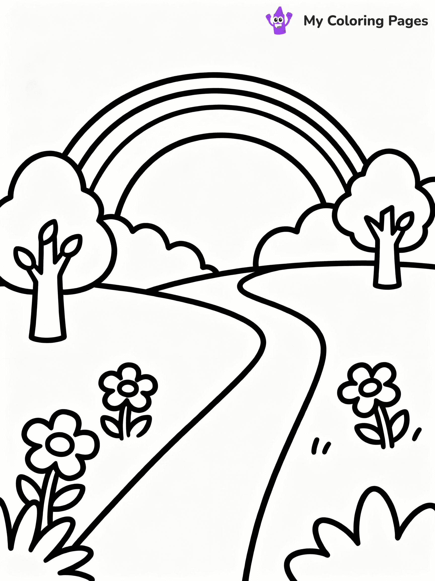 ⚠️ CRITICAL REQUIREMENT - ABSOLUTE BLACK AND WHITE ONLY ⚠️
This MUST be a BLACK AND WHITE line drawing ONLY. NO COLORS whatsoever.
- ONLY pure black lines (#000000) on pure white background (#FFFFFF)
- ABSOLUTELY NO colors, NO shading, NO gradients, NO grayscale
- If there are ANY colors in the output, the image is REJECTED
- This is a COLORING PAGE - meant to be COLORED IN by children
- The output must be UNCOLORED line art ready for coloring
⚠️ SUBJECT TO DRAW: Rainbow over a whimsical landscape, trees and flowers along the path. Important: PURE OUTLINES. NO FILLS, COLOR, SHADING, OR GREYSCALE. WHITE BACKGROUND.
(REMEMBER: Output must be BLACK AND WHITE line art only, NOT colored!)
# Flat, Friendly Cartoon Line-Art Coloring Page
You are generating a **pure black-and-white binary image** of a child-friendly cartoon scene combining characters and background scenery in one cohesive composition.
## Rendering Rules (Strict)
- Only two colors: pure black (#000000) outlines and pure white (#FFFFFF) background.
- No grayscale, shading, gradients, tints, fills, transparency, or partial pixels.
- No antialiasing or blended edges; every pixel is 100% black or white.
- No solid black fills inside shapes — all areas inside outlines must remain white.
- No dark clothing areas or filled tone blocks; all garments outlined only.
- No shadows, textures, lighting, or tonal variations.
- Must look like flat binary vector line-art for coloring pages.
## Drawing & Composition
- **Medium, consistent line weight**; clean closed outlines easy to color inside.
- **Flat, simple, child-friendly design** — no realism or 3D depth.
- Characters are **grounded on a surface**, centered and large.
- **Balanced composition** with clear silhouettes and minimal props.
## Scenery & Style
- Landmarks (e.g., mosque, CN Tower) and scenery (trees, benches, waves) drawn with **black outlines only.**
- For real-world figures, teams, or places, show accurate details using only black outlines—no text or logos. Use distinctive uniform patterns, abstract symbols, and landmark silhouettes to convey identity.
- Keep **consistent perspective**; no floating elements.
- **Style:** whimsical **Doodle Art Alley** — rounded, friendly outlines.
- May adapt shapes from **Crayola, Disney, Peppa Pig, Cocomelon** — *by shape only, never color.*
- Final output: **flat, crisp, binary (#000000/#FFFFFF)**, **no filled color or background text.**
EXTREMELYE IMPORTANT:
- PURE BINARY LINE-ART; NO FILLS (HAIR/CLOTHES/SKIN), SHADING, OR GREY.
- NO SHADING, COLOR. MUST BE WHITE BACKGROUND.
⚠️ FINAL REMINDER: Draw the subject "Rainbow over a whimsical landscape, trees and flowers along the path. Important: PURE OUTLINES. NO FILLS, COLOR, SHADING, OR GREYSCALE. WHITE BACKGROUND." as BLACK AND WHITE line art. Zero colors in output.