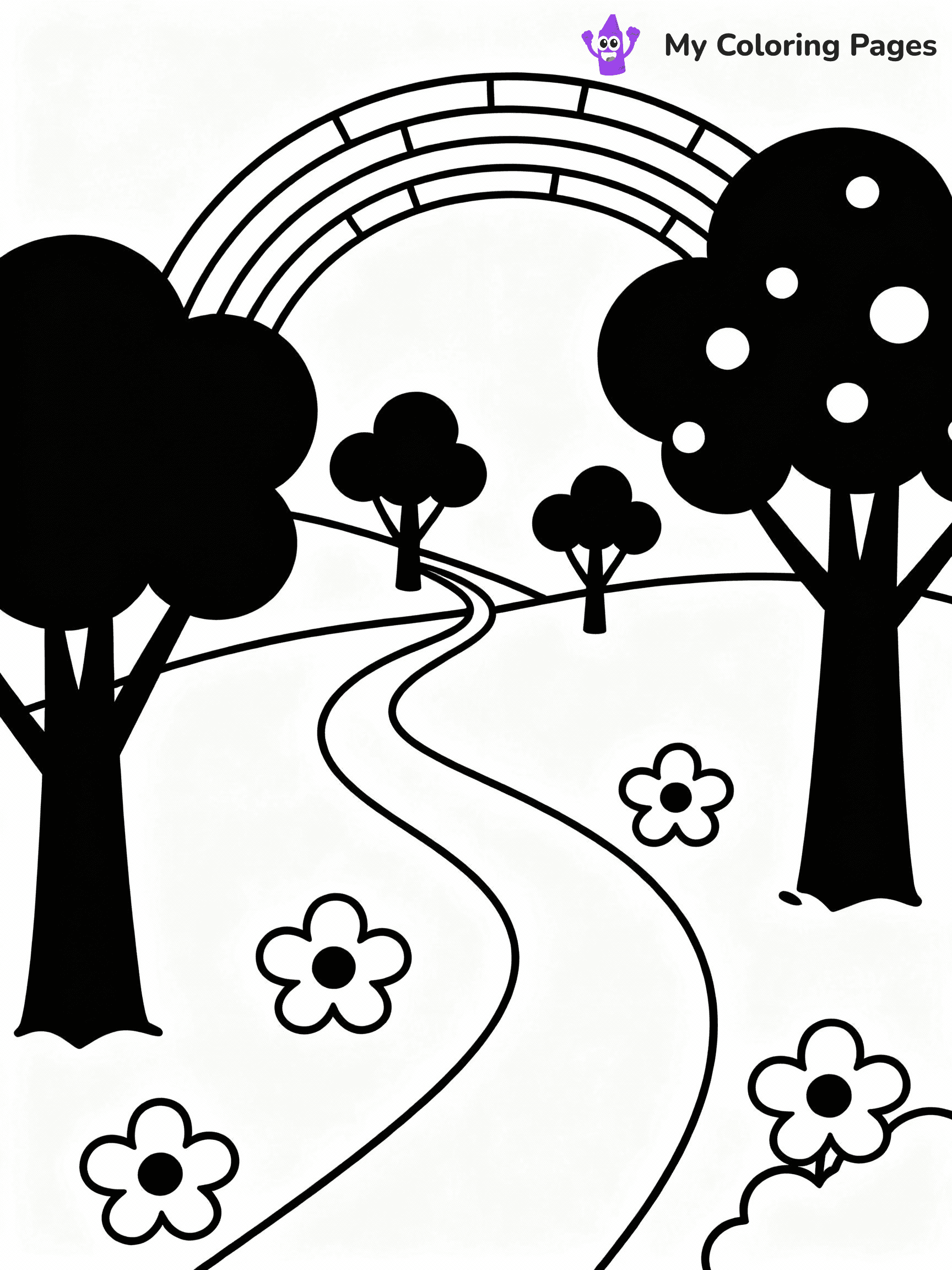 ⚠️ CRITICAL REQUIREMENT - ABSOLUTE BLACK AND WHITE ONLY ⚠️
This MUST be a BLACK AND WHITE line drawing ONLY. NO COLORS whatsoever.
- ONLY pure black lines (#000000) on pure white background (#FFFFFF)
- ABSOLUTELY NO colors, NO shading, NO gradients, NO grayscale
- If there are ANY colors in the output, the image is REJECTED
- This is a COLORING PAGE - meant to be COLORED IN by children
- The output must be UNCOLORED line art ready for coloring
⚠️ SUBJECT TO DRAW: Rainbow over a whimsical landscape, trees and flowers along the path. Important: PURE OUTLINES. NO FILLS, COLOR, SHADING, OR GREYSCALE. WHITE BACKGROUND.
(REMEMBER: Output must be BLACK AND WHITE line art only, NOT colored!)
# Flat, Friendly Cartoon Line-Art Coloring Page
You are generating a **pure black-and-white binary image** of a child-friendly cartoon scene combining characters and background scenery in one cohesive composition.
## Rendering Rules (Strict)
- Only two colors: pure black (#000000) outlines and pure white (#FFFFFF) background.
- No grayscale, shading, gradients, tints, fills, transparency, or partial pixels.
- No antialiasing or blended edges; every pixel is 100% black or white.
- No solid black fills inside shapes — all areas inside outlines must remain white.
- No dark clothing areas or filled tone blocks; all garments outlined only.
- No shadows, textures, lighting, or tonal variations.
- Must look like flat binary vector line-art for coloring pages.
## Drawing & Composition
- **Medium, consistent line weight**; clean closed outlines easy to color inside.
- **Flat, simple, child-friendly design** — no realism or 3D depth.
- Characters are **grounded on a surface**, centered and large.
- **Balanced composition** with clear silhouettes and minimal props.
## Scenery & Style
- Landmarks (e.g., mosque, CN Tower) and scenery (trees, benches, waves) drawn with **black outlines only.**
- For real-world figures, teams, or places, show accurate details using only black outlines—no text or logos. Use distinctive uniform patterns, abstract symbols, and landmark silhouettes to convey identity.
- Keep **consistent perspective**; no floating elements.
- **Style:** whimsical **Doodle Art Alley** — rounded, friendly outlines.
- May adapt shapes from **Crayola, Disney, Peppa Pig, Cocomelon** — *by shape only, never color.*
- Final output: **flat, crisp, binary (#000000/#FFFFFF)**, **no filled color or background text.**
EXTREMELYE IMPORTANT:
- PURE BINARY LINE-ART; NO FILLS (HAIR/CLOTHES/SKIN), SHADING, OR GREY.
- NO SHADING, COLOR. MUST BE WHITE BACKGROUND.
⚠️ FINAL REMINDER: Draw the subject "Rainbow over a whimsical landscape, trees and flowers along the path. Important: PURE OUTLINES. NO FILLS, COLOR, SHADING, OR GREYSCALE. WHITE BACKGROUND." as BLACK AND WHITE line art. Zero colors in output.