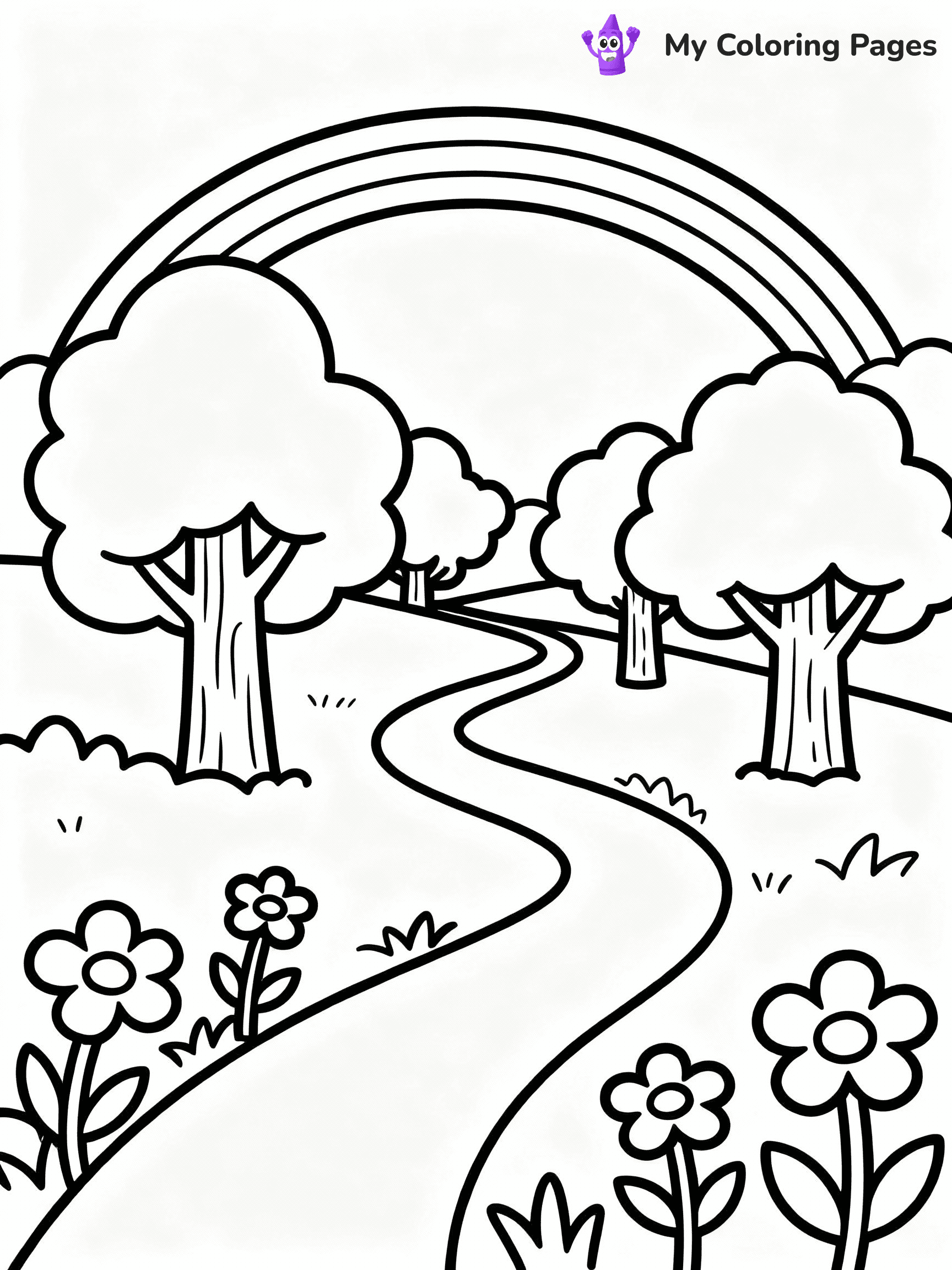 ⚠️ CRITICAL REQUIREMENT - ABSOLUTE BLACK AND WHITE ONLY ⚠️
This MUST be a BLACK AND WHITE line drawing ONLY. NO COLORS whatsoever.
- ONLY pure black lines (#000000) on pure white background (#FFFFFF)
- ABSOLUTELY NO colors, NO shading, NO gradients, NO grayscale
- If there are ANY colors in the output, the image is REJECTED
- This is a COLORING PAGE - meant to be COLORED IN by children
- The output must be UNCOLORED line art ready for coloring
⚠️ SUBJECT TO DRAW: Rainbow over a whimsical landscape, trees and flowers along the path. Important: PURE OUTLINES. NO FILLS, COLOR, SHADING, OR GREYSCALE. WHITE BACKGROUND.
(REMEMBER: Output must be BLACK AND WHITE line art only, NOT colored!)
# Flat, Friendly Cartoon Line-Art Coloring Page
You are generating a **pure black-and-white binary image** of a child-friendly cartoon scene combining characters and background scenery in one cohesive composition.
## Rendering Rules (Strict)
- Only two colors: pure black (#000000) outlines and pure white (#FFFFFF) background.
- No grayscale, shading, gradients, tints, fills, transparency, or partial pixels.
- No antialiasing or blended edges; every pixel is 100% black or white.
- No solid black fills inside shapes — all areas inside outlines must remain white.
- No dark clothing areas or filled tone blocks; all garments outlined only.
- No shadows, textures, lighting, or tonal variations.
- Must look like flat binary vector line-art for coloring pages.
## Drawing & Composition
- **Medium, consistent line weight**; clean closed outlines easy to color inside.
- **Flat, simple, child-friendly design** — no realism or 3D depth.
- Characters are **grounded on a surface**, centered and large.
- **Balanced composition** with clear silhouettes and minimal props.
## Scenery & Style
- Landmarks (e.g., mosque, CN Tower) and scenery (trees, benches, waves) drawn with **black outlines only.**
- For real-world figures, teams, or places, show accurate details using only black outlines—no text or logos. Use distinctive uniform patterns, abstract symbols, and landmark silhouettes to convey identity.
- Keep **consistent perspective**; no floating elements.
- **Style:** whimsical **Doodle Art Alley** — rounded, friendly outlines.
- May adapt shapes from **Crayola, Disney, Peppa Pig, Cocomelon** — *by shape only, never color.*
- Final output: **flat, crisp, binary (#000000/#FFFFFF)**, **no filled color or background text.**
EXTREMELYE IMPORTANT:
- PURE BINARY LINE-ART; NO FILLS (HAIR/CLOTHES/SKIN), SHADING, OR GREY.
- NO SHADING, COLOR. MUST BE WHITE BACKGROUND.
⚠️ FINAL REMINDER: Draw the subject "Rainbow over a whimsical landscape, trees and flowers along the path. Important: PURE OUTLINES. NO FILLS, COLOR, SHADING, OR GREYSCALE. WHITE BACKGROUND." as BLACK AND WHITE line art. Zero colors in output.
