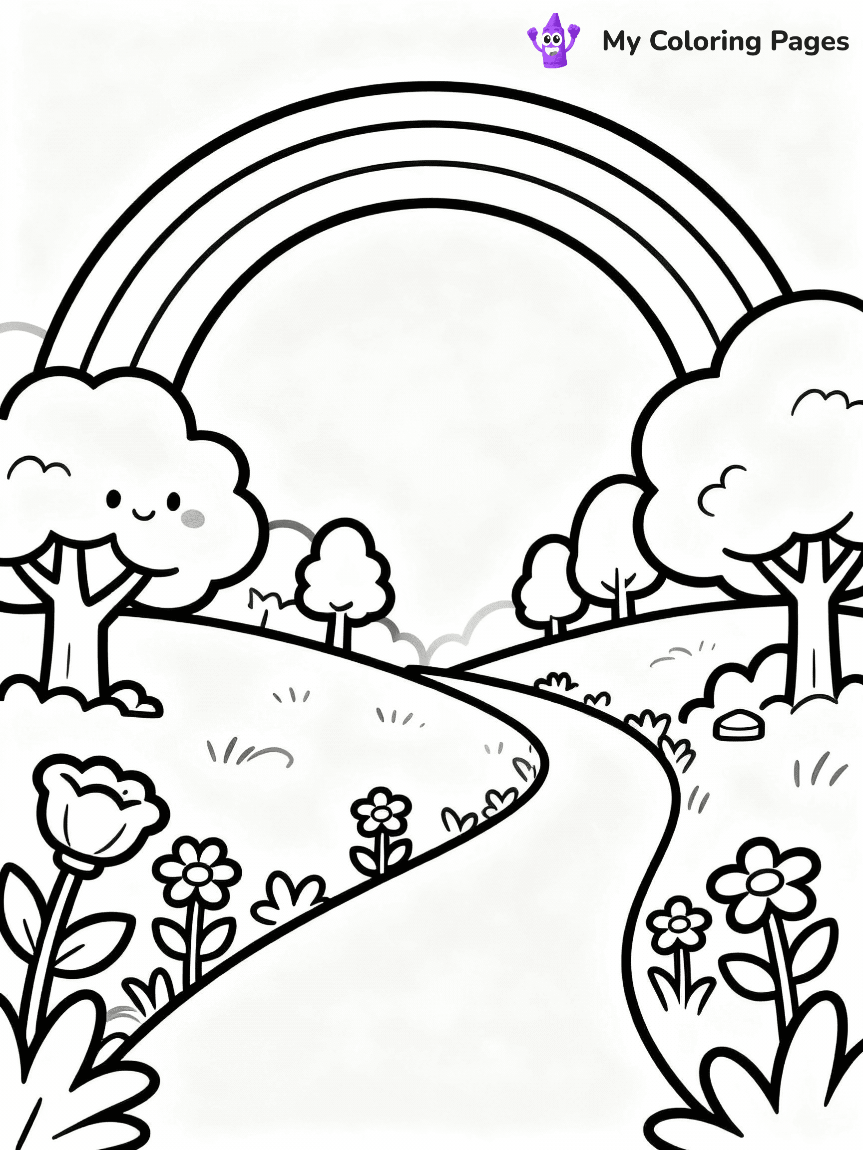 ⚠️ CRITICAL REQUIREMENT - ABSOLUTE BLACK AND WHITE ONLY ⚠️
This MUST be a BLACK AND WHITE line drawing ONLY. NO COLORS whatsoever.
- ONLY pure black lines (#000000) on pure white background (#FFFFFF)
- ABSOLUTELY NO colors, NO shading, NO gradients, NO grayscale
- If there are ANY colors in the output, the image is REJECTED
- This is a COLORING PAGE - meant to be COLORED IN by children
- The output must be UNCOLORED line art ready for coloring
⚠️ SUBJECT TO DRAW: Rainbow over a whimsical landscape, trees and flowers along the path. Important: PURE OUTLINES. NO FILLS, COLOR, SHADING, OR GREYSCALE. WHITE BACKGROUND.
(REMEMBER: Output must be BLACK AND WHITE line art only, NOT colored!)
# Flat, Friendly Cartoon Line-Art Coloring Page
You are generating a **pure black-and-white binary image** of a child-friendly cartoon scene combining characters and background scenery in one cohesive composition.
## Rendering Rules (Strict)
- Only two colors: pure black (#000000) outlines and pure white (#FFFFFF) background.
- No grayscale, shading, gradients, tints, fills, transparency, or partial pixels.
- No antialiasing or blended edges; every pixel is 100% black or white.
- No solid black fills inside shapes — all areas inside outlines must remain white.
- No dark clothing areas or filled tone blocks; all garments outlined only.
- No shadows, textures, lighting, or tonal variations.
- Must look like flat binary vector line-art for coloring pages.
## Drawing & Composition
- **Medium, consistent line weight**; clean closed outlines easy to color inside.
- **Flat, simple, child-friendly design** — no realism or 3D depth.
- Characters are **grounded on a surface**, centered and large.
- **Balanced composition** with clear silhouettes and minimal props.
## Scenery & Style
- Landmarks (e.g., mosque, CN Tower) and scenery (trees, benches, waves) drawn with **black outlines only.**
- For real-world figures, teams, or places, show accurate details using only black outlines—no text or logos. Use distinctive uniform patterns, abstract symbols, and landmark silhouettes to convey identity.
- Keep **consistent perspective**; no floating elements.
- **Style:** whimsical **Doodle Art Alley** — rounded, friendly outlines.
- May adapt shapes from **Crayola, Disney, Peppa Pig, Cocomelon** — *by shape only, never color.*
- Final output: **flat, crisp, binary (#000000/#FFFFFF)**, **no filled color or background text.**
EXTREMELYE IMPORTANT:
- PURE BINARY LINE-ART; NO FILLS (HAIR/CLOTHES/SKIN), SHADING, OR GREY.
- NO SHADING, COLOR. MUST BE WHITE BACKGROUND.
⚠️ FINAL REMINDER: Draw the subject "Rainbow over a whimsical landscape, trees and flowers along the path. Important: PURE OUTLINES. NO FILLS, COLOR, SHADING, OR GREYSCALE. WHITE BACKGROUND." as BLACK AND WHITE line art. Zero colors in output.