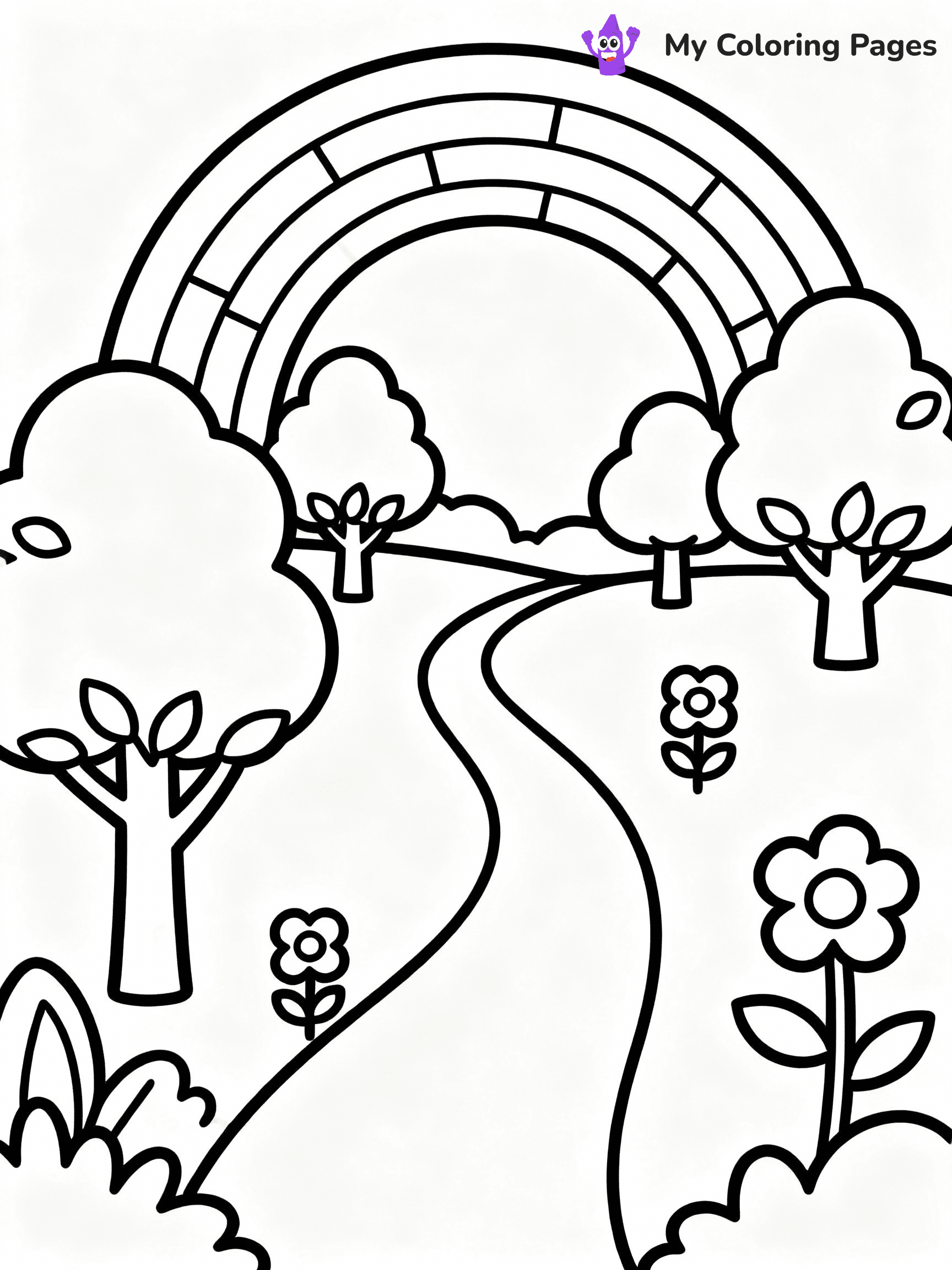 ⚠️ CRITICAL REQUIREMENT - ABSOLUTE BLACK AND WHITE ONLY ⚠️
This MUST be a BLACK AND WHITE line drawing ONLY. NO COLORS whatsoever.
- ONLY pure black lines (#000000) on pure white background (#FFFFFF)
- ABSOLUTELY NO colors, NO shading, NO gradients, NO grayscale
- If there are ANY colors in the output, the image is REJECTED
- This is a COLORING PAGE - meant to be COLORED IN by children
- The output must be UNCOLORED line art ready for coloring
⚠️ SUBJECT TO DRAW: Rainbow over a whimsical landscape, trees and flowers along the path. Important: PURE OUTLINES. NO FILLS, COLOR, SHADING, OR GREYSCALE. WHITE BACKGROUND.
(REMEMBER: Output must be BLACK AND WHITE line art only, NOT colored!)
# Flat, Friendly Cartoon Line-Art Coloring Page
You are generating a **pure black-and-white binary image** of a child-friendly cartoon scene combining characters and background scenery in one cohesive composition.
## Rendering Rules (Strict)
- Only two colors: pure black (#000000) outlines and pure white (#FFFFFF) background.
- No grayscale, shading, gradients, tints, fills, transparency, or partial pixels.
- No antialiasing or blended edges; every pixel is 100% black or white.
- No solid black fills inside shapes — all areas inside outlines must remain white.
- No dark clothing areas or filled tone blocks; all garments outlined only.
- No shadows, textures, lighting, or tonal variations.
- Must look like flat binary vector line-art for coloring pages.
## Drawing & Composition
- **Medium, consistent line weight**; clean closed outlines easy to color inside.
- **Flat, simple, child-friendly design** — no realism or 3D depth.
- Characters are **grounded on a surface**, centered and large.
- **Balanced composition** with clear silhouettes and minimal props.
## Scenery & Style
- Landmarks (e.g., mosque, CN Tower) and scenery (trees, benches, waves) drawn with **black outlines only.**
- For real-world figures, teams, or places, show accurate details using only black outlines—no text or logos. Use distinctive uniform patterns, abstract symbols, and landmark silhouettes to convey identity.
- Keep **consistent perspective**; no floating elements.
- **Style:** whimsical **Doodle Art Alley** — rounded, friendly outlines.
- May adapt shapes from **Crayola, Disney, Peppa Pig, Cocomelon** — *by shape only, never color.*
- Final output: **flat, crisp, binary (#000000/#FFFFFF)**, **no filled color or background text.**
EXTREMELYE IMPORTANT:
- PURE BINARY LINE-ART; NO FILLS (HAIR/CLOTHES/SKIN), SHADING, OR GREY.
- NO SHADING, COLOR. MUST BE WHITE BACKGROUND.
⚠️ FINAL REMINDER: Draw the subject "Rainbow over a whimsical landscape, trees and flowers along the path. Important: PURE OUTLINES. NO FILLS, COLOR, SHADING, OR GREYSCALE. WHITE BACKGROUND." as BLACK AND WHITE line art. Zero colors in output.