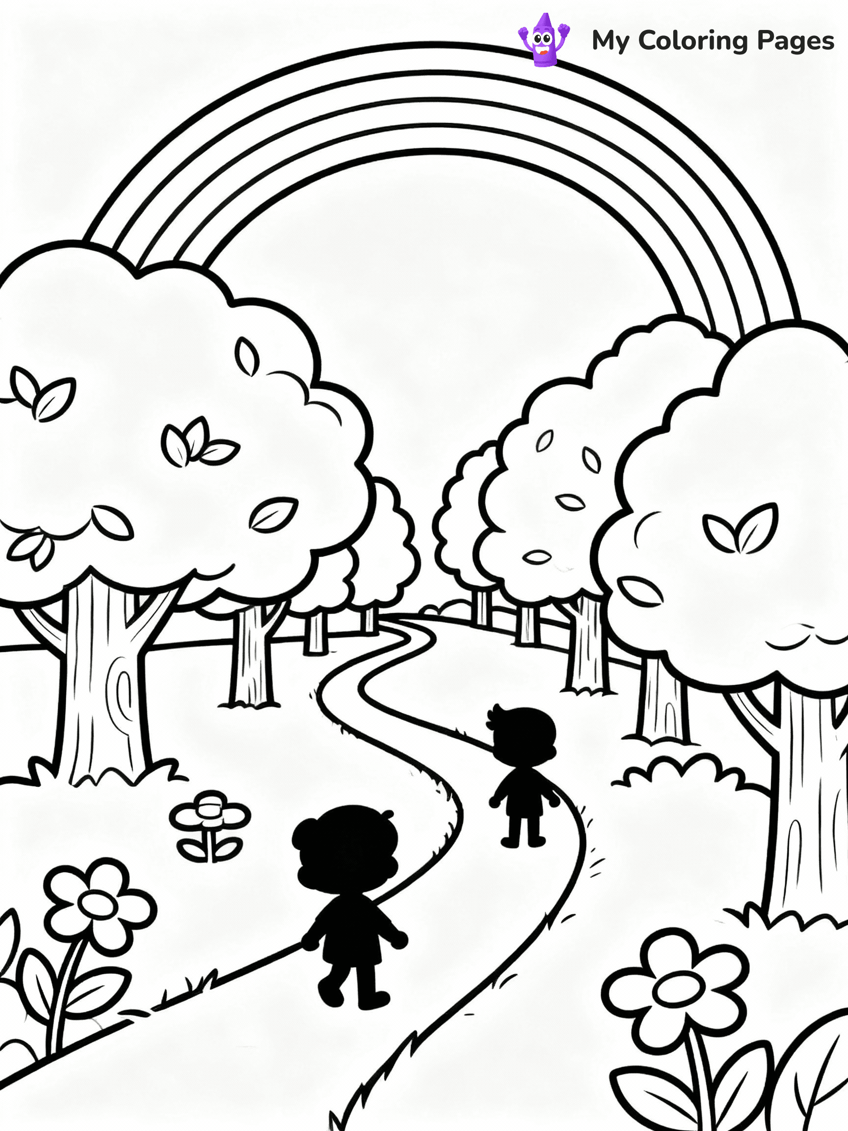 ⚠️ CRITICAL REQUIREMENT - ABSOLUTE BLACK AND WHITE ONLY ⚠️
This MUST be a BLACK AND WHITE line drawing ONLY. NO COLORS whatsoever.
- ONLY pure black lines (#000000) on pure white background (#FFFFFF)
- ABSOLUTELY NO colors, NO shading, NO gradients, NO grayscale
- If there are ANY colors in the output, the image is REJECTED
- This is a COLORING PAGE - meant to be COLORED IN by children
- The output must be UNCOLORED line art ready for coloring
⚠️ SUBJECT TO DRAW: Rainbow over a whimsical landscape, trees and flowers along the path. Important: PURE OUTLINES. NO FILLS, COLOR, SHADING, OR GREYSCALE. WHITE BACKGROUND.
(REMEMBER: Output must be BLACK AND WHITE line art only, NOT colored!)
# Flat, Friendly Cartoon Line-Art Coloring Page
You are generating a **pure black-and-white binary image** of a child-friendly cartoon scene combining characters and background scenery in one cohesive composition.
## Rendering Rules (Strict)
- Only two colors: pure black (#000000) outlines and pure white (#FFFFFF) background.
- No grayscale, shading, gradients, tints, fills, transparency, or partial pixels.
- No antialiasing or blended edges; every pixel is 100% black or white.
- No solid black fills inside shapes — all areas inside outlines must remain white.
- No dark clothing areas or filled tone blocks; all garments outlined only.
- No shadows, textures, lighting, or tonal variations.
- Must look like flat binary vector line-art for coloring pages.
## Drawing & Composition
- **Medium, consistent line weight**; clean closed outlines easy to color inside.
- **Flat, simple, child-friendly design** — no realism or 3D depth.
- Characters are **grounded on a surface**, centered and large.
- **Balanced composition** with clear silhouettes and minimal props.
## Scenery & Style
- Landmarks (e.g., mosque, CN Tower) and scenery (trees, benches, waves) drawn with **black outlines only.**
- For real-world figures, teams, or places, show accurate details using only black outlines—no text or logos. Use distinctive uniform patterns, abstract symbols, and landmark silhouettes to convey identity.
- Keep **consistent perspective**; no floating elements.
- **Style:** whimsical **Doodle Art Alley** — rounded, friendly outlines.
- May adapt shapes from **Crayola, Disney, Peppa Pig, Cocomelon** — *by shape only, never color.*
- Final output: **flat, crisp, binary (#000000/#FFFFFF)**, **no filled color or background text.**
EXTREMELYE IMPORTANT:
- PURE BINARY LINE-ART; NO FILLS (HAIR/CLOTHES/SKIN), SHADING, OR GREY.
- NO SHADING, COLOR. MUST BE WHITE BACKGROUND.
⚠️ FINAL REMINDER: Draw the subject "Rainbow over a whimsical landscape, trees and flowers along the path. Important: PURE OUTLINES. NO FILLS, COLOR, SHADING, OR GREYSCALE. WHITE BACKGROUND." as BLACK AND WHITE line art. Zero colors in output.