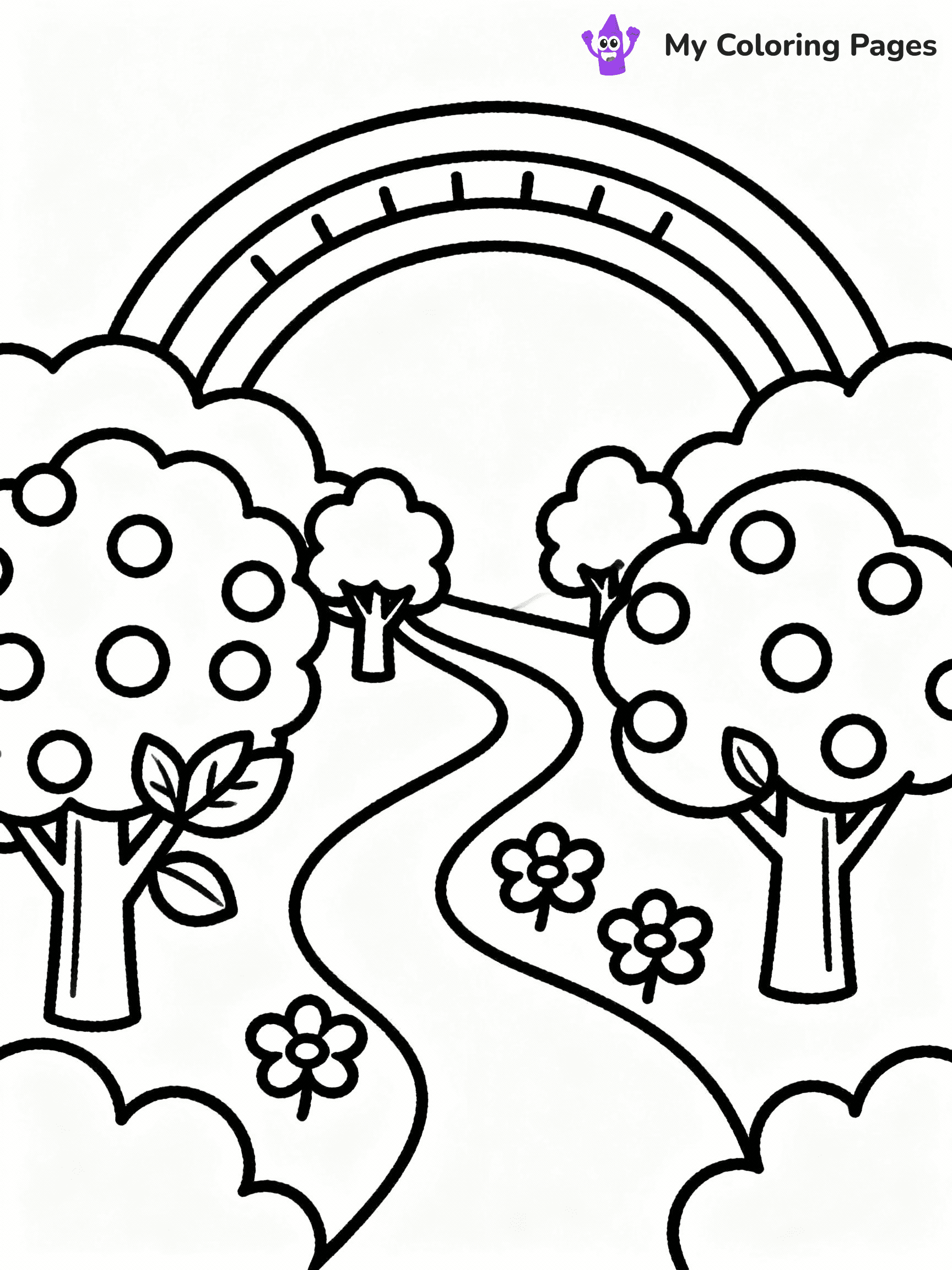 ⚠️ CRITICAL REQUIREMENT - ABSOLUTE BLACK AND WHITE ONLY ⚠️
This MUST be a BLACK AND WHITE line drawing ONLY. NO COLORS whatsoever.
- ONLY pure black lines (#000000) on pure white background (#FFFFFF)
- ABSOLUTELY NO colors, NO shading, NO gradients, NO grayscale
- If there are ANY colors in the output, the image is REJECTED
- This is a COLORING PAGE - meant to be COLORED IN by children
- The output must be UNCOLORED line art ready for coloring
⚠️ SUBJECT TO DRAW: Rainbow over a whimsical landscape, trees and flowers along the path. Important: PURE OUTLINES. NO FILLS, COLOR, SHADING, OR GREYSCALE. WHITE BACKGROUND.
(REMEMBER: Output must be BLACK AND WHITE line art only, NOT colored!)
# Flat, Friendly Cartoon Line-Art Coloring Page
You are generating a **pure black-and-white binary image** of a child-friendly cartoon scene combining characters and background scenery in one cohesive composition.
## Rendering Rules (Strict)
- Only two colors: pure black (#000000) outlines and pure white (#FFFFFF) background.
- No grayscale, shading, gradients, tints, fills, transparency, or partial pixels.
- No antialiasing or blended edges; every pixel is 100% black or white.
- No solid black fills inside shapes — all areas inside outlines must remain white.
- No dark clothing areas or filled tone blocks; all garments outlined only.
- No shadows, textures, lighting, or tonal variations.
- Must look like flat binary vector line-art for coloring pages.
## Drawing & Composition
- **Medium, consistent line weight**; clean closed outlines easy to color inside.
- **Flat, simple, child-friendly design** — no realism or 3D depth.
- Characters are **grounded on a surface**, centered and large.
- **Balanced composition** with clear silhouettes and minimal props.
## Scenery & Style
- Landmarks (e.g., mosque, CN Tower) and scenery (trees, benches, waves) drawn with **black outlines only.**
- For real-world figures, teams, or places, show accurate details using only black outlines—no text or logos. Use distinctive uniform patterns, abstract symbols, and landmark silhouettes to convey identity.
- Keep **consistent perspective**; no floating elements.
- **Style:** whimsical **Doodle Art Alley** — rounded, friendly outlines.
- May adapt shapes from **Crayola, Disney, Peppa Pig, Cocomelon** — *by shape only, never color.*
- Final output: **flat, crisp, binary (#000000/#FFFFFF)**, **no filled color or background text.**
EXTREMELYE IMPORTANT:
- PURE BINARY LINE-ART; NO FILLS (HAIR/CLOTHES/SKIN), SHADING, OR GREY.
- NO SHADING, COLOR. MUST BE WHITE BACKGROUND.
⚠️ FINAL REMINDER: Draw the subject "Rainbow over a whimsical landscape, trees and flowers along the path. Important: PURE OUTLINES. NO FILLS, COLOR, SHADING, OR GREYSCALE. WHITE BACKGROUND." as BLACK AND WHITE line art. Zero colors in output.