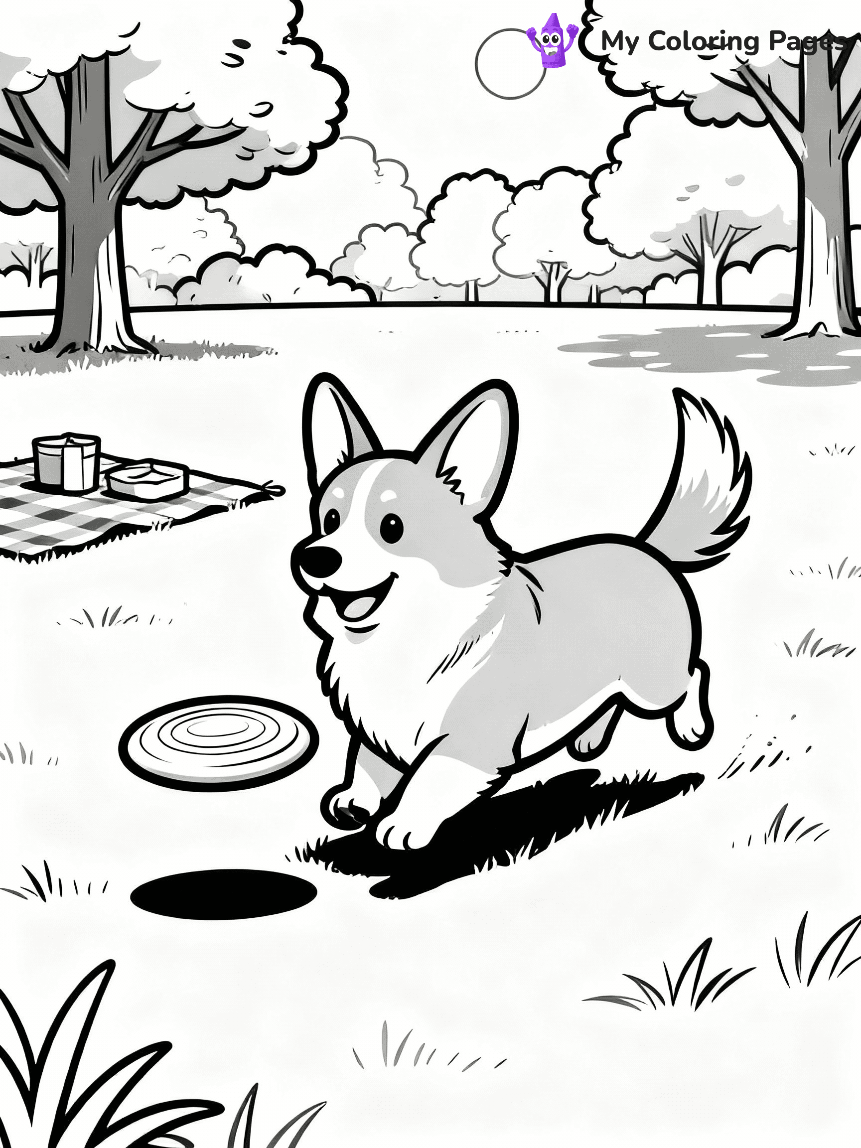 ⚠️ CRITICAL REQUIREMENT - ABSOLUTE BLACK AND WHITE ONLY ⚠️
This MUST be a BLACK AND WHITE line drawing ONLY. NO COLORS whatsoever.
- ONLY pure black lines (#000000) on pure white background (#FFFFFF)
- ABSOLUTELY NO colors, NO shading, NO gradients, NO grayscale
- If there are ANY colors in the output, the image is REJECTED
- This is a COLORING PAGE - meant to be COLORED IN by children
- The output must be UNCOLORED line art ready for coloring
⚠️ SUBJECT TO DRAW: A Corgi from Dogs playing with a frisbee in a sunny park, ears perked up, tail wagging energetically, trees and picnic blankets in the background. Important: PURE OUTLINES. NO FILLS, COLOR, SHADING, OR GREYSCALE. WHITE BACKGROUND.
(REMEMBER: Output must be BLACK AND WHITE line art only, NOT colored!)
# Flat, Friendly Cartoon Line-Art Coloring Page
You are generating a **pure black-and-white binary image** of a child-friendly cartoon scene combining characters and background scenery in one cohesive composition.
## Rendering Rules (Strict)
- Only two colors: pure black (#000000) outlines and pure white (#FFFFFF) background.
- No grayscale, shading, gradients, tints, fills, transparency, or partial pixels.
- No antialiasing or blended edges; every pixel is 100% black or white.
- No solid black fills inside shapes — all areas inside outlines must remain white.
- No dark clothing areas or filled tone blocks; all garments outlined only.
- No shadows, textures, lighting, or tonal variations.
- Must look like flat binary vector line-art for coloring pages.
## Drawing & Composition
- **Medium, consistent line weight**; clean closed outlines easy to color inside.
- **Flat, simple, child-friendly design** — no realism or 3D depth.
- Characters are **grounded on a surface**, centered and large.
- **Balanced composition** with clear silhouettes and minimal props.
## Scenery & Style
- Landmarks (e.g., mosque, CN Tower) and scenery (trees, benches, waves) drawn with **black outlines only.**
- For real-world figures, teams, or places, show accurate details using only black outlines—no text or logos. Use distinctive uniform patterns, abstract symbols, and landmark silhouettes to convey identity.
- Keep **consistent perspective**; no floating elements.
- **Style:** whimsical **Doodle Art Alley** — rounded, friendly outlines.
- May adapt shapes from **Crayola, Disney, Peppa Pig, Cocomelon** — *by shape only, never color.*
- Final output: **flat, crisp, binary (#000000/#FFFFFF)**, **no filled color or background text.**
EXTREMELYE IMPORTANT:
- PURE BINARY LINE-ART; NO FILLS (HAIR/CLOTHES/SKIN), SHADING, OR GREY.
- NO SHADING, COLOR. MUST BE WHITE BACKGROUND.
⚠️ FINAL REMINDER: Draw the subject "A Corgi from Dogs playing with a frisbee in a sunny park, ears perked up, tail wagging energetically, trees and picnic blankets in the background. Important: PURE OUTLINES. NO FILLS, COLOR, SHADING, OR GREYSCALE. WHITE BACKGROUND." as BLACK AND WHITE line art. Zero colors in output.