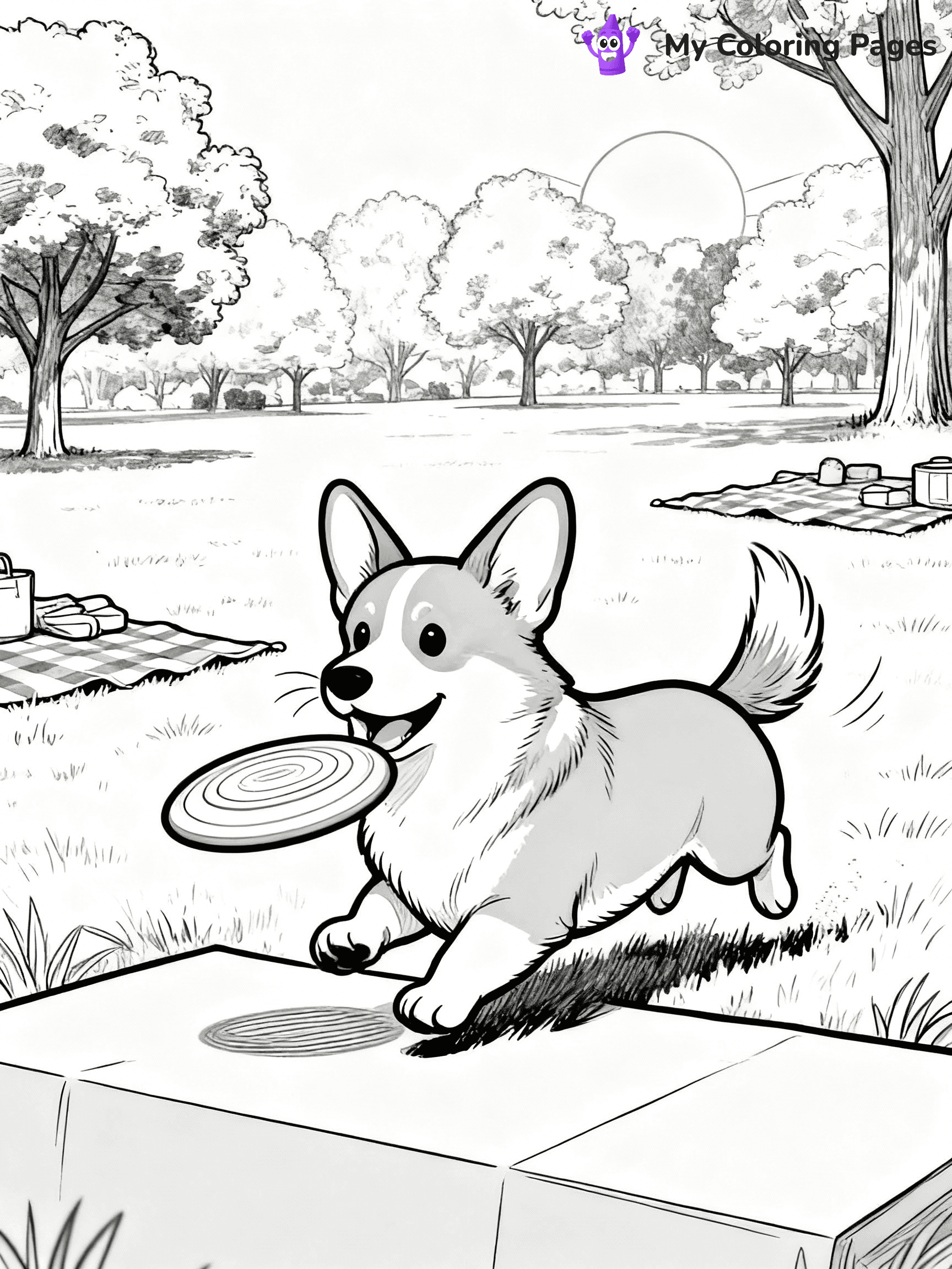 ⚠️ CRITICAL REQUIREMENT - ABSOLUTE BLACK AND WHITE ONLY ⚠️
This MUST be a BLACK AND WHITE line drawing ONLY. NO COLORS whatsoever.
- ONLY pure black lines (#000000) on pure white background (#FFFFFF)
- ABSOLUTELY NO colors, NO shading, NO gradients, NO grayscale
- If there are ANY colors in the output, the image is REJECTED
- This is a COLORING PAGE - meant to be COLORED IN by children
- The output must be UNCOLORED line art ready for coloring
⚠️ SUBJECT TO DRAW: A Corgi from Dogs playing with a frisbee in a sunny park, ears perked up, tail wagging energetically, trees and picnic blankets in the background. Important: PURE OUTLINES. NO FILLS, COLOR, SHADING, OR GREYSCALE. WHITE BACKGROUND.
(REMEMBER: Output must be BLACK AND WHITE line art only, NOT colored!)
# Flat, Friendly Cartoon Line-Art Coloring Page
You are generating a **pure black-and-white binary image** of a child-friendly cartoon scene combining characters and background scenery in one cohesive composition.
## Rendering Rules (Strict)
- Only two colors: pure black (#000000) outlines and pure white (#FFFFFF) background.
- No grayscale, shading, gradients, tints, fills, transparency, or partial pixels.
- No antialiasing or blended edges; every pixel is 100% black or white.
- No solid black fills inside shapes — all areas inside outlines must remain white.
- No dark clothing areas or filled tone blocks; all garments outlined only.
- No shadows, textures, lighting, or tonal variations.
- Must look like flat binary vector line-art for coloring pages.
## Drawing & Composition
- **Medium, consistent line weight**; clean closed outlines easy to color inside.
- **Flat, simple, child-friendly design** — no realism or 3D depth.
- Characters are **grounded on a surface**, centered and large.
- **Balanced composition** with clear silhouettes and minimal props.
## Scenery & Style
- Landmarks (e.g., mosque, CN Tower) and scenery (trees, benches, waves) drawn with **black outlines only.**
- For real-world figures, teams, or places, show accurate details using only black outlines—no text or logos. Use distinctive uniform patterns, abstract symbols, and landmark silhouettes to convey identity.
- Keep **consistent perspective**; no floating elements.
- **Style:** whimsical **Doodle Art Alley** — rounded, friendly outlines.
- May adapt shapes from **Crayola, Disney, Peppa Pig, Cocomelon** — *by shape only, never color.*
- Final output: **flat, crisp, binary (#000000/#FFFFFF)**, **no filled color or background text.**
EXTREMELYE IMPORTANT:
- PURE BINARY LINE-ART; NO FILLS (HAIR/CLOTHES/SKIN), SHADING, OR GREY.
- NO SHADING, COLOR. MUST BE WHITE BACKGROUND.
⚠️ FINAL REMINDER: Draw the subject "A Corgi from Dogs playing with a frisbee in a sunny park, ears perked up, tail wagging energetically, trees and picnic blankets in the background. Important: PURE OUTLINES. NO FILLS, COLOR, SHADING, OR GREYSCALE. WHITE BACKGROUND." as BLACK AND WHITE line art. Zero colors in output.