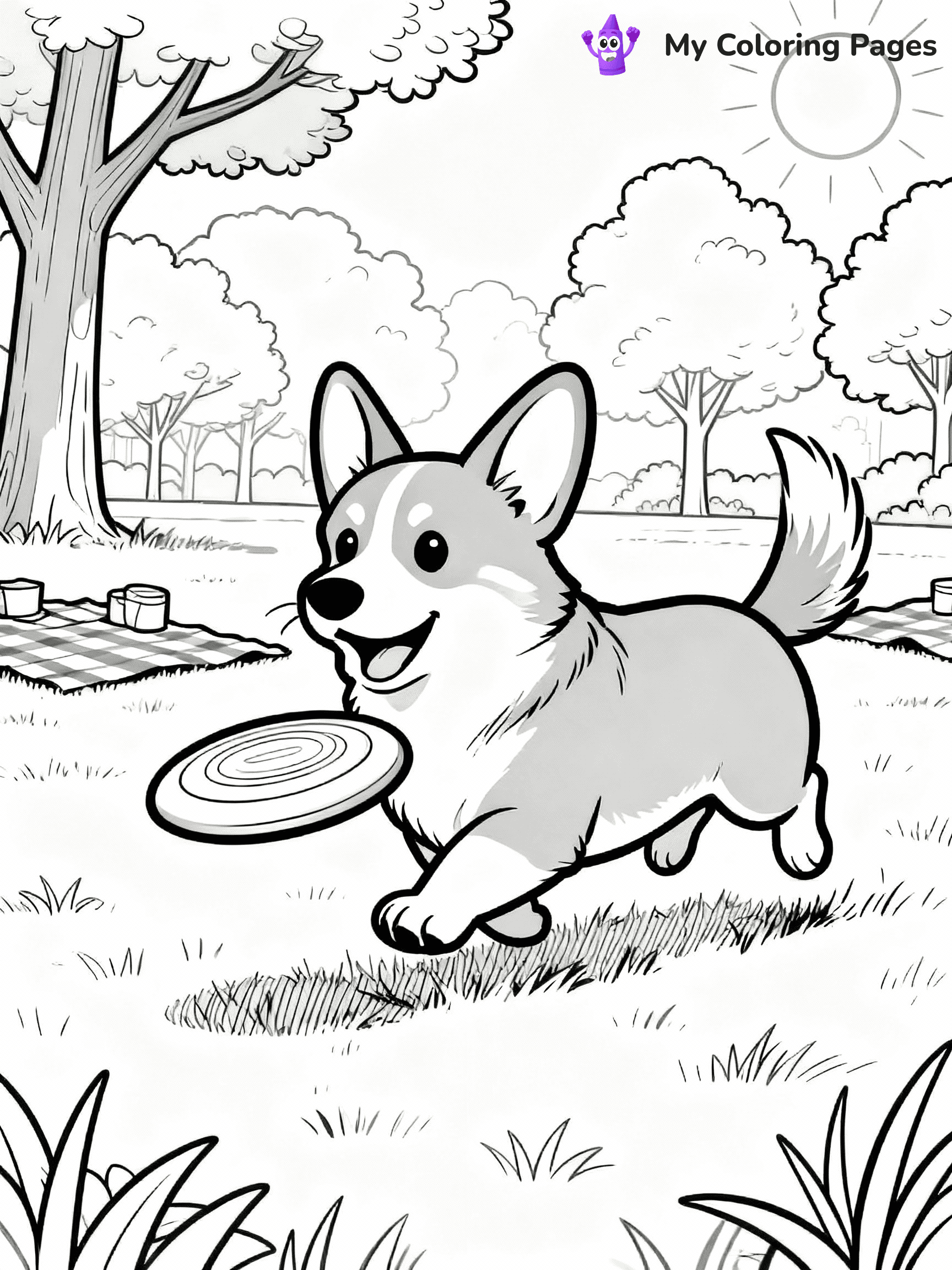 ⚠️ CRITICAL REQUIREMENT - ABSOLUTE BLACK AND WHITE ONLY ⚠️
This MUST be a BLACK AND WHITE line drawing ONLY. NO COLORS whatsoever.
- ONLY pure black lines (#000000) on pure white background (#FFFFFF)
- ABSOLUTELY NO colors, NO shading, NO gradients, NO grayscale
- If there are ANY colors in the output, the image is REJECTED
- This is a COLORING PAGE - meant to be COLORED IN by children
- The output must be UNCOLORED line art ready for coloring
⚠️ SUBJECT TO DRAW: A Corgi from Dogs playing with a frisbee in a sunny park, ears perked up, tail wagging energetically, trees and picnic blankets in the background. Important: PURE OUTLINES. NO FILLS, COLOR, SHADING, OR GREYSCALE. WHITE BACKGROUND.
(REMEMBER: Output must be BLACK AND WHITE line art only, NOT colored!)
# Flat, Friendly Cartoon Line-Art Coloring Page
You are generating a **pure black-and-white binary image** of a child-friendly cartoon scene combining characters and background scenery in one cohesive composition.
## Rendering Rules (Strict)
- Only two colors: pure black (#000000) outlines and pure white (#FFFFFF) background.
- No grayscale, shading, gradients, tints, fills, transparency, or partial pixels.
- No antialiasing or blended edges; every pixel is 100% black or white.
- No solid black fills inside shapes — all areas inside outlines must remain white.
- No dark clothing areas or filled tone blocks; all garments outlined only.
- No shadows, textures, lighting, or tonal variations.
- Must look like flat binary vector line-art for coloring pages.
## Drawing & Composition
- **Medium, consistent line weight**; clean closed outlines easy to color inside.
- **Flat, simple, child-friendly design** — no realism or 3D depth.
- Characters are **grounded on a surface**, centered and large.
- **Balanced composition** with clear silhouettes and minimal props.
## Scenery & Style
- Landmarks (e.g., mosque, CN Tower) and scenery (trees, benches, waves) drawn with **black outlines only.**
- For real-world figures, teams, or places, show accurate details using only black outlines—no text or logos. Use distinctive uniform patterns, abstract symbols, and landmark silhouettes to convey identity.
- Keep **consistent perspective**; no floating elements.
- **Style:** whimsical **Doodle Art Alley** — rounded, friendly outlines.
- May adapt shapes from **Crayola, Disney, Peppa Pig, Cocomelon** — *by shape only, never color.*
- Final output: **flat, crisp, binary (#000000/#FFFFFF)**, **no filled color or background text.**
EXTREMELYE IMPORTANT:
- PURE BINARY LINE-ART; NO FILLS (HAIR/CLOTHES/SKIN), SHADING, OR GREY.
- NO SHADING, COLOR. MUST BE WHITE BACKGROUND.
⚠️ FINAL REMINDER: Draw the subject "A Corgi from Dogs playing with a frisbee in a sunny park, ears perked up, tail wagging energetically, trees and picnic blankets in the background. Important: PURE OUTLINES. NO FILLS, COLOR, SHADING, OR GREYSCALE. WHITE BACKGROUND." as BLACK AND WHITE line art. Zero colors in output.