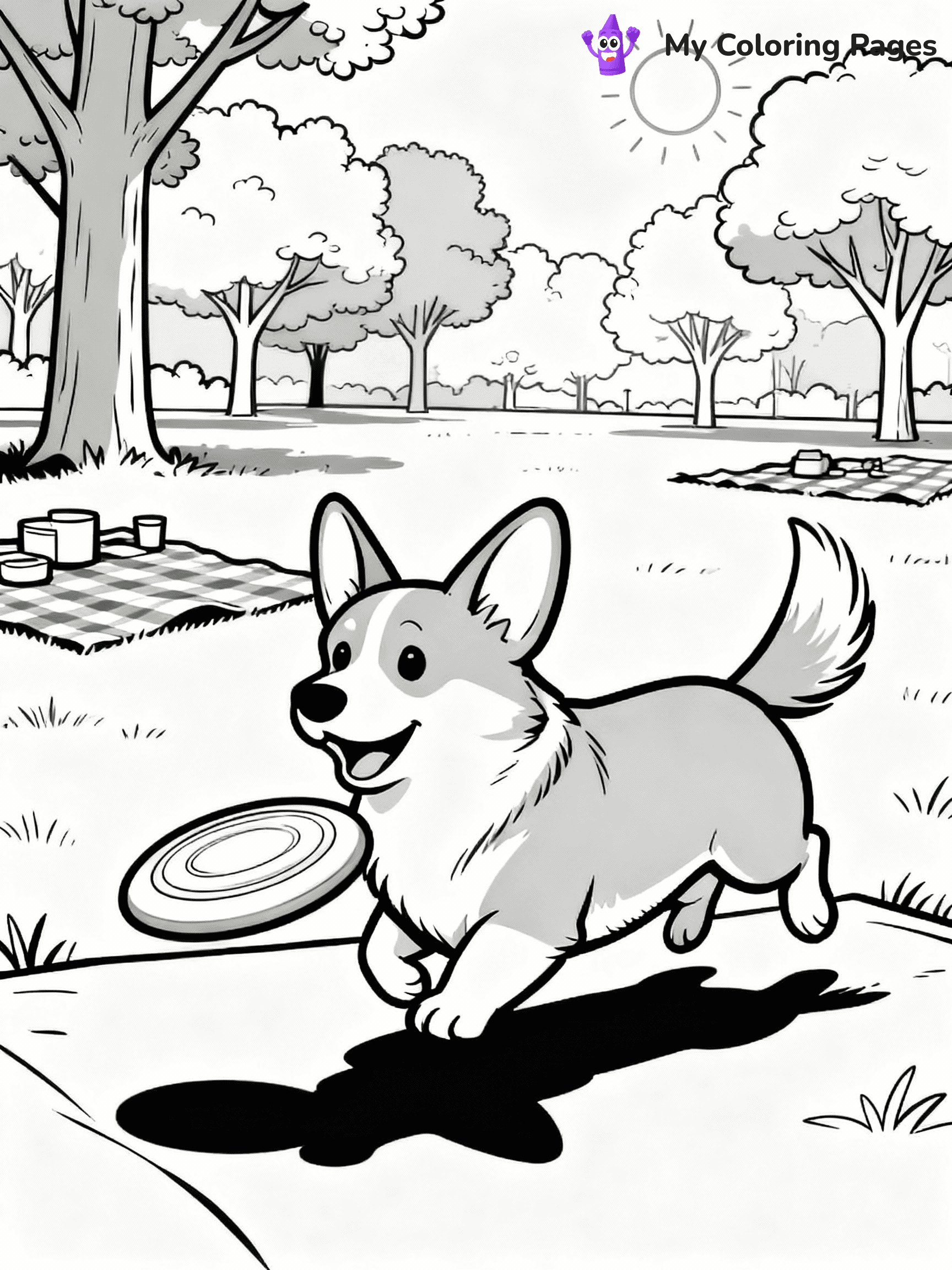 ⚠️ CRITICAL REQUIREMENT - ABSOLUTE BLACK AND WHITE ONLY ⚠️
This MUST be a BLACK AND WHITE line drawing ONLY. NO COLORS whatsoever.
- ONLY pure black lines (#000000) on pure white background (#FFFFFF)
- ABSOLUTELY NO colors, NO shading, NO gradients, NO grayscale
- If there are ANY colors in the output, the image is REJECTED
- This is a COLORING PAGE - meant to be COLORED IN by children
- The output must be UNCOLORED line art ready for coloring
⚠️ SUBJECT TO DRAW: A Corgi from Dogs playing with a frisbee in a sunny park, ears perked up, tail wagging energetically, trees and picnic blankets in the background. Important: PURE OUTLINES. NO FILLS, COLOR, SHADING, OR GREYSCALE. WHITE BACKGROUND.
(REMEMBER: Output must be BLACK AND WHITE line art only, NOT colored!)
# Flat, Friendly Cartoon Line-Art Coloring Page
You are generating a **pure black-and-white binary image** of a child-friendly cartoon scene combining characters and background scenery in one cohesive composition.
## Rendering Rules (Strict)
- Only two colors: pure black (#000000) outlines and pure white (#FFFFFF) background.
- No grayscale, shading, gradients, tints, fills, transparency, or partial pixels.
- No antialiasing or blended edges; every pixel is 100% black or white.
- No solid black fills inside shapes — all areas inside outlines must remain white.
- No dark clothing areas or filled tone blocks; all garments outlined only.
- No shadows, textures, lighting, or tonal variations.
- Must look like flat binary vector line-art for coloring pages.
## Drawing & Composition
- **Medium, consistent line weight**; clean closed outlines easy to color inside.
- **Flat, simple, child-friendly design** — no realism or 3D depth.
- Characters are **grounded on a surface**, centered and large.
- **Balanced composition** with clear silhouettes and minimal props.
## Scenery & Style
- Landmarks (e.g., mosque, CN Tower) and scenery (trees, benches, waves) drawn with **black outlines only.**
- For real-world figures, teams, or places, show accurate details using only black outlines—no text or logos. Use distinctive uniform patterns, abstract symbols, and landmark silhouettes to convey identity.
- Keep **consistent perspective**; no floating elements.
- **Style:** whimsical **Doodle Art Alley** — rounded, friendly outlines.
- May adapt shapes from **Crayola, Disney, Peppa Pig, Cocomelon** — *by shape only, never color.*
- Final output: **flat, crisp, binary (#000000/#FFFFFF)**, **no filled color or background text.**
EXTREMELYE IMPORTANT:
- PURE BINARY LINE-ART; NO FILLS (HAIR/CLOTHES/SKIN), SHADING, OR GREY.
- NO SHADING, COLOR. MUST BE WHITE BACKGROUND.
⚠️ FINAL REMINDER: Draw the subject "A Corgi from Dogs playing with a frisbee in a sunny park, ears perked up, tail wagging energetically, trees and picnic blankets in the background. Important: PURE OUTLINES. NO FILLS, COLOR, SHADING, OR GREYSCALE. WHITE BACKGROUND." as BLACK AND WHITE line art. Zero colors in output.