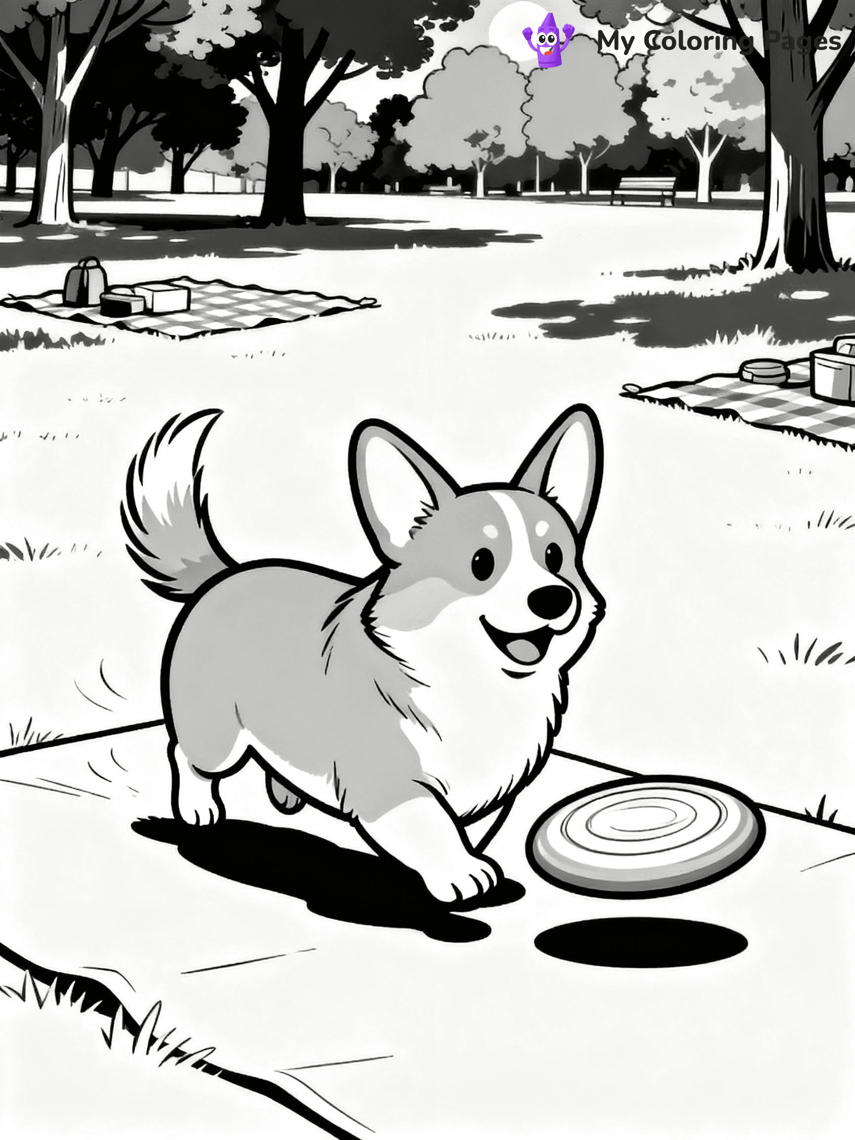 ⚠️ CRITICAL REQUIREMENT - ABSOLUTE BLACK AND WHITE ONLY ⚠️
This MUST be a BLACK AND WHITE line drawing ONLY. NO COLORS whatsoever.
- ONLY pure black lines (#000000) on pure white background (#FFFFFF)
- ABSOLUTELY NO colors, NO shading, NO gradients, NO grayscale
- If there are ANY colors in the output, the image is REJECTED
- This is a COLORING PAGE - meant to be COLORED IN by children
- The output must be UNCOLORED line art ready for coloring
⚠️ SUBJECT TO DRAW: A Corgi from Dogs playing with a frisbee in a sunny park, ears perked up, tail wagging energetically, trees and picnic blankets in the background. Important: PURE OUTLINES. NO FILLS, COLOR, SHADING, OR GREYSCALE. WHITE BACKGROUND.
(REMEMBER: Output must be BLACK AND WHITE line art only, NOT colored!)
# Flat, Friendly Cartoon Line-Art Coloring Page
You are generating a **pure black-and-white binary image** of a child-friendly cartoon scene combining characters and background scenery in one cohesive composition.
## Rendering Rules (Strict)
- Only two colors: pure black (#000000) outlines and pure white (#FFFFFF) background.
- No grayscale, shading, gradients, tints, fills, transparency, or partial pixels.
- No antialiasing or blended edges; every pixel is 100% black or white.
- No solid black fills inside shapes — all areas inside outlines must remain white.
- No dark clothing areas or filled tone blocks; all garments outlined only.
- No shadows, textures, lighting, or tonal variations.
- Must look like flat binary vector line-art for coloring pages.
## Drawing & Composition
- **Medium, consistent line weight**; clean closed outlines easy to color inside.
- **Flat, simple, child-friendly design** — no realism or 3D depth.
- Characters are **grounded on a surface**, centered and large.
- **Balanced composition** with clear silhouettes and minimal props.
## Scenery & Style
- Landmarks (e.g., mosque, CN Tower) and scenery (trees, benches, waves) drawn with **black outlines only.**
- For real-world figures, teams, or places, show accurate details using only black outlines—no text or logos. Use distinctive uniform patterns, abstract symbols, and landmark silhouettes to convey identity.
- Keep **consistent perspective**; no floating elements.
- **Style:** whimsical **Doodle Art Alley** — rounded, friendly outlines.
- May adapt shapes from **Crayola, Disney, Peppa Pig, Cocomelon** — *by shape only, never color.*
- Final output: **flat, crisp, binary (#000000/#FFFFFF)**, **no filled color or background text.**
EXTREMELYE IMPORTANT:
- PURE BINARY LINE-ART; NO FILLS (HAIR/CLOTHES/SKIN), SHADING, OR GREY.
- NO SHADING, COLOR. MUST BE WHITE BACKGROUND.
⚠️ FINAL REMINDER: Draw the subject "A Corgi from Dogs playing with a frisbee in a sunny park, ears perked up, tail wagging energetically, trees and picnic blankets in the background. Important: PURE OUTLINES. NO FILLS, COLOR, SHADING, OR GREYSCALE. WHITE BACKGROUND." as BLACK AND WHITE line art. Zero colors in output.