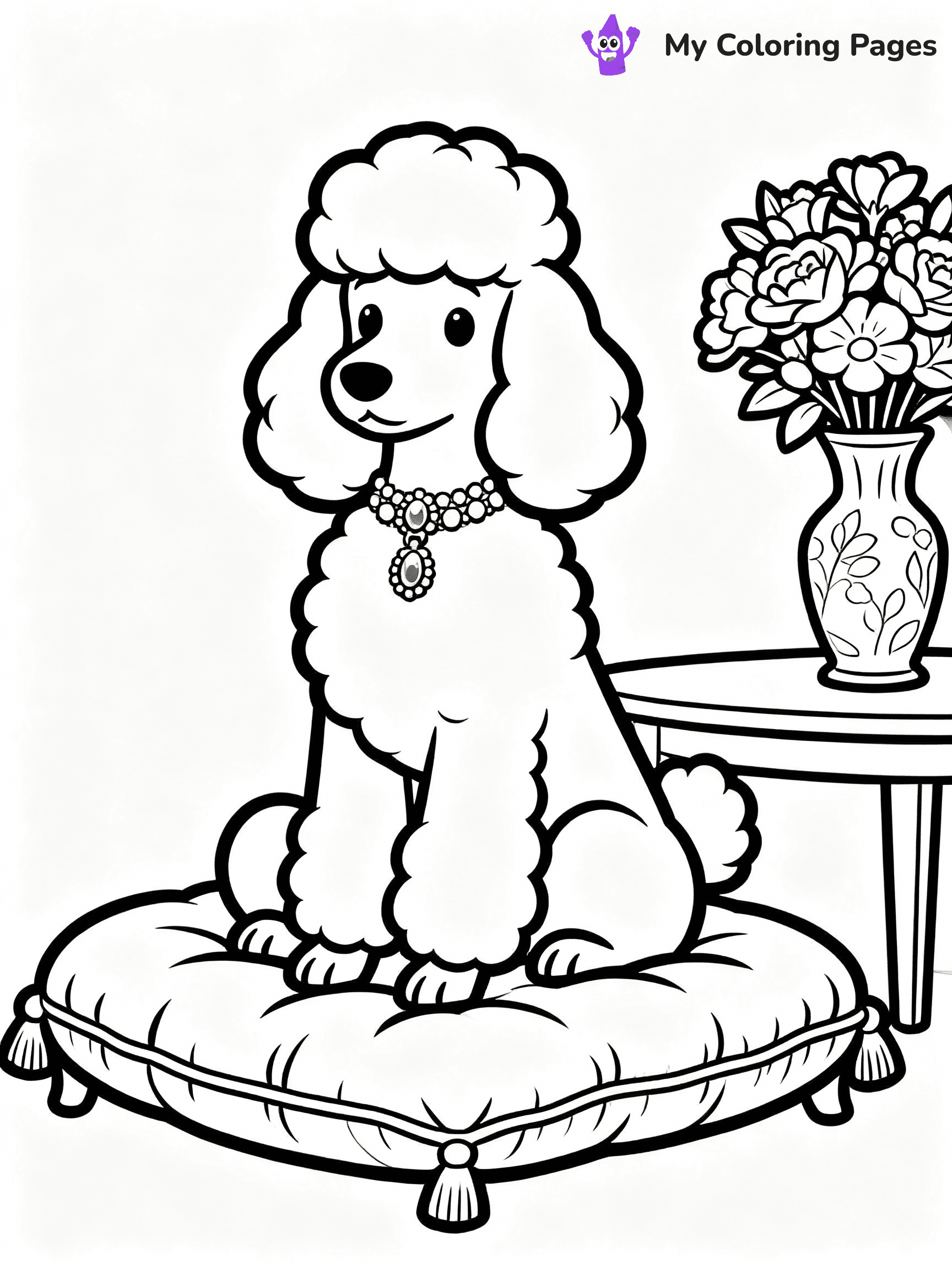 ⚠️ CRITICAL REQUIREMENT - ABSOLUTE BLACK AND WHITE ONLY ⚠️
This MUST be a BLACK AND WHITE line drawing ONLY. NO COLORS whatsoever.
- ONLY pure black lines (#000000) on pure white background (#FFFFFF)
- ABSOLUTELY NO colors, NO shading, NO gradients, NO grayscale
- If there are ANY colors in the output, the image is REJECTED
- This is a COLORING PAGE - meant to be COLORED IN by children
- The output must be UNCOLORED line art ready for coloring
⚠️ SUBJECT TO DRAW: A Poodle from Dogs sitting elegantly on a plush cushion, fur styled in a fluffy pompadour, collar adorned with jewels, a vase of flowers beside it on a table. Important: PURE OUTLINES. NO FILLS, COLOR, SHADING, OR GREYSCALE. WHITE BACKGROUND.
(REMEMBER: Output must be BLACK AND WHITE line art only, NOT colored!)
# Flat, Friendly Cartoon Line-Art Coloring Page
You are generating a **pure black-and-white binary image** of a child-friendly cartoon scene combining characters and background scenery in one cohesive composition.
## Rendering Rules (Strict)
- Only two colors: pure black (#000000) outlines and pure white (#FFFFFF) background.
- No grayscale, shading, gradients, tints, fills, transparency, or partial pixels.
- No antialiasing or blended edges; every pixel is 100% black or white.
- No solid black fills inside shapes — all areas inside outlines must remain white.
- No dark clothing areas or filled tone blocks; all garments outlined only.
- No shadows, textures, lighting, or tonal variations.
- Must look like flat binary vector line-art for coloring pages.
## Drawing & Composition
- **Medium, consistent line weight**; clean closed outlines easy to color inside.
- **Flat, simple, child-friendly design** — no realism or 3D depth.
- Characters are **grounded on a surface**, centered and large.
- **Balanced composition** with clear silhouettes and minimal props.
## Scenery & Style
- Landmarks (e.g., mosque, CN Tower) and scenery (trees, benches, waves) drawn with **black outlines only.**
- For real-world figures, teams, or places, show accurate details using only black outlines—no text or logos. Use distinctive uniform patterns, abstract symbols, and landmark silhouettes to convey identity.
- Keep **consistent perspective**; no floating elements.
- **Style:** whimsical **Doodle Art Alley** — rounded, friendly outlines.
- May adapt shapes from **Crayola, Disney, Peppa Pig, Cocomelon** — *by shape only, never color.*
- Final output: **flat, crisp, binary (#000000/#FFFFFF)**, **no filled color or background text.**
EXTREMELYE IMPORTANT:
- PURE BINARY LINE-ART; NO FILLS (HAIR/CLOTHES/SKIN), SHADING, OR GREY.
- NO SHADING, COLOR. MUST BE WHITE BACKGROUND.
⚠️ FINAL REMINDER: Draw the subject "A Poodle from Dogs sitting elegantly on a plush cushion, fur styled in a fluffy pompadour, collar adorned with jewels, a vase of flowers beside it on a table. Important: PURE OUTLINES. NO FILLS, COLOR, SHADING, OR GREYSCALE. WHITE BACKGROUND." as BLACK AND WHITE line art. Zero colors in output.