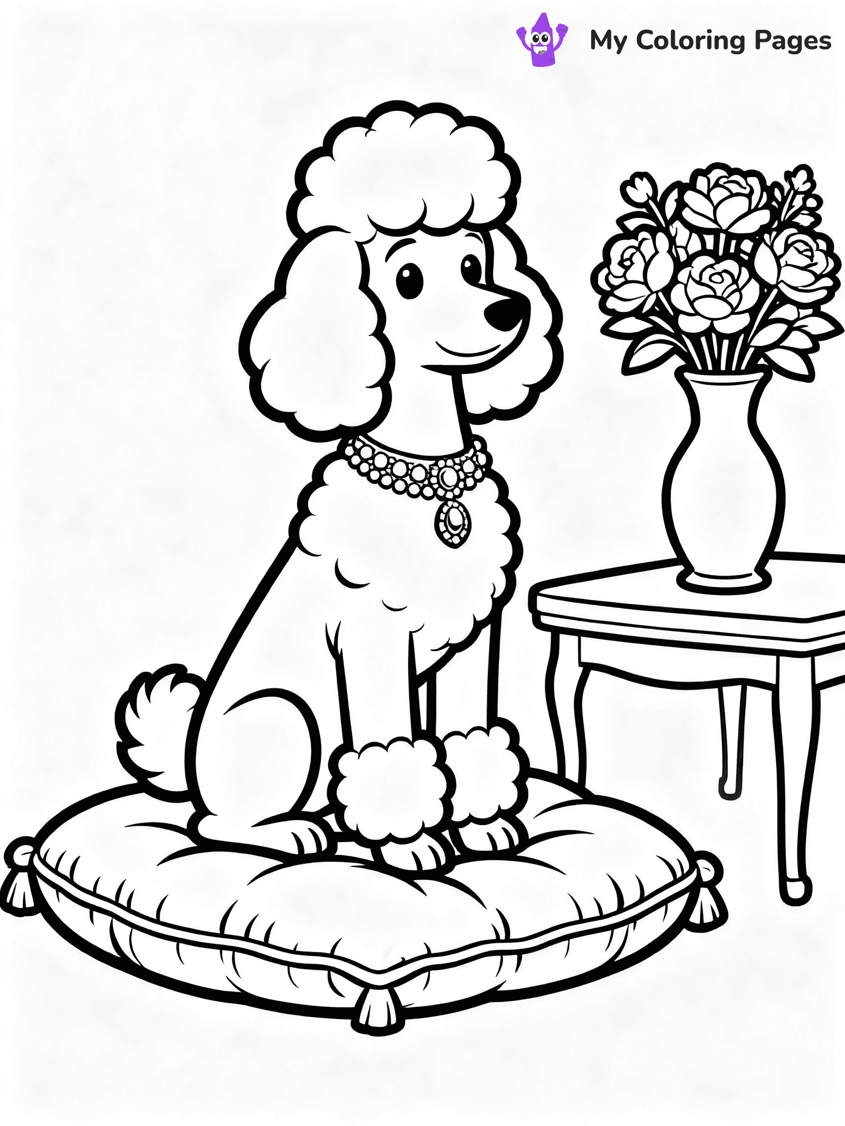 ⚠️ CRITICAL REQUIREMENT - ABSOLUTE BLACK AND WHITE ONLY ⚠️
This MUST be a BLACK AND WHITE line drawing ONLY. NO COLORS whatsoever.
- ONLY pure black lines (#000000) on pure white background (#FFFFFF)
- ABSOLUTELY NO colors, NO shading, NO gradients, NO grayscale
- If there are ANY colors in the output, the image is REJECTED
- This is a COLORING PAGE - meant to be COLORED IN by children
- The output must be UNCOLORED line art ready for coloring
⚠️ SUBJECT TO DRAW: A Poodle from Dogs sitting elegantly on a plush cushion, fur styled in a fluffy pompadour, collar adorned with jewels, a vase of flowers beside it on a table. Important: PURE OUTLINES. NO FILLS, COLOR, SHADING, OR GREYSCALE. WHITE BACKGROUND.
(REMEMBER: Output must be BLACK AND WHITE line art only, NOT colored!)
# Flat, Friendly Cartoon Line-Art Coloring Page
You are generating a **pure black-and-white binary image** of a child-friendly cartoon scene combining characters and background scenery in one cohesive composition.
## Rendering Rules (Strict)
- Only two colors: pure black (#000000) outlines and pure white (#FFFFFF) background.
- No grayscale, shading, gradients, tints, fills, transparency, or partial pixels.
- No antialiasing or blended edges; every pixel is 100% black or white.
- No solid black fills inside shapes — all areas inside outlines must remain white.
- No dark clothing areas or filled tone blocks; all garments outlined only.
- No shadows, textures, lighting, or tonal variations.
- Must look like flat binary vector line-art for coloring pages.
## Drawing & Composition
- **Medium, consistent line weight**; clean closed outlines easy to color inside.
- **Flat, simple, child-friendly design** — no realism or 3D depth.
- Characters are **grounded on a surface**, centered and large.
- **Balanced composition** with clear silhouettes and minimal props.
## Scenery & Style
- Landmarks (e.g., mosque, CN Tower) and scenery (trees, benches, waves) drawn with **black outlines only.**
- For real-world figures, teams, or places, show accurate details using only black outlines—no text or logos. Use distinctive uniform patterns, abstract symbols, and landmark silhouettes to convey identity.
- Keep **consistent perspective**; no floating elements.
- **Style:** whimsical **Doodle Art Alley** — rounded, friendly outlines.
- May adapt shapes from **Crayola, Disney, Peppa Pig, Cocomelon** — *by shape only, never color.*
- Final output: **flat, crisp, binary (#000000/#FFFFFF)**, **no filled color or background text.**
EXTREMELYE IMPORTANT:
- PURE BINARY LINE-ART; NO FILLS (HAIR/CLOTHES/SKIN), SHADING, OR GREY.
- NO SHADING, COLOR. MUST BE WHITE BACKGROUND.
⚠️ FINAL REMINDER: Draw the subject "A Poodle from Dogs sitting elegantly on a plush cushion, fur styled in a fluffy pompadour, collar adorned with jewels, a vase of flowers beside it on a table. Important: PURE OUTLINES. NO FILLS, COLOR, SHADING, OR GREYSCALE. WHITE BACKGROUND." as BLACK AND WHITE line art. Zero colors in output.