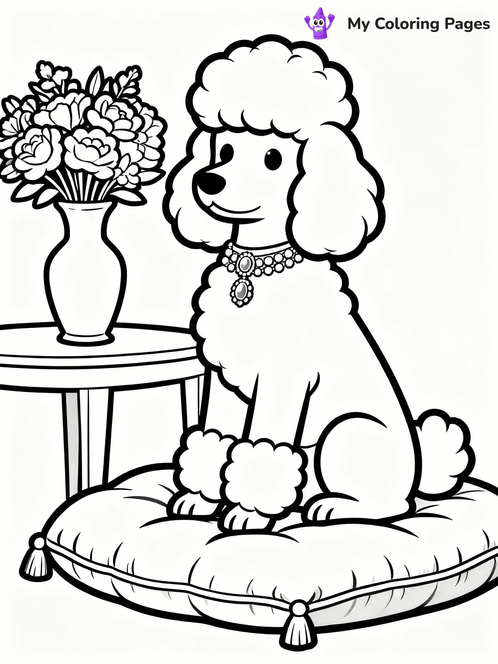 ⚠️ CRITICAL REQUIREMENT - ABSOLUTE BLACK AND WHITE ONLY ⚠️
This MUST be a BLACK AND WHITE line drawing ONLY. NO COLORS whatsoever.
- ONLY pure black lines (#000000) on pure white background (#FFFFFF)
- ABSOLUTELY NO colors, NO shading, NO gradients, NO grayscale
- If there are ANY colors in the output, the image is REJECTED
- This is a COLORING PAGE - meant to be COLORED IN by children
- The output must be UNCOLORED line art ready for coloring
⚠️ SUBJECT TO DRAW: A Poodle from Dogs sitting elegantly on a plush cushion, fur styled in a fluffy pompadour, collar adorned with jewels, a vase of flowers beside it on a table. Important: PURE OUTLINES. NO FILLS, COLOR, SHADING, OR GREYSCALE. WHITE BACKGROUND.
(REMEMBER: Output must be BLACK AND WHITE line art only, NOT colored!)
# Flat, Friendly Cartoon Line-Art Coloring Page
You are generating a **pure black-and-white binary image** of a child-friendly cartoon scene combining characters and background scenery in one cohesive composition.
## Rendering Rules (Strict)
- Only two colors: pure black (#000000) outlines and pure white (#FFFFFF) background.
- No grayscale, shading, gradients, tints, fills, transparency, or partial pixels.
- No antialiasing or blended edges; every pixel is 100% black or white.
- No solid black fills inside shapes — all areas inside outlines must remain white.
- No dark clothing areas or filled tone blocks; all garments outlined only.
- No shadows, textures, lighting, or tonal variations.
- Must look like flat binary vector line-art for coloring pages.
## Drawing & Composition
- **Medium, consistent line weight**; clean closed outlines easy to color inside.
- **Flat, simple, child-friendly design** — no realism or 3D depth.
- Characters are **grounded on a surface**, centered and large.
- **Balanced composition** with clear silhouettes and minimal props.
## Scenery & Style
- Landmarks (e.g., mosque, CN Tower) and scenery (trees, benches, waves) drawn with **black outlines only.**
- For real-world figures, teams, or places, show accurate details using only black outlines—no text or logos. Use distinctive uniform patterns, abstract symbols, and landmark silhouettes to convey identity.
- Keep **consistent perspective**; no floating elements.
- **Style:** whimsical **Doodle Art Alley** — rounded, friendly outlines.
- May adapt shapes from **Crayola, Disney, Peppa Pig, Cocomelon** — *by shape only, never color.*
- Final output: **flat, crisp, binary (#000000/#FFFFFF)**, **no filled color or background text.**
EXTREMELYE IMPORTANT:
- PURE BINARY LINE-ART; NO FILLS (HAIR/CLOTHES/SKIN), SHADING, OR GREY.
- NO SHADING, COLOR. MUST BE WHITE BACKGROUND.
⚠️ FINAL REMINDER: Draw the subject "A Poodle from Dogs sitting elegantly on a plush cushion, fur styled in a fluffy pompadour, collar adorned with jewels, a vase of flowers beside it on a table. Important: PURE OUTLINES. NO FILLS, COLOR, SHADING, OR GREYSCALE. WHITE BACKGROUND." as BLACK AND WHITE line art. Zero colors in output.