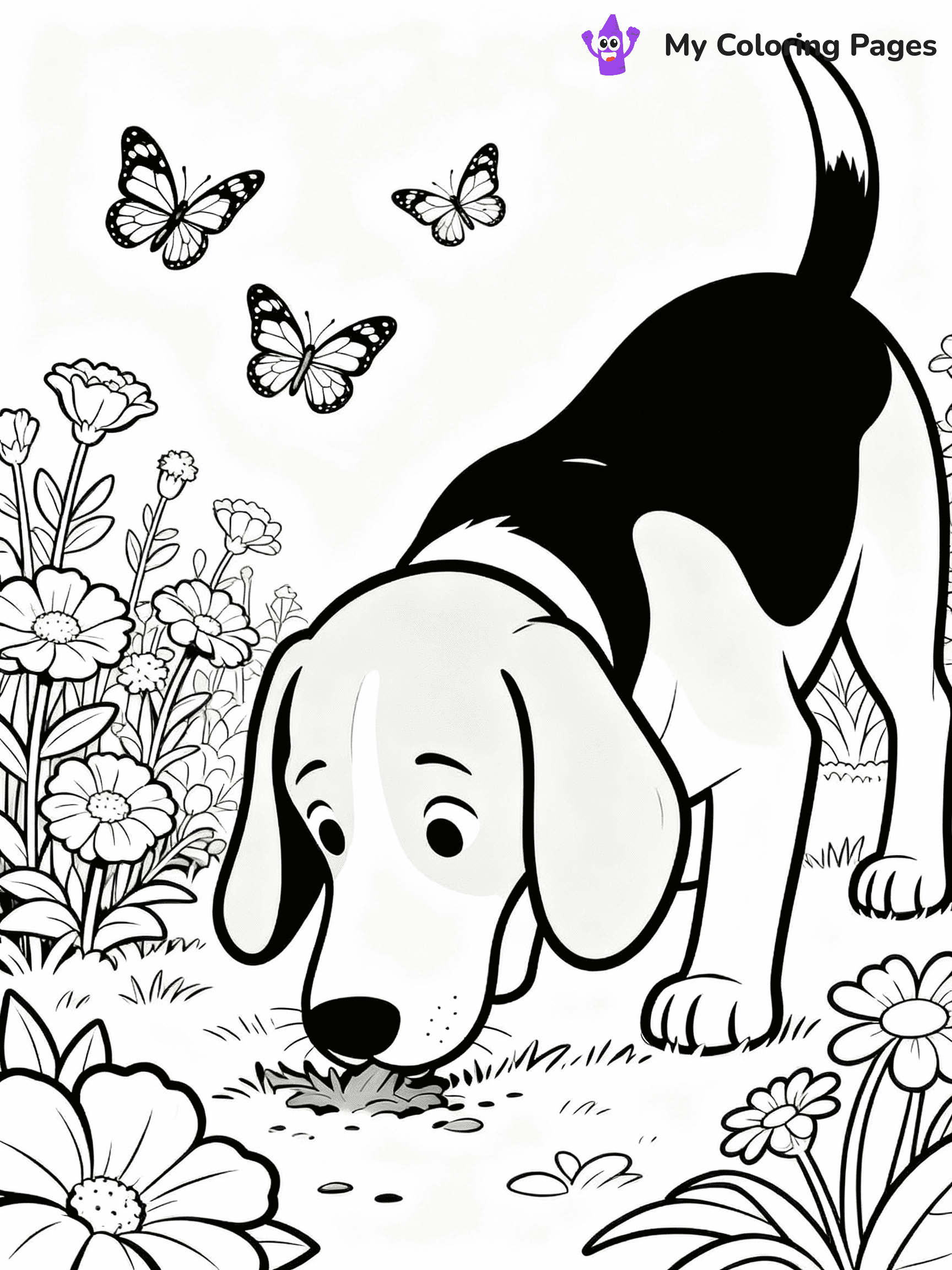 ⚠️ CRITICAL REQUIREMENT - ABSOLUTE BLACK AND WHITE ONLY ⚠️
This MUST be a BLACK AND WHITE line drawing ONLY. NO COLORS whatsoever.
- ONLY pure black lines (#000000) on pure white background (#FFFFFF)
- ABSOLUTELY NO colors, NO shading, NO gradients, NO grayscale
- If there are ANY colors in the output, the image is REJECTED
- This is a COLORING PAGE - meant to be COLORED IN by children
- The output must be UNCOLORED line art ready for coloring
⚠️ SUBJECT TO DRAW: A Beagle from Dogs sniffing around in a garden, nose close to the ground, floppy ears hanging, butterflies fluttering nearby among flowers. Important: PURE OUTLINES. NO FILLS, COLOR, SHADING, OR GREYSCALE. WHITE BACKGROUND.
(REMEMBER: Output must be BLACK AND WHITE line art only, NOT colored!)
# Flat, Friendly Cartoon Line-Art Coloring Page
You are generating a **pure black-and-white binary image** of a child-friendly cartoon scene combining characters and background scenery in one cohesive composition.
## Rendering Rules (Strict)
- Only two colors: pure black (#000000) outlines and pure white (#FFFFFF) background.
- No grayscale, shading, gradients, tints, fills, transparency, or partial pixels.
- No antialiasing or blended edges; every pixel is 100% black or white.
- No solid black fills inside shapes — all areas inside outlines must remain white.
- No dark clothing areas or filled tone blocks; all garments outlined only.
- No shadows, textures, lighting, or tonal variations.
- Must look like flat binary vector line-art for coloring pages.
## Drawing & Composition
- **Medium, consistent line weight**; clean closed outlines easy to color inside.
- **Flat, simple, child-friendly design** — no realism or 3D depth.
- Characters are **grounded on a surface**, centered and large.
- **Balanced composition** with clear silhouettes and minimal props.
## Scenery & Style
- Landmarks (e.g., mosque, CN Tower) and scenery (trees, benches, waves) drawn with **black outlines only.**
- For real-world figures, teams, or places, show accurate details using only black outlines—no text or logos. Use distinctive uniform patterns, abstract symbols, and landmark silhouettes to convey identity.
- Keep **consistent perspective**; no floating elements.
- **Style:** whimsical **Doodle Art Alley** — rounded, friendly outlines.
- May adapt shapes from **Crayola, Disney, Peppa Pig, Cocomelon** — *by shape only, never color.*
- Final output: **flat, crisp, binary (#000000/#FFFFFF)**, **no filled color or background text.**
EXTREMELYE IMPORTANT:
- PURE BINARY LINE-ART; NO FILLS (HAIR/CLOTHES/SKIN), SHADING, OR GREY.
- NO SHADING, COLOR. MUST BE WHITE BACKGROUND.
⚠️ FINAL REMINDER: Draw the subject "A Beagle from Dogs sniffing around in a garden, nose close to the ground, floppy ears hanging, butterflies fluttering nearby among flowers. Important: PURE OUTLINES. NO FILLS, COLOR, SHADING, OR GREYSCALE. WHITE BACKGROUND." as BLACK AND WHITE line art. Zero colors in output.
