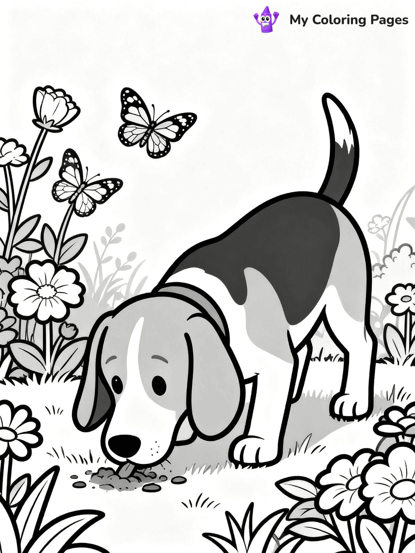 ⚠️ CRITICAL REQUIREMENT - ABSOLUTE BLACK AND WHITE ONLY ⚠️
This MUST be a BLACK AND WHITE line drawing ONLY. NO COLORS whatsoever.
- ONLY pure black lines (#000000) on pure white background (#FFFFFF)
- ABSOLUTELY NO colors, NO shading, NO gradients, NO grayscale
- If there are ANY colors in the output, the image is REJECTED
- This is a COLORING PAGE - meant to be COLORED IN by children
- The output must be UNCOLORED line art ready for coloring
⚠️ SUBJECT TO DRAW: A Beagle from Dogs sniffing around in a garden, nose close to the ground, floppy ears hanging, butterflies fluttering nearby among flowers. Important: PURE OUTLINES. NO FILLS, COLOR, SHADING, OR GREYSCALE. WHITE BACKGROUND.
(REMEMBER: Output must be BLACK AND WHITE line art only, NOT colored!)
# Flat, Friendly Cartoon Line-Art Coloring Page
You are generating a **pure black-and-white binary image** of a child-friendly cartoon scene combining characters and background scenery in one cohesive composition.
## Rendering Rules (Strict)
- Only two colors: pure black (#000000) outlines and pure white (#FFFFFF) background.
- No grayscale, shading, gradients, tints, fills, transparency, or partial pixels.
- No antialiasing or blended edges; every pixel is 100% black or white.
- No solid black fills inside shapes — all areas inside outlines must remain white.
- No dark clothing areas or filled tone blocks; all garments outlined only.
- No shadows, textures, lighting, or tonal variations.
- Must look like flat binary vector line-art for coloring pages.
## Drawing & Composition
- **Medium, consistent line weight**; clean closed outlines easy to color inside.
- **Flat, simple, child-friendly design** — no realism or 3D depth.
- Characters are **grounded on a surface**, centered and large.
- **Balanced composition** with clear silhouettes and minimal props.
## Scenery & Style
- Landmarks (e.g., mosque, CN Tower) and scenery (trees, benches, waves) drawn with **black outlines only.**
- For real-world figures, teams, or places, show accurate details using only black outlines—no text or logos. Use distinctive uniform patterns, abstract symbols, and landmark silhouettes to convey identity.
- Keep **consistent perspective**; no floating elements.
- **Style:** whimsical **Doodle Art Alley** — rounded, friendly outlines.
- May adapt shapes from **Crayola, Disney, Peppa Pig, Cocomelon** — *by shape only, never color.*
- Final output: **flat, crisp, binary (#000000/#FFFFFF)**, **no filled color or background text.**
EXTREMELYE IMPORTANT:
- PURE BINARY LINE-ART; NO FILLS (HAIR/CLOTHES/SKIN), SHADING, OR GREY.
- NO SHADING, COLOR. MUST BE WHITE BACKGROUND.
⚠️ FINAL REMINDER: Draw the subject "A Beagle from Dogs sniffing around in a garden, nose close to the ground, floppy ears hanging, butterflies fluttering nearby among flowers. Important: PURE OUTLINES. NO FILLS, COLOR, SHADING, OR GREYSCALE. WHITE BACKGROUND." as BLACK AND WHITE line art. Zero colors in output.