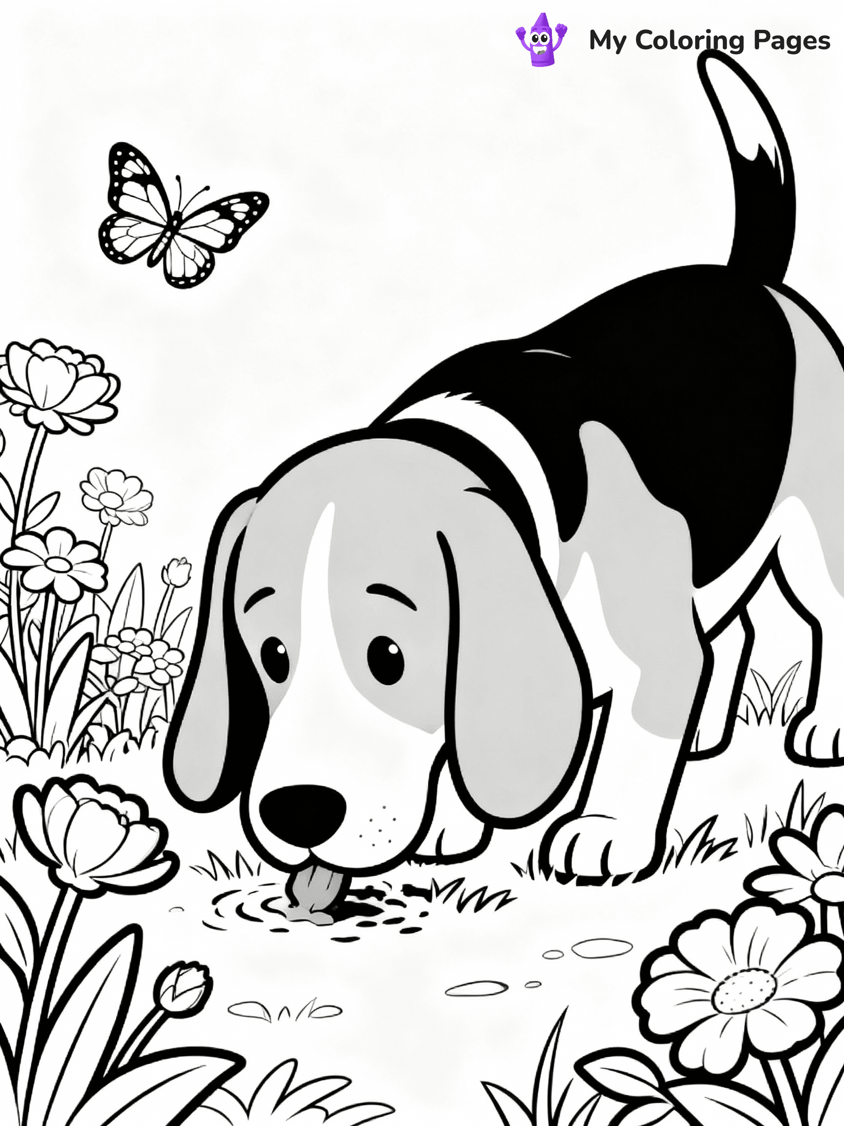 ⚠️ CRITICAL REQUIREMENT - ABSOLUTE BLACK AND WHITE ONLY ⚠️
This MUST be a BLACK AND WHITE line drawing ONLY. NO COLORS whatsoever.
- ONLY pure black lines (#000000) on pure white background (#FFFFFF)
- ABSOLUTELY NO colors, NO shading, NO gradients, NO grayscale
- If there are ANY colors in the output, the image is REJECTED
- This is a COLORING PAGE - meant to be COLORED IN by children
- The output must be UNCOLORED line art ready for coloring
⚠️ SUBJECT TO DRAW: A Beagle from Dogs sniffing around in a garden, nose close to the ground, floppy ears hanging, butterflies fluttering nearby among flowers. Important: PURE OUTLINES. NO FILLS, COLOR, SHADING, OR GREYSCALE. WHITE BACKGROUND.
(REMEMBER: Output must be BLACK AND WHITE line art only, NOT colored!)
# Flat, Friendly Cartoon Line-Art Coloring Page
You are generating a **pure black-and-white binary image** of a child-friendly cartoon scene combining characters and background scenery in one cohesive composition.
## Rendering Rules (Strict)
- Only two colors: pure black (#000000) outlines and pure white (#FFFFFF) background.
- No grayscale, shading, gradients, tints, fills, transparency, or partial pixels.
- No antialiasing or blended edges; every pixel is 100% black or white.
- No solid black fills inside shapes — all areas inside outlines must remain white.
- No dark clothing areas or filled tone blocks; all garments outlined only.
- No shadows, textures, lighting, or tonal variations.
- Must look like flat binary vector line-art for coloring pages.
## Drawing & Composition
- **Medium, consistent line weight**; clean closed outlines easy to color inside.
- **Flat, simple, child-friendly design** — no realism or 3D depth.
- Characters are **grounded on a surface**, centered and large.
- **Balanced composition** with clear silhouettes and minimal props.
## Scenery & Style
- Landmarks (e.g., mosque, CN Tower) and scenery (trees, benches, waves) drawn with **black outlines only.**
- For real-world figures, teams, or places, show accurate details using only black outlines—no text or logos. Use distinctive uniform patterns, abstract symbols, and landmark silhouettes to convey identity.
- Keep **consistent perspective**; no floating elements.
- **Style:** whimsical **Doodle Art Alley** — rounded, friendly outlines.
- May adapt shapes from **Crayola, Disney, Peppa Pig, Cocomelon** — *by shape only, never color.*
- Final output: **flat, crisp, binary (#000000/#FFFFFF)**, **no filled color or background text.**
EXTREMELYE IMPORTANT:
- PURE BINARY LINE-ART; NO FILLS (HAIR/CLOTHES/SKIN), SHADING, OR GREY.
- NO SHADING, COLOR. MUST BE WHITE BACKGROUND.
⚠️ FINAL REMINDER: Draw the subject "A Beagle from Dogs sniffing around in a garden, nose close to the ground, floppy ears hanging, butterflies fluttering nearby among flowers. Important: PURE OUTLINES. NO FILLS, COLOR, SHADING, OR GREYSCALE. WHITE BACKGROUND." as BLACK AND WHITE line art. Zero colors in output.