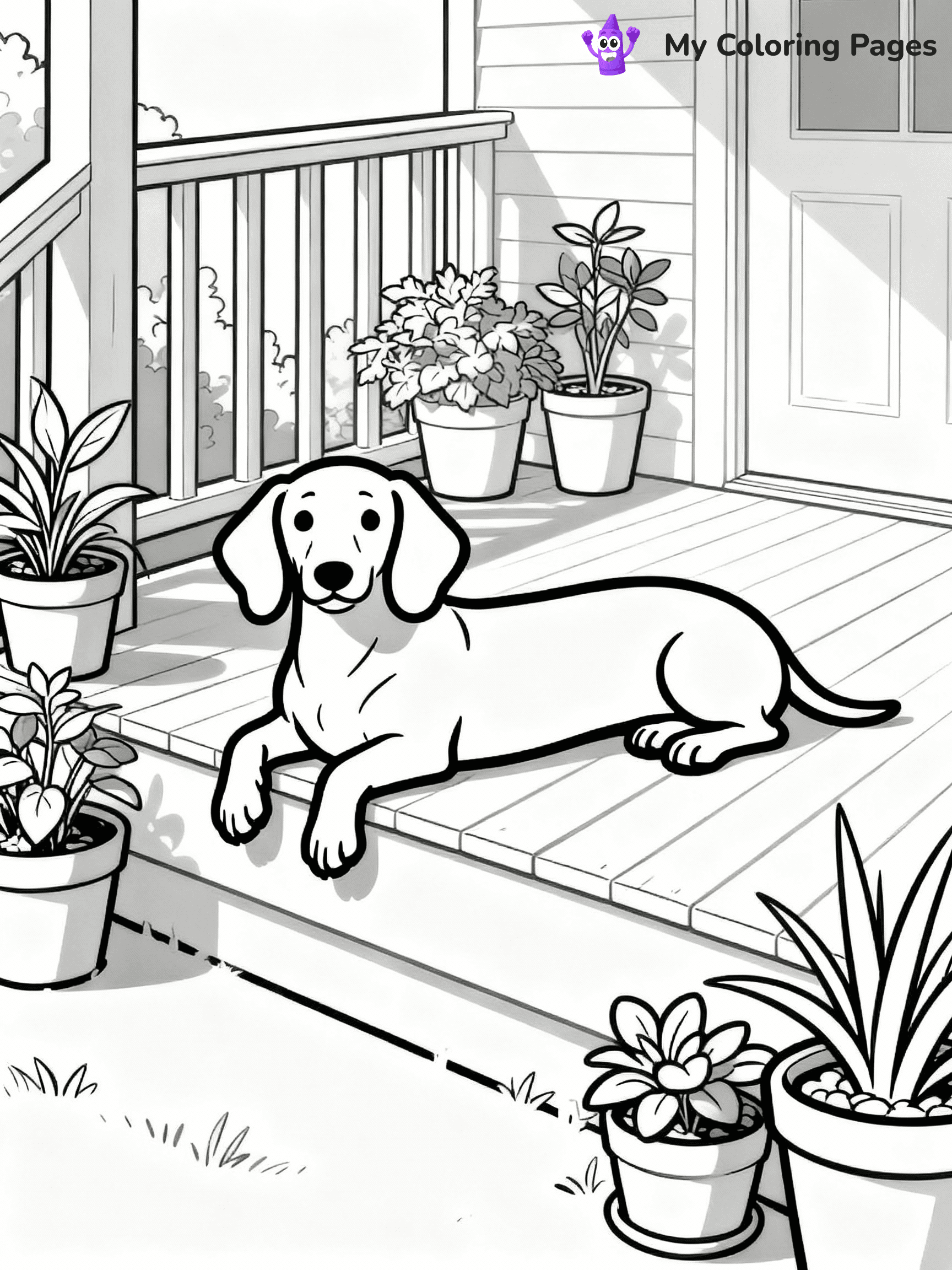 ⚠️ CRITICAL REQUIREMENT - ABSOLUTE BLACK AND WHITE ONLY ⚠️
This MUST be a BLACK AND WHITE line drawing ONLY. NO COLORS whatsoever.
- ONLY pure black lines (#000000) on pure white background (#FFFFFF)
- ABSOLUTELY NO colors, NO shading, NO gradients, NO grayscale
- If there are ANY colors in the output, the image is REJECTED
- This is a COLORING PAGE - meant to be COLORED IN by children
- The output must be UNCOLORED line art ready for coloring
⚠️ SUBJECT TO DRAW: A Dachshund from Dogs lounging on a sunny porch, long body stretched out, paws hanging off the edge, plants in pots surrounding the scene. Important: PURE OUTLINES. NO FILLS, COLOR, SHADING, OR GREYSCALE. WHITE BACKGROUND.
(REMEMBER: Output must be BLACK AND WHITE line art only, NOT colored!)
# Flat, Friendly Cartoon Line-Art Coloring Page
You are generating a **pure black-and-white binary image** of a child-friendly cartoon scene combining characters and background scenery in one cohesive composition.
## Rendering Rules (Strict)
- Only two colors: pure black (#000000) outlines and pure white (#FFFFFF) background.
- No grayscale, shading, gradients, tints, fills, transparency, or partial pixels.
- No antialiasing or blended edges; every pixel is 100% black or white.
- No solid black fills inside shapes — all areas inside outlines must remain white.
- No dark clothing areas or filled tone blocks; all garments outlined only.
- No shadows, textures, lighting, or tonal variations.
- Must look like flat binary vector line-art for coloring pages.
## Drawing & Composition
- **Medium, consistent line weight**; clean closed outlines easy to color inside.
- **Flat, simple, child-friendly design** — no realism or 3D depth.
- Characters are **grounded on a surface**, centered and large.
- **Balanced composition** with clear silhouettes and minimal props.
## Scenery & Style
- Landmarks (e.g., mosque, CN Tower) and scenery (trees, benches, waves) drawn with **black outlines only.**
- For real-world figures, teams, or places, show accurate details using only black outlines—no text or logos. Use distinctive uniform patterns, abstract symbols, and landmark silhouettes to convey identity.
- Keep **consistent perspective**; no floating elements.
- **Style:** whimsical **Doodle Art Alley** — rounded, friendly outlines.
- May adapt shapes from **Crayola, Disney, Peppa Pig, Cocomelon** — *by shape only, never color.*
- Final output: **flat, crisp, binary (#000000/#FFFFFF)**, **no filled color or background text.**
EXTREMELYE IMPORTANT:
- PURE BINARY LINE-ART; NO FILLS (HAIR/CLOTHES/SKIN), SHADING, OR GREY.
- NO SHADING, COLOR. MUST BE WHITE BACKGROUND.
⚠️ FINAL REMINDER: Draw the subject "A Dachshund from Dogs lounging on a sunny porch, long body stretched out, paws hanging off the edge, plants in pots surrounding the scene. Important: PURE OUTLINES. NO FILLS, COLOR, SHADING, OR GREYSCALE. WHITE BACKGROUND." as BLACK AND WHITE line art. Zero colors in output.