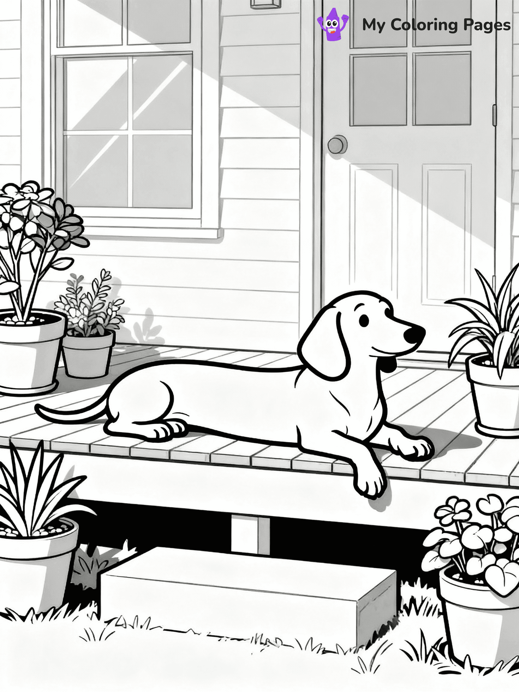 ⚠️ CRITICAL REQUIREMENT - ABSOLUTE BLACK AND WHITE ONLY ⚠️
This MUST be a BLACK AND WHITE line drawing ONLY. NO COLORS whatsoever.
- ONLY pure black lines (#000000) on pure white background (#FFFFFF)
- ABSOLUTELY NO colors, NO shading, NO gradients, NO grayscale
- If there are ANY colors in the output, the image is REJECTED
- This is a COLORING PAGE - meant to be COLORED IN by children
- The output must be UNCOLORED line art ready for coloring
⚠️ SUBJECT TO DRAW: A Dachshund from Dogs lounging on a sunny porch, long body stretched out, paws hanging off the edge, plants in pots surrounding the scene. Important: PURE OUTLINES. NO FILLS, COLOR, SHADING, OR GREYSCALE. WHITE BACKGROUND.
(REMEMBER: Output must be BLACK AND WHITE line art only, NOT colored!)
# Flat, Friendly Cartoon Line-Art Coloring Page
You are generating a **pure black-and-white binary image** of a child-friendly cartoon scene combining characters and background scenery in one cohesive composition.
## Rendering Rules (Strict)
- Only two colors: pure black (#000000) outlines and pure white (#FFFFFF) background.
- No grayscale, shading, gradients, tints, fills, transparency, or partial pixels.
- No antialiasing or blended edges; every pixel is 100% black or white.
- No solid black fills inside shapes — all areas inside outlines must remain white.
- No dark clothing areas or filled tone blocks; all garments outlined only.
- No shadows, textures, lighting, or tonal variations.
- Must look like flat binary vector line-art for coloring pages.
## Drawing & Composition
- **Medium, consistent line weight**; clean closed outlines easy to color inside.
- **Flat, simple, child-friendly design** — no realism or 3D depth.
- Characters are **grounded on a surface**, centered and large.
- **Balanced composition** with clear silhouettes and minimal props.
## Scenery & Style
- Landmarks (e.g., mosque, CN Tower) and scenery (trees, benches, waves) drawn with **black outlines only.**
- For real-world figures, teams, or places, show accurate details using only black outlines—no text or logos. Use distinctive uniform patterns, abstract symbols, and landmark silhouettes to convey identity.
- Keep **consistent perspective**; no floating elements.
- **Style:** whimsical **Doodle Art Alley** — rounded, friendly outlines.
- May adapt shapes from **Crayola, Disney, Peppa Pig, Cocomelon** — *by shape only, never color.*
- Final output: **flat, crisp, binary (#000000/#FFFFFF)**, **no filled color or background text.**
EXTREMELYE IMPORTANT:
- PURE BINARY LINE-ART; NO FILLS (HAIR/CLOTHES/SKIN), SHADING, OR GREY.
- NO SHADING, COLOR. MUST BE WHITE BACKGROUND.
⚠️ FINAL REMINDER: Draw the subject "A Dachshund from Dogs lounging on a sunny porch, long body stretched out, paws hanging off the edge, plants in pots surrounding the scene. Important: PURE OUTLINES. NO FILLS, COLOR, SHADING, OR GREYSCALE. WHITE BACKGROUND." as BLACK AND WHITE line art. Zero colors in output.