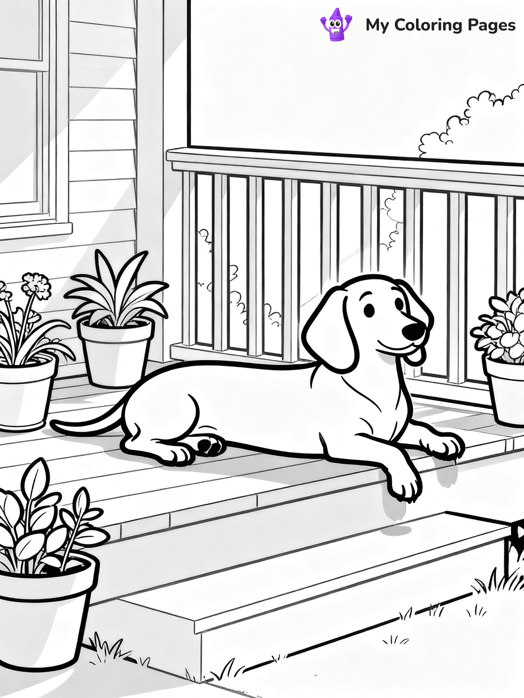 ⚠️ CRITICAL REQUIREMENT - ABSOLUTE BLACK AND WHITE ONLY ⚠️
This MUST be a BLACK AND WHITE line drawing ONLY. NO COLORS whatsoever.
- ONLY pure black lines (#000000) on pure white background (#FFFFFF)
- ABSOLUTELY NO colors, NO shading, NO gradients, NO grayscale
- If there are ANY colors in the output, the image is REJECTED
- This is a COLORING PAGE - meant to be COLORED IN by children
- The output must be UNCOLORED line art ready for coloring
⚠️ SUBJECT TO DRAW: A Dachshund from Dogs lounging on a sunny porch, long body stretched out, paws hanging off the edge, plants in pots surrounding the scene. Important: PURE OUTLINES. NO FILLS, COLOR, SHADING, OR GREYSCALE. WHITE BACKGROUND.
(REMEMBER: Output must be BLACK AND WHITE line art only, NOT colored!)
# Flat, Friendly Cartoon Line-Art Coloring Page
You are generating a **pure black-and-white binary image** of a child-friendly cartoon scene combining characters and background scenery in one cohesive composition.
## Rendering Rules (Strict)
- Only two colors: pure black (#000000) outlines and pure white (#FFFFFF) background.
- No grayscale, shading, gradients, tints, fills, transparency, or partial pixels.
- No antialiasing or blended edges; every pixel is 100% black or white.
- No solid black fills inside shapes — all areas inside outlines must remain white.
- No dark clothing areas or filled tone blocks; all garments outlined only.
- No shadows, textures, lighting, or tonal variations.
- Must look like flat binary vector line-art for coloring pages.
## Drawing & Composition
- **Medium, consistent line weight**; clean closed outlines easy to color inside.
- **Flat, simple, child-friendly design** — no realism or 3D depth.
- Characters are **grounded on a surface**, centered and large.
- **Balanced composition** with clear silhouettes and minimal props.
## Scenery & Style
- Landmarks (e.g., mosque, CN Tower) and scenery (trees, benches, waves) drawn with **black outlines only.**
- For real-world figures, teams, or places, show accurate details using only black outlines—no text or logos. Use distinctive uniform patterns, abstract symbols, and landmark silhouettes to convey identity.
- Keep **consistent perspective**; no floating elements.
- **Style:** whimsical **Doodle Art Alley** — rounded, friendly outlines.
- May adapt shapes from **Crayola, Disney, Peppa Pig, Cocomelon** — *by shape only, never color.*
- Final output: **flat, crisp, binary (#000000/#FFFFFF)**, **no filled color or background text.**
EXTREMELYE IMPORTANT:
- PURE BINARY LINE-ART; NO FILLS (HAIR/CLOTHES/SKIN), SHADING, OR GREY.
- NO SHADING, COLOR. MUST BE WHITE BACKGROUND.
⚠️ FINAL REMINDER: Draw the subject "A Dachshund from Dogs lounging on a sunny porch, long body stretched out, paws hanging off the edge, plants in pots surrounding the scene. Important: PURE OUTLINES. NO FILLS, COLOR, SHADING, OR GREYSCALE. WHITE BACKGROUND." as BLACK AND WHITE line art. Zero colors in output.