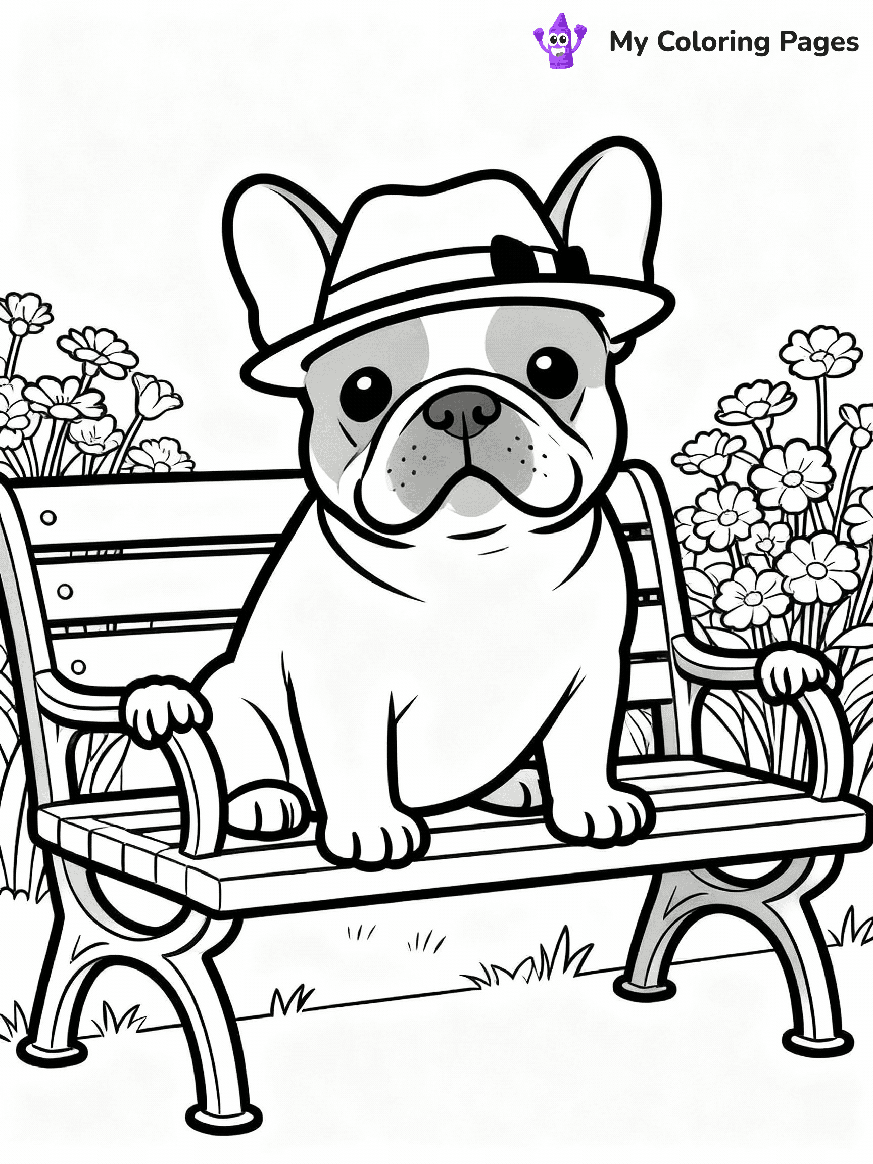 ⚠️ CRITICAL REQUIREMENT - ABSOLUTE BLACK AND WHITE ONLY ⚠️
This MUST be a BLACK AND WHITE line drawing ONLY. NO COLORS whatsoever.
- ONLY pure black lines (#000000) on pure white background (#FFFFFF)
- ABSOLUTELY NO colors, NO shading, NO gradients, NO grayscale
- If there are ANY colors in the output, the image is REJECTED
- This is a COLORING PAGE - meant to be COLORED IN by children
- The output must be UNCOLORED line art ready for coloring
⚠️ SUBJECT TO DRAW: A French Bulldog from Dogs wearing a stylish hat, sitting on a park bench, paws resting on the armrests, flowers blooming in the background. Important: PURE OUTLINES. NO FILLS, COLOR, SHADING, OR GREYSCALE. WHITE BACKGROUND.
(REMEMBER: Output must be BLACK AND WHITE line art only, NOT colored!)
# Flat, Friendly Cartoon Line-Art Coloring Page
You are generating a **pure black-and-white binary image** of a child-friendly cartoon scene combining characters and background scenery in one cohesive composition.
## Rendering Rules (Strict)
- Only two colors: pure black (#000000) outlines and pure white (#FFFFFF) background.
- No grayscale, shading, gradients, tints, fills, transparency, or partial pixels.
- No antialiasing or blended edges; every pixel is 100% black or white.
- No solid black fills inside shapes — all areas inside outlines must remain white.
- No dark clothing areas or filled tone blocks; all garments outlined only.
- No shadows, textures, lighting, or tonal variations.
- Must look like flat binary vector line-art for coloring pages.
## Drawing & Composition
- **Medium, consistent line weight**; clean closed outlines easy to color inside.
- **Flat, simple, child-friendly design** — no realism or 3D depth.
- Characters are **grounded on a surface**, centered and large.
- **Balanced composition** with clear silhouettes and minimal props.
## Scenery & Style
- Landmarks (e.g., mosque, CN Tower) and scenery (trees, benches, waves) drawn with **black outlines only.**
- For real-world figures, teams, or places, show accurate details using only black outlines—no text or logos. Use distinctive uniform patterns, abstract symbols, and landmark silhouettes to convey identity.
- Keep **consistent perspective**; no floating elements.
- **Style:** whimsical **Doodle Art Alley** — rounded, friendly outlines.
- May adapt shapes from **Crayola, Disney, Peppa Pig, Cocomelon** — *by shape only, never color.*
- Final output: **flat, crisp, binary (#000000/#FFFFFF)**, **no filled color or background text.**
EXTREMELYE IMPORTANT:
- PURE BINARY LINE-ART; NO FILLS (HAIR/CLOTHES/SKIN), SHADING, OR GREY.
- NO SHADING, COLOR. MUST BE WHITE BACKGROUND.
⚠️ FINAL REMINDER: Draw the subject "A French Bulldog from Dogs wearing a stylish hat, sitting on a park bench, paws resting on the armrests, flowers blooming in the background. Important: PURE OUTLINES. NO FILLS, COLOR, SHADING, OR GREYSCALE. WHITE BACKGROUND." as BLACK AND WHITE line art. Zero colors in output.