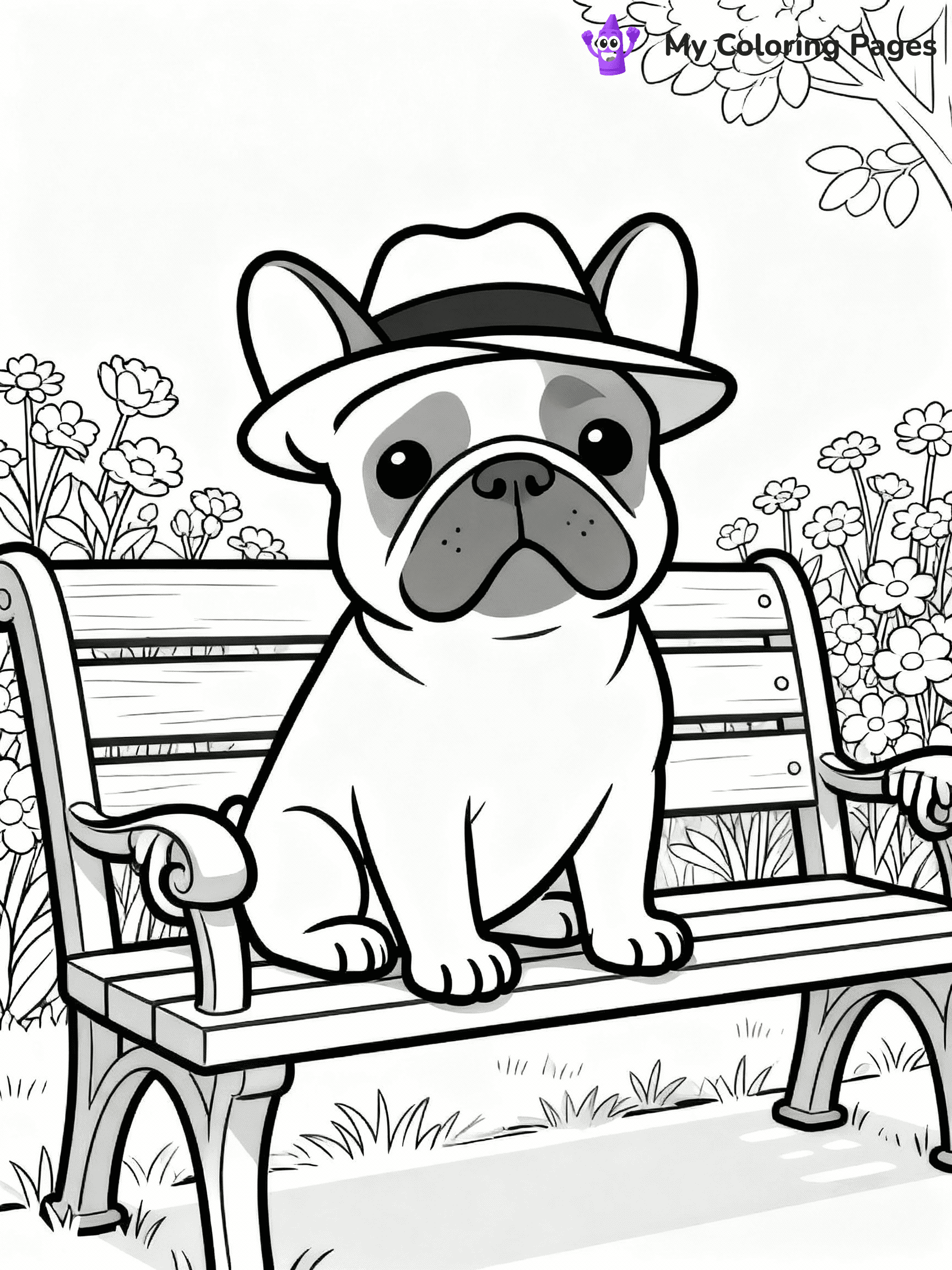 ⚠️ CRITICAL REQUIREMENT - ABSOLUTE BLACK AND WHITE ONLY ⚠️
This MUST be a BLACK AND WHITE line drawing ONLY. NO COLORS whatsoever.
- ONLY pure black lines (#000000) on pure white background (#FFFFFF)
- ABSOLUTELY NO colors, NO shading, NO gradients, NO grayscale
- If there are ANY colors in the output, the image is REJECTED
- This is a COLORING PAGE - meant to be COLORED IN by children
- The output must be UNCOLORED line art ready for coloring
⚠️ SUBJECT TO DRAW: A French Bulldog from Dogs wearing a stylish hat, sitting on a park bench, paws resting on the armrests, flowers blooming in the background. Important: PURE OUTLINES. NO FILLS, COLOR, SHADING, OR GREYSCALE. WHITE BACKGROUND.
(REMEMBER: Output must be BLACK AND WHITE line art only, NOT colored!)
# Flat, Friendly Cartoon Line-Art Coloring Page
You are generating a **pure black-and-white binary image** of a child-friendly cartoon scene combining characters and background scenery in one cohesive composition.
## Rendering Rules (Strict)
- Only two colors: pure black (#000000) outlines and pure white (#FFFFFF) background.
- No grayscale, shading, gradients, tints, fills, transparency, or partial pixels.
- No antialiasing or blended edges; every pixel is 100% black or white.
- No solid black fills inside shapes — all areas inside outlines must remain white.
- No dark clothing areas or filled tone blocks; all garments outlined only.
- No shadows, textures, lighting, or tonal variations.
- Must look like flat binary vector line-art for coloring pages.
## Drawing & Composition
- **Medium, consistent line weight**; clean closed outlines easy to color inside.
- **Flat, simple, child-friendly design** — no realism or 3D depth.
- Characters are **grounded on a surface**, centered and large.
- **Balanced composition** with clear silhouettes and minimal props.
## Scenery & Style
- Landmarks (e.g., mosque, CN Tower) and scenery (trees, benches, waves) drawn with **black outlines only.**
- For real-world figures, teams, or places, show accurate details using only black outlines—no text or logos. Use distinctive uniform patterns, abstract symbols, and landmark silhouettes to convey identity.
- Keep **consistent perspective**; no floating elements.
- **Style:** whimsical **Doodle Art Alley** — rounded, friendly outlines.
- May adapt shapes from **Crayola, Disney, Peppa Pig, Cocomelon** — *by shape only, never color.*
- Final output: **flat, crisp, binary (#000000/#FFFFFF)**, **no filled color or background text.**
EXTREMELYE IMPORTANT:
- PURE BINARY LINE-ART; NO FILLS (HAIR/CLOTHES/SKIN), SHADING, OR GREY.
- NO SHADING, COLOR. MUST BE WHITE BACKGROUND.
⚠️ FINAL REMINDER: Draw the subject "A French Bulldog from Dogs wearing a stylish hat, sitting on a park bench, paws resting on the armrests, flowers blooming in the background. Important: PURE OUTLINES. NO FILLS, COLOR, SHADING, OR GREYSCALE. WHITE BACKGROUND." as BLACK AND WHITE line art. Zero colors in output.