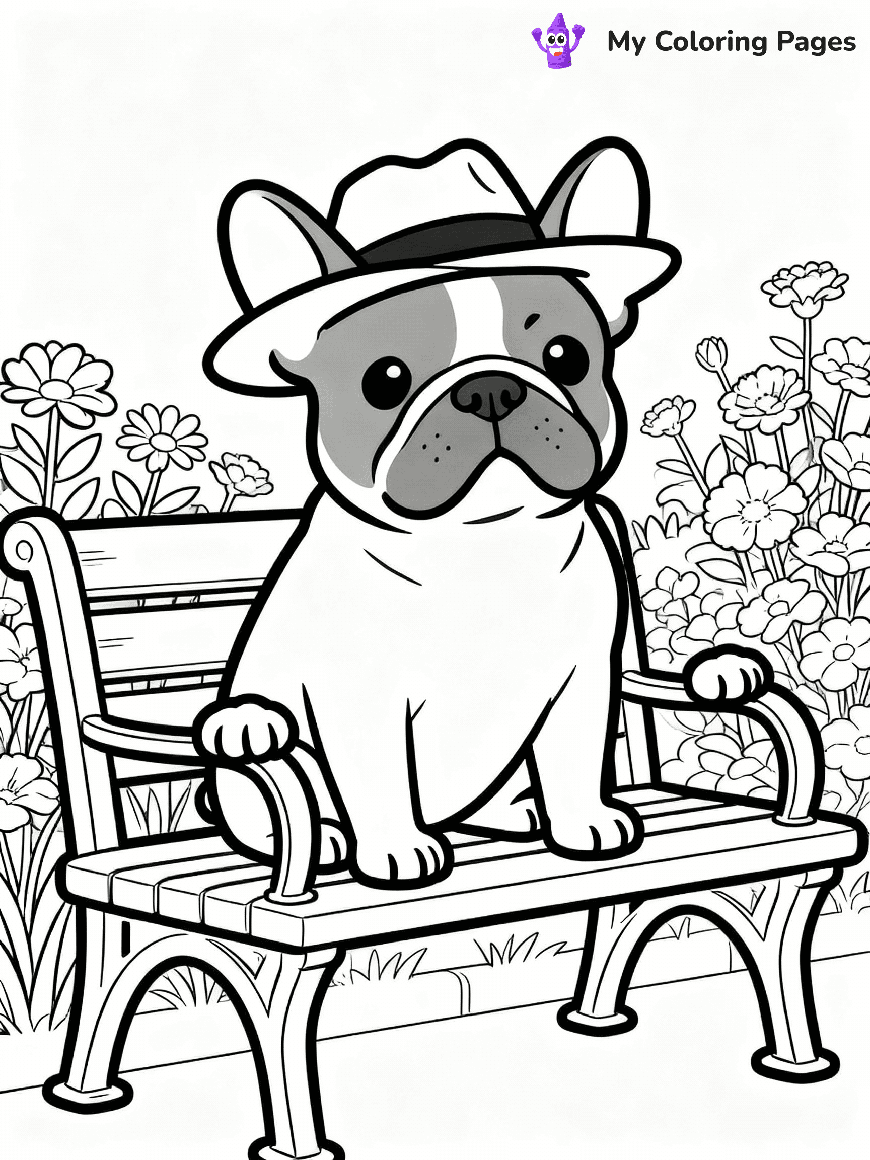 ⚠️ CRITICAL REQUIREMENT - ABSOLUTE BLACK AND WHITE ONLY ⚠️
This MUST be a BLACK AND WHITE line drawing ONLY. NO COLORS whatsoever.
- ONLY pure black lines (#000000) on pure white background (#FFFFFF)
- ABSOLUTELY NO colors, NO shading, NO gradients, NO grayscale
- If there are ANY colors in the output, the image is REJECTED
- This is a COLORING PAGE - meant to be COLORED IN by children
- The output must be UNCOLORED line art ready for coloring
⚠️ SUBJECT TO DRAW: A French Bulldog from Dogs wearing a stylish hat, sitting on a park bench, paws resting on the armrests, flowers blooming in the background. Important: PURE OUTLINES. NO FILLS, COLOR, SHADING, OR GREYSCALE. WHITE BACKGROUND.
(REMEMBER: Output must be BLACK AND WHITE line art only, NOT colored!)
# Flat, Friendly Cartoon Line-Art Coloring Page
You are generating a **pure black-and-white binary image** of a child-friendly cartoon scene combining characters and background scenery in one cohesive composition.
## Rendering Rules (Strict)
- Only two colors: pure black (#000000) outlines and pure white (#FFFFFF) background.
- No grayscale, shading, gradients, tints, fills, transparency, or partial pixels.
- No antialiasing or blended edges; every pixel is 100% black or white.
- No solid black fills inside shapes — all areas inside outlines must remain white.
- No dark clothing areas or filled tone blocks; all garments outlined only.
- No shadows, textures, lighting, or tonal variations.
- Must look like flat binary vector line-art for coloring pages.
## Drawing & Composition
- **Medium, consistent line weight**; clean closed outlines easy to color inside.
- **Flat, simple, child-friendly design** — no realism or 3D depth.
- Characters are **grounded on a surface**, centered and large.
- **Balanced composition** with clear silhouettes and minimal props.
## Scenery & Style
- Landmarks (e.g., mosque, CN Tower) and scenery (trees, benches, waves) drawn with **black outlines only.**
- For real-world figures, teams, or places, show accurate details using only black outlines—no text or logos. Use distinctive uniform patterns, abstract symbols, and landmark silhouettes to convey identity.
- Keep **consistent perspective**; no floating elements.
- **Style:** whimsical **Doodle Art Alley** — rounded, friendly outlines.
- May adapt shapes from **Crayola, Disney, Peppa Pig, Cocomelon** — *by shape only, never color.*
- Final output: **flat, crisp, binary (#000000/#FFFFFF)**, **no filled color or background text.**
EXTREMELYE IMPORTANT:
- PURE BINARY LINE-ART; NO FILLS (HAIR/CLOTHES/SKIN), SHADING, OR GREY.
- NO SHADING, COLOR. MUST BE WHITE BACKGROUND.
⚠️ FINAL REMINDER: Draw the subject "A French Bulldog from Dogs wearing a stylish hat, sitting on a park bench, paws resting on the armrests, flowers blooming in the background. Important: PURE OUTLINES. NO FILLS, COLOR, SHADING, OR GREYSCALE. WHITE BACKGROUND." as BLACK AND WHITE line art. Zero colors in output.