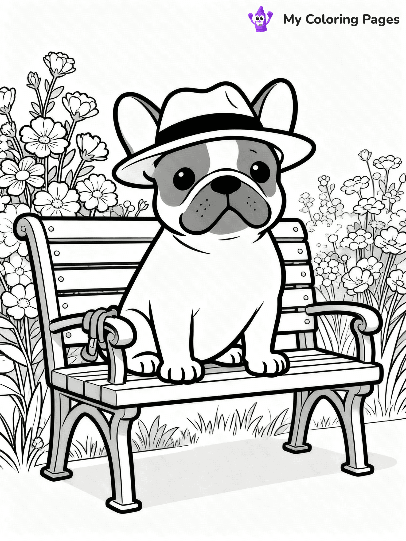 ⚠️ CRITICAL REQUIREMENT - ABSOLUTE BLACK AND WHITE ONLY ⚠️
This MUST be a BLACK AND WHITE line drawing ONLY. NO COLORS whatsoever.
- ONLY pure black lines (#000000) on pure white background (#FFFFFF)
- ABSOLUTELY NO colors, NO shading, NO gradients, NO grayscale
- If there are ANY colors in the output, the image is REJECTED
- This is a COLORING PAGE - meant to be COLORED IN by children
- The output must be UNCOLORED line art ready for coloring
⚠️ SUBJECT TO DRAW: A French Bulldog from Dogs wearing a stylish hat, sitting on a park bench, paws resting on the armrests, flowers blooming in the background. Important: PURE OUTLINES. NO FILLS, COLOR, SHADING, OR GREYSCALE. WHITE BACKGROUND.
(REMEMBER: Output must be BLACK AND WHITE line art only, NOT colored!)
# Flat, Friendly Cartoon Line-Art Coloring Page
You are generating a **pure black-and-white binary image** of a child-friendly cartoon scene combining characters and background scenery in one cohesive composition.
## Rendering Rules (Strict)
- Only two colors: pure black (#000000) outlines and pure white (#FFFFFF) background.
- No grayscale, shading, gradients, tints, fills, transparency, or partial pixels.
- No antialiasing or blended edges; every pixel is 100% black or white.
- No solid black fills inside shapes — all areas inside outlines must remain white.
- No dark clothing areas or filled tone blocks; all garments outlined only.
- No shadows, textures, lighting, or tonal variations.
- Must look like flat binary vector line-art for coloring pages.
## Drawing & Composition
- **Medium, consistent line weight**; clean closed outlines easy to color inside.
- **Flat, simple, child-friendly design** — no realism or 3D depth.
- Characters are **grounded on a surface**, centered and large.
- **Balanced composition** with clear silhouettes and minimal props.
## Scenery & Style
- Landmarks (e.g., mosque, CN Tower) and scenery (trees, benches, waves) drawn with **black outlines only.**
- For real-world figures, teams, or places, show accurate details using only black outlines—no text or logos. Use distinctive uniform patterns, abstract symbols, and landmark silhouettes to convey identity.
- Keep **consistent perspective**; no floating elements.
- **Style:** whimsical **Doodle Art Alley** — rounded, friendly outlines.
- May adapt shapes from **Crayola, Disney, Peppa Pig, Cocomelon** — *by shape only, never color.*
- Final output: **flat, crisp, binary (#000000/#FFFFFF)**, **no filled color or background text.**
EXTREMELYE IMPORTANT:
- PURE BINARY LINE-ART; NO FILLS (HAIR/CLOTHES/SKIN), SHADING, OR GREY.
- NO SHADING, COLOR. MUST BE WHITE BACKGROUND.
⚠️ FINAL REMINDER: Draw the subject "A French Bulldog from Dogs wearing a stylish hat, sitting on a park bench, paws resting on the armrests, flowers blooming in the background. Important: PURE OUTLINES. NO FILLS, COLOR, SHADING, OR GREYSCALE. WHITE BACKGROUND." as BLACK AND WHITE line art. Zero colors in output.