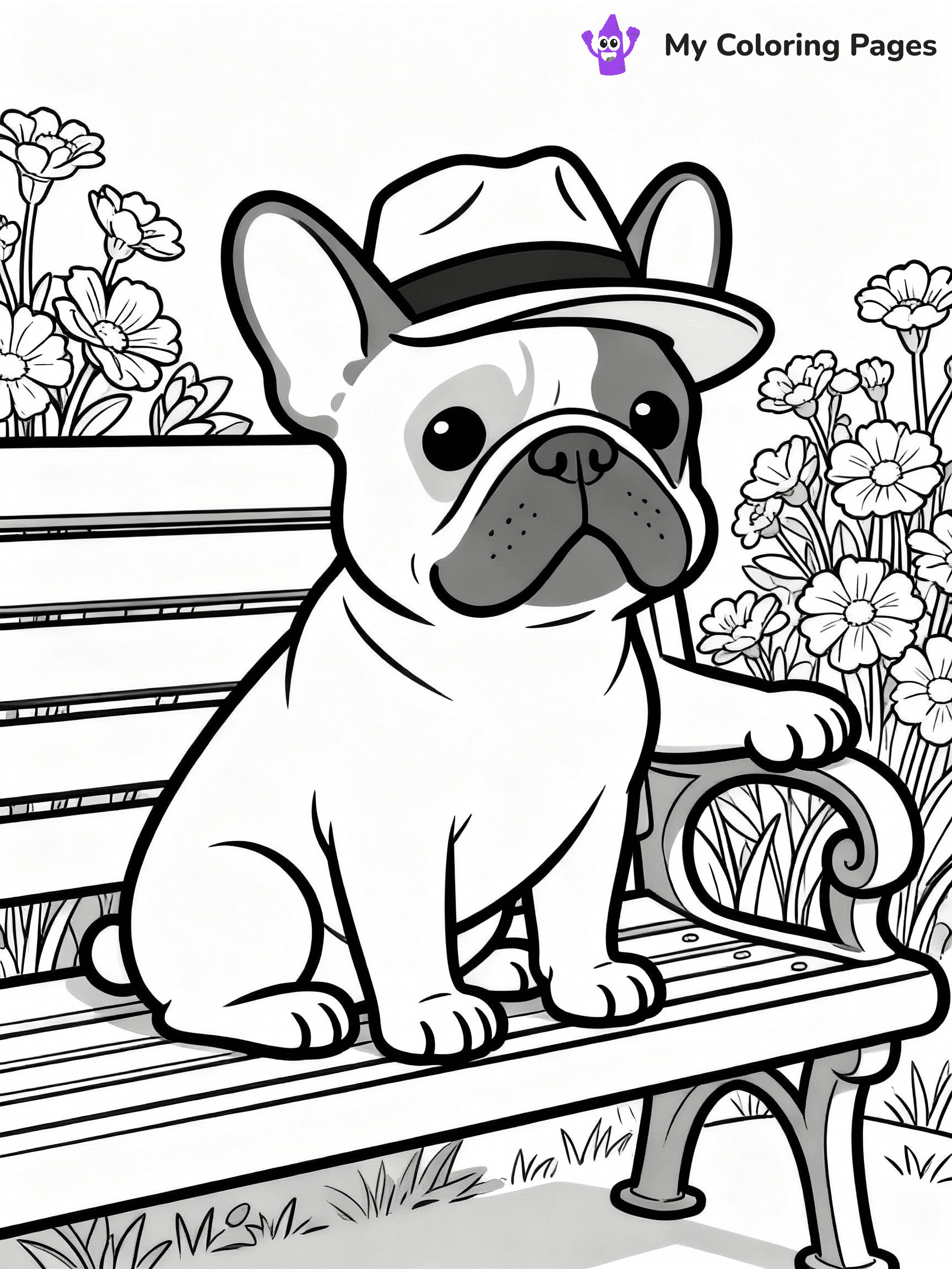 ⚠️ CRITICAL REQUIREMENT - ABSOLUTE BLACK AND WHITE ONLY ⚠️
This MUST be a BLACK AND WHITE line drawing ONLY. NO COLORS whatsoever.
- ONLY pure black lines (#000000) on pure white background (#FFFFFF)
- ABSOLUTELY NO colors, NO shading, NO gradients, NO grayscale
- If there are ANY colors in the output, the image is REJECTED
- This is a COLORING PAGE - meant to be COLORED IN by children
- The output must be UNCOLORED line art ready for coloring
⚠️ SUBJECT TO DRAW: A French Bulldog from Dogs wearing a stylish hat, sitting on a park bench, paws resting on the armrests, flowers blooming in the background. Important: PURE OUTLINES. NO FILLS, COLOR, SHADING, OR GREYSCALE. WHITE BACKGROUND.
(REMEMBER: Output must be BLACK AND WHITE line art only, NOT colored!)
# Flat, Friendly Cartoon Line-Art Coloring Page
You are generating a **pure black-and-white binary image** of a child-friendly cartoon scene combining characters and background scenery in one cohesive composition.
## Rendering Rules (Strict)
- Only two colors: pure black (#000000) outlines and pure white (#FFFFFF) background.
- No grayscale, shading, gradients, tints, fills, transparency, or partial pixels.
- No antialiasing or blended edges; every pixel is 100% black or white.
- No solid black fills inside shapes — all areas inside outlines must remain white.
- No dark clothing areas or filled tone blocks; all garments outlined only.
- No shadows, textures, lighting, or tonal variations.
- Must look like flat binary vector line-art for coloring pages.
## Drawing & Composition
- **Medium, consistent line weight**; clean closed outlines easy to color inside.
- **Flat, simple, child-friendly design** — no realism or 3D depth.
- Characters are **grounded on a surface**, centered and large.
- **Balanced composition** with clear silhouettes and minimal props.
## Scenery & Style
- Landmarks (e.g., mosque, CN Tower) and scenery (trees, benches, waves) drawn with **black outlines only.**
- For real-world figures, teams, or places, show accurate details using only black outlines—no text or logos. Use distinctive uniform patterns, abstract symbols, and landmark silhouettes to convey identity.
- Keep **consistent perspective**; no floating elements.
- **Style:** whimsical **Doodle Art Alley** — rounded, friendly outlines.
- May adapt shapes from **Crayola, Disney, Peppa Pig, Cocomelon** — *by shape only, never color.*
- Final output: **flat, crisp, binary (#000000/#FFFFFF)**, **no filled color or background text.**
EXTREMELYE IMPORTANT:
- PURE BINARY LINE-ART; NO FILLS (HAIR/CLOTHES/SKIN), SHADING, OR GREY.
- NO SHADING, COLOR. MUST BE WHITE BACKGROUND.
⚠️ FINAL REMINDER: Draw the subject "A French Bulldog from Dogs wearing a stylish hat, sitting on a park bench, paws resting on the armrests, flowers blooming in the background. Important: PURE OUTLINES. NO FILLS, COLOR, SHADING, OR GREYSCALE. WHITE BACKGROUND." as BLACK AND WHITE line art. Zero colors in output.