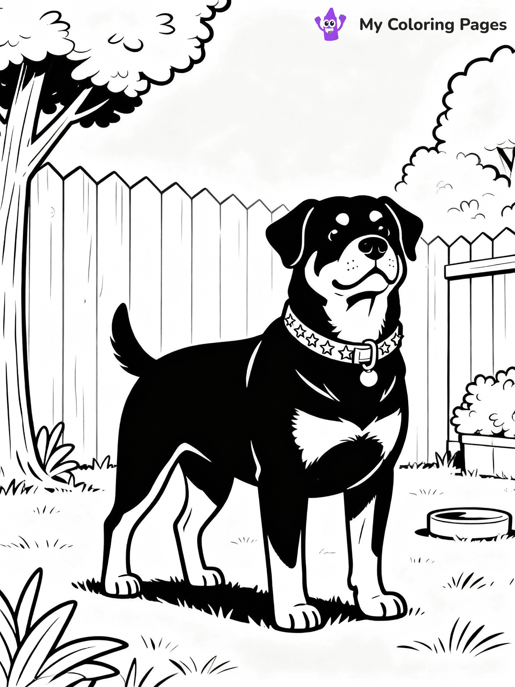 ⚠️ CRITICAL REQUIREMENT - ABSOLUTE BLACK AND WHITE ONLY ⚠️
This MUST be a BLACK AND WHITE line drawing ONLY. NO COLORS whatsoever.
- ONLY pure black lines (#000000) on pure white background (#FFFFFF)
- ABSOLUTELY NO colors, NO shading, NO gradients, NO grayscale
- If there are ANY colors in the output, the image is REJECTED
- This is a COLORING PAGE - meant to be COLORED IN by children
- The output must be UNCOLORED line art ready for coloring
⚠️ SUBJECT TO DRAW: A Rottweiler from Dogs guarding a backyard, standing tall with a proud stance, collar glinting in sunlight, fence and trees framing the scene. Important: PURE OUTLINES. NO FILLS, COLOR, SHADING, OR GREYSCALE. WHITE BACKGROUND.
(REMEMBER: Output must be BLACK AND WHITE line art only, NOT colored!)
# Flat, Friendly Cartoon Line-Art Coloring Page
You are generating a **pure black-and-white binary image** of a child-friendly cartoon scene combining characters and background scenery in one cohesive composition.
## Rendering Rules (Strict)
- Only two colors: pure black (#000000) outlines and pure white (#FFFFFF) background.
- No grayscale, shading, gradients, tints, fills, transparency, or partial pixels.
- No antialiasing or blended edges; every pixel is 100% black or white.
- No solid black fills inside shapes — all areas inside outlines must remain white.
- No dark clothing areas or filled tone blocks; all garments outlined only.
- No shadows, textures, lighting, or tonal variations.
- Must look like flat binary vector line-art for coloring pages.
## Drawing & Composition
- **Medium, consistent line weight**; clean closed outlines easy to color inside.
- **Flat, simple, child-friendly design** — no realism or 3D depth.
- Characters are **grounded on a surface**, centered and large.
- **Balanced composition** with clear silhouettes and minimal props.
## Scenery & Style
- Landmarks (e.g., mosque, CN Tower) and scenery (trees, benches, waves) drawn with **black outlines only.**
- For real-world figures, teams, or places, show accurate details using only black outlines—no text or logos. Use distinctive uniform patterns, abstract symbols, and landmark silhouettes to convey identity.
- Keep **consistent perspective**; no floating elements.
- **Style:** whimsical **Doodle Art Alley** — rounded, friendly outlines.
- May adapt shapes from **Crayola, Disney, Peppa Pig, Cocomelon** — *by shape only, never color.*
- Final output: **flat, crisp, binary (#000000/#FFFFFF)**, **no filled color or background text.**
EXTREMELYE IMPORTANT:
- PURE BINARY LINE-ART; NO FILLS (HAIR/CLOTHES/SKIN), SHADING, OR GREY.
- NO SHADING, COLOR. MUST BE WHITE BACKGROUND.
⚠️ FINAL REMINDER: Draw the subject "A Rottweiler from Dogs guarding a backyard, standing tall with a proud stance, collar glinting in sunlight, fence and trees framing the scene. Important: PURE OUTLINES. NO FILLS, COLOR, SHADING, OR GREYSCALE. WHITE BACKGROUND." as BLACK AND WHITE line art. Zero colors in output.