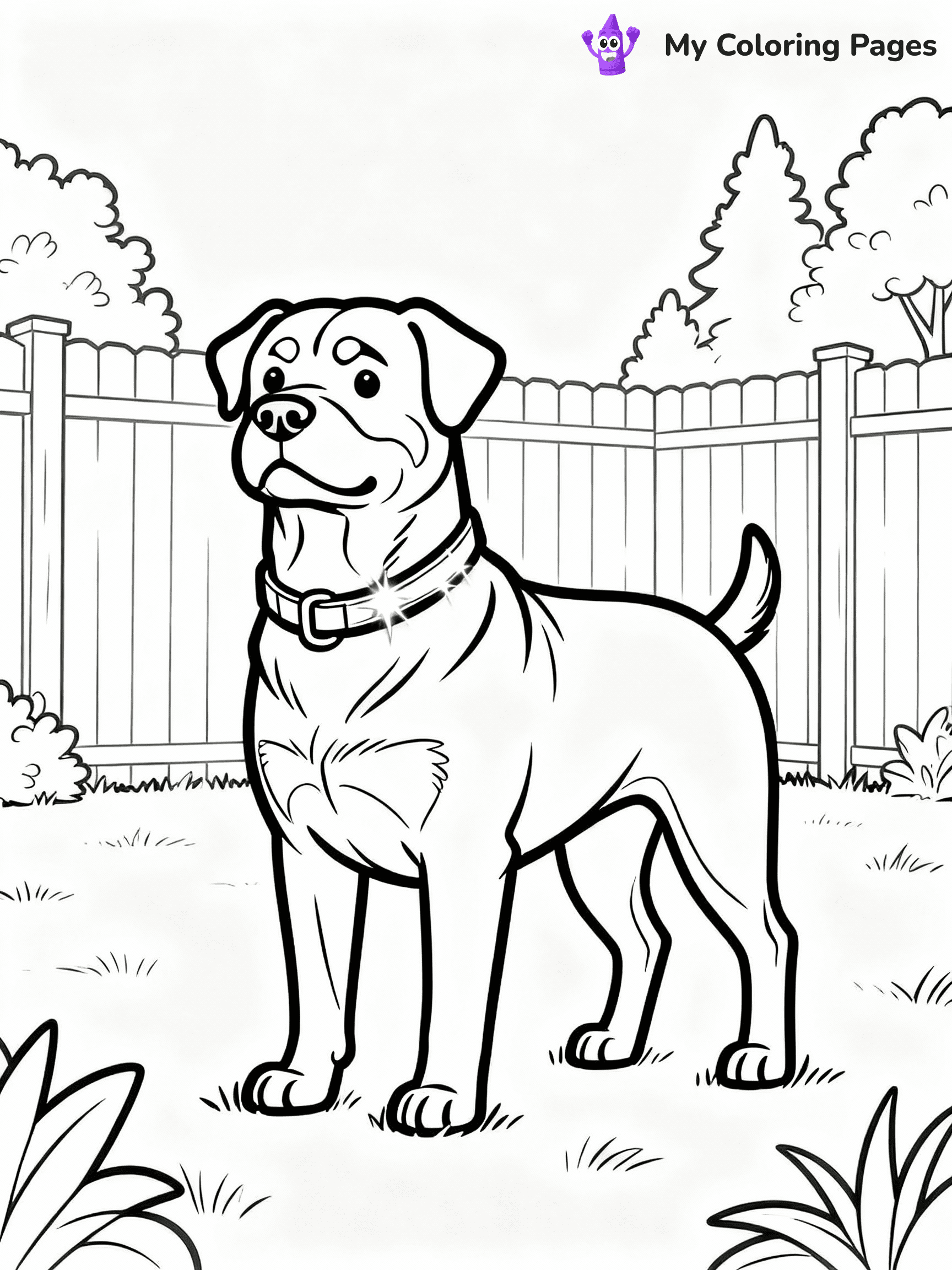 ⚠️ CRITICAL REQUIREMENT - ABSOLUTE BLACK AND WHITE ONLY ⚠️
This MUST be a BLACK AND WHITE line drawing ONLY. NO COLORS whatsoever.
- ONLY pure black lines (#000000) on pure white background (#FFFFFF)
- ABSOLUTELY NO colors, NO shading, NO gradients, NO grayscale
- If there are ANY colors in the output, the image is REJECTED
- This is a COLORING PAGE - meant to be COLORED IN by children
- The output must be UNCOLORED line art ready for coloring
⚠️ SUBJECT TO DRAW: A Rottweiler from Dogs guarding a backyard, standing tall with a proud stance, collar glinting in sunlight, fence and trees framing the scene. Important: PURE OUTLINES. NO FILLS, COLOR, SHADING, OR GREYSCALE. WHITE BACKGROUND.
(REMEMBER: Output must be BLACK AND WHITE line art only, NOT colored!)
# Flat, Friendly Cartoon Line-Art Coloring Page
You are generating a **pure black-and-white binary image** of a child-friendly cartoon scene combining characters and background scenery in one cohesive composition.
## Rendering Rules (Strict)
- Only two colors: pure black (#000000) outlines and pure white (#FFFFFF) background.
- No grayscale, shading, gradients, tints, fills, transparency, or partial pixels.
- No antialiasing or blended edges; every pixel is 100% black or white.
- No solid black fills inside shapes — all areas inside outlines must remain white.
- No dark clothing areas or filled tone blocks; all garments outlined only.
- No shadows, textures, lighting, or tonal variations.
- Must look like flat binary vector line-art for coloring pages.
## Drawing & Composition
- **Medium, consistent line weight**; clean closed outlines easy to color inside.
- **Flat, simple, child-friendly design** — no realism or 3D depth.
- Characters are **grounded on a surface**, centered and large.
- **Balanced composition** with clear silhouettes and minimal props.
## Scenery & Style
- Landmarks (e.g., mosque, CN Tower) and scenery (trees, benches, waves) drawn with **black outlines only.**
- For real-world figures, teams, or places, show accurate details using only black outlines—no text or logos. Use distinctive uniform patterns, abstract symbols, and landmark silhouettes to convey identity.
- Keep **consistent perspective**; no floating elements.
- **Style:** whimsical **Doodle Art Alley** — rounded, friendly outlines.
- May adapt shapes from **Crayola, Disney, Peppa Pig, Cocomelon** — *by shape only, never color.*
- Final output: **flat, crisp, binary (#000000/#FFFFFF)**, **no filled color or background text.**
EXTREMELYE IMPORTANT:
- PURE BINARY LINE-ART; NO FILLS (HAIR/CLOTHES/SKIN), SHADING, OR GREY.
- NO SHADING, COLOR. MUST BE WHITE BACKGROUND.
⚠️ FINAL REMINDER: Draw the subject "A Rottweiler from Dogs guarding a backyard, standing tall with a proud stance, collar glinting in sunlight, fence and trees framing the scene. Important: PURE OUTLINES. NO FILLS, COLOR, SHADING, OR GREYSCALE. WHITE BACKGROUND." as BLACK AND WHITE line art. Zero colors in output.