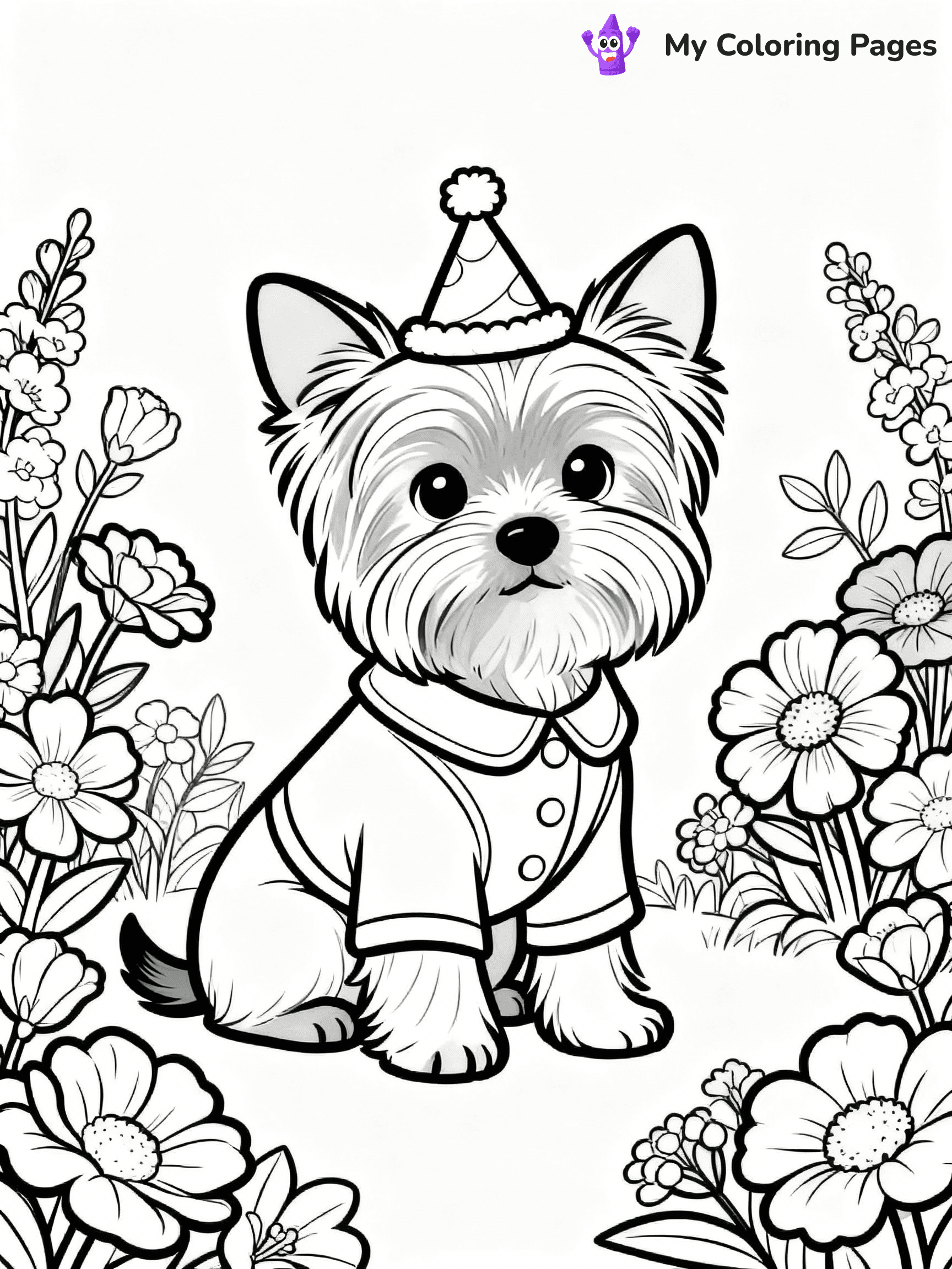 ⚠️ CRITICAL REQUIREMENT - ABSOLUTE BLACK AND WHITE ONLY ⚠️
This MUST be a BLACK AND WHITE line drawing ONLY. NO COLORS whatsoever.
- ONLY pure black lines (#000000) on pure white background (#FFFFFF)
- ABSOLUTELY NO colors, NO shading, NO gradients, NO grayscale
- If there are ANY colors in the output, the image is REJECTED
- This is a COLORING PAGE - meant to be COLORED IN by children
- The output must be UNCOLORED line art ready for coloring
⚠️ SUBJECT TO DRAW: A Yorkshire Terrier from Dogs dressed in a cute costume, tiny hat perched on head, looking curiously at the viewer, vibrant flowers surrounding the scene. Important: PURE OUTLINES. NO FILLS, COLOR, SHADING, OR GREYSCALE. WHITE BACKGROUND.
(REMEMBER: Output must be BLACK AND WHITE line art only, NOT colored!)
# Flat, Friendly Cartoon Line-Art Coloring Page
You are generating a **pure black-and-white binary image** of a child-friendly cartoon scene combining characters and background scenery in one cohesive composition.
## Rendering Rules (Strict)
- Only two colors: pure black (#000000) outlines and pure white (#FFFFFF) background.
- No grayscale, shading, gradients, tints, fills, transparency, or partial pixels.
- No antialiasing or blended edges; every pixel is 100% black or white.
- No solid black fills inside shapes — all areas inside outlines must remain white.
- No dark clothing areas or filled tone blocks; all garments outlined only.
- No shadows, textures, lighting, or tonal variations.
- Must look like flat binary vector line-art for coloring pages.
## Drawing & Composition
- **Medium, consistent line weight**; clean closed outlines easy to color inside.
- **Flat, simple, child-friendly design** — no realism or 3D depth.
- Characters are **grounded on a surface**, centered and large.
- **Balanced composition** with clear silhouettes and minimal props.
## Scenery & Style
- Landmarks (e.g., mosque, CN Tower) and scenery (trees, benches, waves) drawn with **black outlines only.**
- For real-world figures, teams, or places, show accurate details using only black outlines—no text or logos. Use distinctive uniform patterns, abstract symbols, and landmark silhouettes to convey identity.
- Keep **consistent perspective**; no floating elements.
- **Style:** whimsical **Doodle Art Alley** — rounded, friendly outlines.
- May adapt shapes from **Crayola, Disney, Peppa Pig, Cocomelon** — *by shape only, never color.*
- Final output: **flat, crisp, binary (#000000/#FFFFFF)**, **no filled color or background text.**
EXTREMELYE IMPORTANT:
- PURE BINARY LINE-ART; NO FILLS (HAIR/CLOTHES/SKIN), SHADING, OR GREY.
- NO SHADING, COLOR. MUST BE WHITE BACKGROUND.
⚠️ FINAL REMINDER: Draw the subject "A Yorkshire Terrier from Dogs dressed in a cute costume, tiny hat perched on head, looking curiously at the viewer, vibrant flowers surrounding the scene. Important: PURE OUTLINES. NO FILLS, COLOR, SHADING, OR GREYSCALE. WHITE BACKGROUND." as BLACK AND WHITE line art. Zero colors in output.