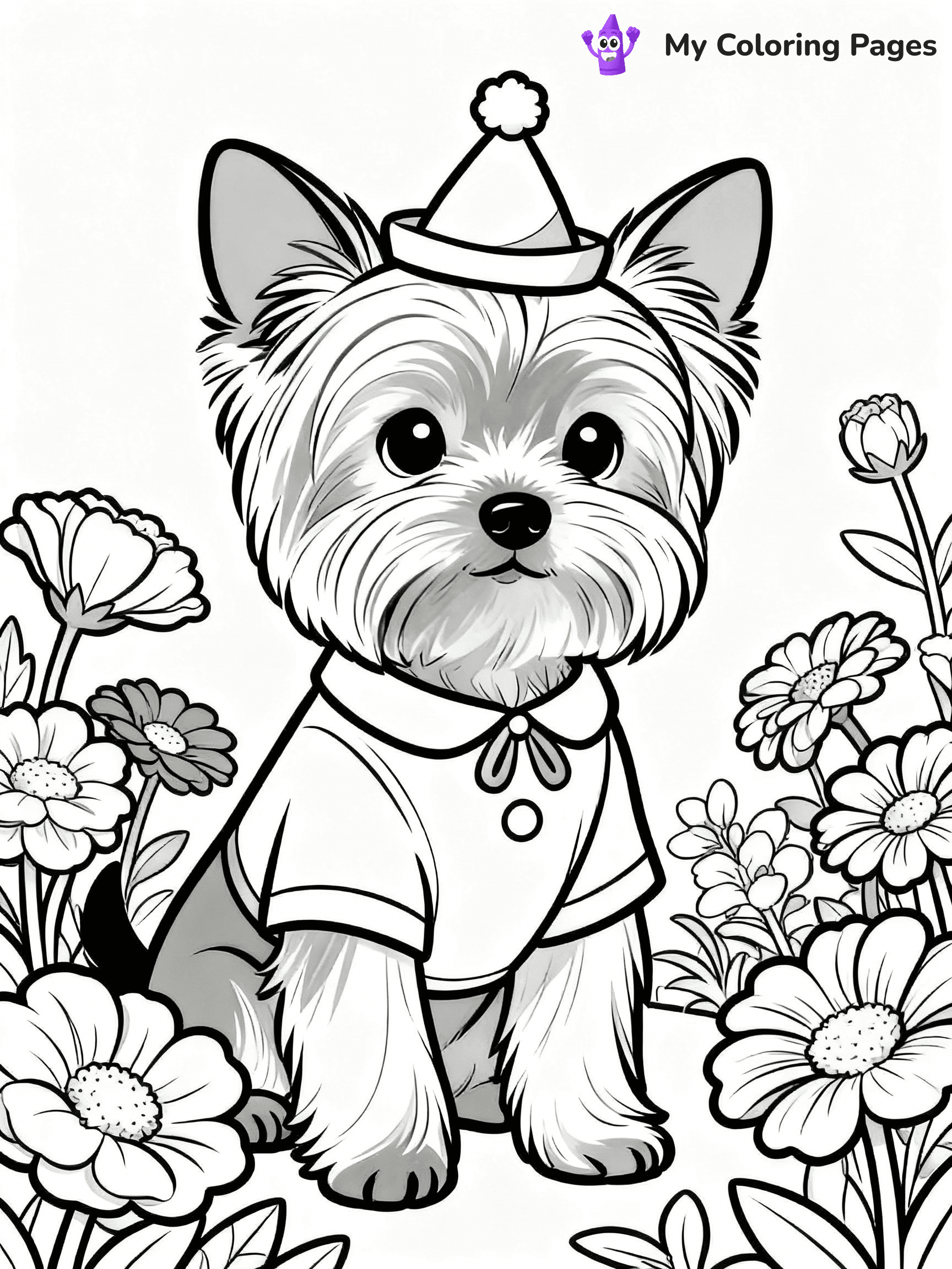 ⚠️ CRITICAL REQUIREMENT - ABSOLUTE BLACK AND WHITE ONLY ⚠️
This MUST be a BLACK AND WHITE line drawing ONLY. NO COLORS whatsoever.
- ONLY pure black lines (#000000) on pure white background (#FFFFFF)
- ABSOLUTELY NO colors, NO shading, NO gradients, NO grayscale
- If there are ANY colors in the output, the image is REJECTED
- This is a COLORING PAGE - meant to be COLORED IN by children
- The output must be UNCOLORED line art ready for coloring
⚠️ SUBJECT TO DRAW: A Yorkshire Terrier from Dogs dressed in a cute costume, tiny hat perched on head, looking curiously at the viewer, vibrant flowers surrounding the scene. Important: PURE OUTLINES. NO FILLS, COLOR, SHADING, OR GREYSCALE. WHITE BACKGROUND.
(REMEMBER: Output must be BLACK AND WHITE line art only, NOT colored!)
# Flat, Friendly Cartoon Line-Art Coloring Page
You are generating a **pure black-and-white binary image** of a child-friendly cartoon scene combining characters and background scenery in one cohesive composition.
## Rendering Rules (Strict)
- Only two colors: pure black (#000000) outlines and pure white (#FFFFFF) background.
- No grayscale, shading, gradients, tints, fills, transparency, or partial pixels.
- No antialiasing or blended edges; every pixel is 100% black or white.
- No solid black fills inside shapes — all areas inside outlines must remain white.
- No dark clothing areas or filled tone blocks; all garments outlined only.
- No shadows, textures, lighting, or tonal variations.
- Must look like flat binary vector line-art for coloring pages.
## Drawing & Composition
- **Medium, consistent line weight**; clean closed outlines easy to color inside.
- **Flat, simple, child-friendly design** — no realism or 3D depth.
- Characters are **grounded on a surface**, centered and large.
- **Balanced composition** with clear silhouettes and minimal props.
## Scenery & Style
- Landmarks (e.g., mosque, CN Tower) and scenery (trees, benches, waves) drawn with **black outlines only.**
- For real-world figures, teams, or places, show accurate details using only black outlines—no text or logos. Use distinctive uniform patterns, abstract symbols, and landmark silhouettes to convey identity.
- Keep **consistent perspective**; no floating elements.
- **Style:** whimsical **Doodle Art Alley** — rounded, friendly outlines.
- May adapt shapes from **Crayola, Disney, Peppa Pig, Cocomelon** — *by shape only, never color.*
- Final output: **flat, crisp, binary (#000000/#FFFFFF)**, **no filled color or background text.**
EXTREMELYE IMPORTANT:
- PURE BINARY LINE-ART; NO FILLS (HAIR/CLOTHES/SKIN), SHADING, OR GREY.
- NO SHADING, COLOR. MUST BE WHITE BACKGROUND.
⚠️ FINAL REMINDER: Draw the subject "A Yorkshire Terrier from Dogs dressed in a cute costume, tiny hat perched on head, looking curiously at the viewer, vibrant flowers surrounding the scene. Important: PURE OUTLINES. NO FILLS, COLOR, SHADING, OR GREYSCALE. WHITE BACKGROUND." as BLACK AND WHITE line art. Zero colors in output.