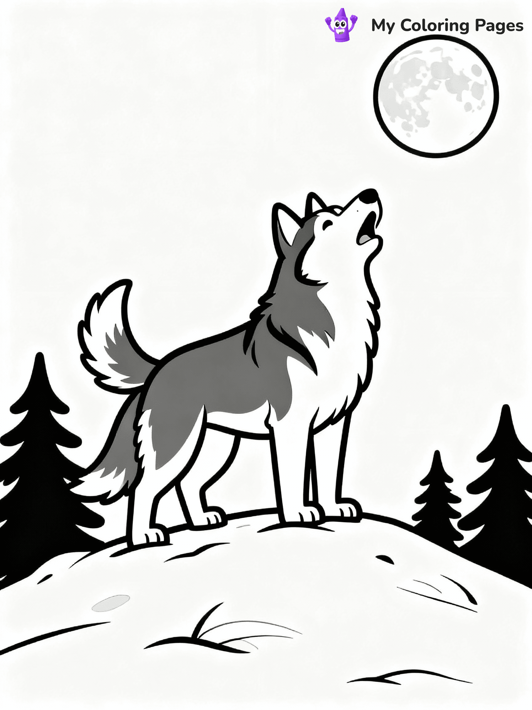 ⚠️ CRITICAL REQUIREMENT - ABSOLUTE BLACK AND WHITE ONLY ⚠️
This MUST be a BLACK AND WHITE line drawing ONLY. NO COLORS whatsoever.
- ONLY pure black lines (#000000) on pure white background (#FFFFFF)
- ABSOLUTELY NO colors, NO shading, NO gradients, NO grayscale
- If there are ANY colors in the output, the image is REJECTED
- This is a COLORING PAGE - meant to be COLORED IN by children
- The output must be UNCOLORED line art ready for coloring
⚠️ SUBJECT TO DRAW: A Siberian Husky from Dogs howling at the moon, standing on a snowy hill, thick fur visible against the cold, pine trees silhouetted in the background. Important: PURE OUTLINES. NO FILLS, COLOR, SHADING, OR GREYSCALE. WHITE BACKGROUND.
(REMEMBER: Output must be BLACK AND WHITE line art only, NOT colored!)
# Flat, Friendly Cartoon Line-Art Coloring Page
You are generating a **pure black-and-white binary image** of a child-friendly cartoon scene combining characters and background scenery in one cohesive composition.
## Rendering Rules (Strict)
- Only two colors: pure black (#000000) outlines and pure white (#FFFFFF) background.
- No grayscale, shading, gradients, tints, fills, transparency, or partial pixels.
- No antialiasing or blended edges; every pixel is 100% black or white.
- No solid black fills inside shapes — all areas inside outlines must remain white.
- No dark clothing areas or filled tone blocks; all garments outlined only.
- No shadows, textures, lighting, or tonal variations.
- Must look like flat binary vector line-art for coloring pages.
## Drawing & Composition
- **Medium, consistent line weight**; clean closed outlines easy to color inside.
- **Flat, simple, child-friendly design** — no realism or 3D depth.
- Characters are **grounded on a surface**, centered and large.
- **Balanced composition** with clear silhouettes and minimal props.
## Scenery & Style
- Landmarks (e.g., mosque, CN Tower) and scenery (trees, benches, waves) drawn with **black outlines only.**
- For real-world figures, teams, or places, show accurate details using only black outlines—no text or logos. Use distinctive uniform patterns, abstract symbols, and landmark silhouettes to convey identity.
- Keep **consistent perspective**; no floating elements.
- **Style:** whimsical **Doodle Art Alley** — rounded, friendly outlines.
- May adapt shapes from **Crayola, Disney, Peppa Pig, Cocomelon** — *by shape only, never color.*
- Final output: **flat, crisp, binary (#000000/#FFFFFF)**, **no filled color or background text.**
EXTREMELYE IMPORTANT:
- PURE BINARY LINE-ART; NO FILLS (HAIR/CLOTHES/SKIN), SHADING, OR GREY.
- NO SHADING, COLOR. MUST BE WHITE BACKGROUND.
⚠️ FINAL REMINDER: Draw the subject "A Siberian Husky from Dogs howling at the moon, standing on a snowy hill, thick fur visible against the cold, pine trees silhouetted in the background. Important: PURE OUTLINES. NO FILLS, COLOR, SHADING, OR GREYSCALE. WHITE BACKGROUND." as BLACK AND WHITE line art. Zero colors in output.