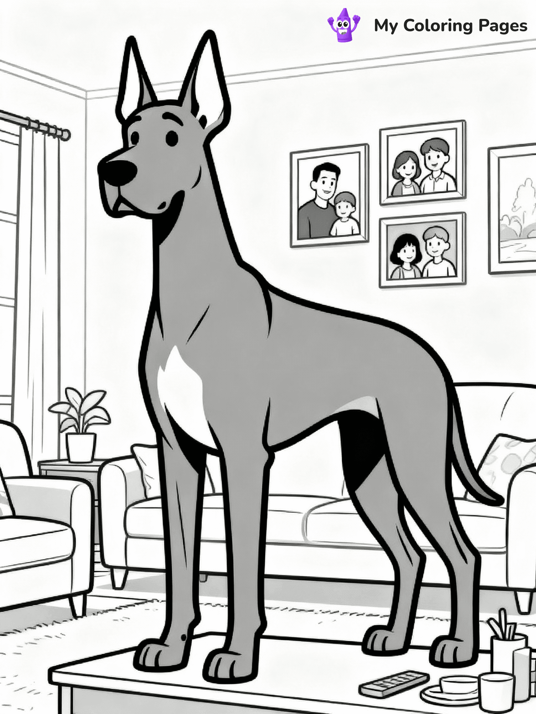 ⚠️ CRITICAL REQUIREMENT - ABSOLUTE BLACK AND WHITE ONLY ⚠️
This MUST be a BLACK AND WHITE line drawing ONLY. NO COLORS whatsoever.
- ONLY pure black lines (#000000) on pure white background (#FFFFFF)
- ABSOLUTELY NO colors, NO shading, NO gradients, NO grayscale
- If there are ANY colors in the output, the image is REJECTED
- This is a COLORING PAGE - meant to be COLORED IN by children
- The output must be UNCOLORED line art ready for coloring
⚠️ SUBJECT TO DRAW: A Great Dane from Dogs standing proudly in a living room, towering over furniture, ears perked, family photos on the wall behind. Important: PURE OUTLINES. NO FILLS, COLOR, SHADING, OR GREYSCALE. WHITE BACKGROUND.
(REMEMBER: Output must be BLACK AND WHITE line art only, NOT colored!)
# Flat, Friendly Cartoon Line-Art Coloring Page
You are generating a **pure black-and-white binary image** of a child-friendly cartoon scene combining characters and background scenery in one cohesive composition.
## Rendering Rules (Strict)
- Only two colors: pure black (#000000) outlines and pure white (#FFFFFF) background.
- No grayscale, shading, gradients, tints, fills, transparency, or partial pixels.
- No antialiasing or blended edges; every pixel is 100% black or white.
- No solid black fills inside shapes — all areas inside outlines must remain white.
- No dark clothing areas or filled tone blocks; all garments outlined only.
- No shadows, textures, lighting, or tonal variations.
- Must look like flat binary vector line-art for coloring pages.
## Drawing & Composition
- **Medium, consistent line weight**; clean closed outlines easy to color inside.
- **Flat, simple, child-friendly design** — no realism or 3D depth.
- Characters are **grounded on a surface**, centered and large.
- **Balanced composition** with clear silhouettes and minimal props.
## Scenery & Style
- Landmarks (e.g., mosque, CN Tower) and scenery (trees, benches, waves) drawn with **black outlines only.**
- For real-world figures, teams, or places, show accurate details using only black outlines—no text or logos. Use distinctive uniform patterns, abstract symbols, and landmark silhouettes to convey identity.
- Keep **consistent perspective**; no floating elements.
- **Style:** whimsical **Doodle Art Alley** — rounded, friendly outlines.
- May adapt shapes from **Crayola, Disney, Peppa Pig, Cocomelon** — *by shape only, never color.*
- Final output: **flat, crisp, binary (#000000/#FFFFFF)**, **no filled color or background text.**
EXTREMELYE IMPORTANT:
- PURE BINARY LINE-ART; NO FILLS (HAIR/CLOTHES/SKIN), SHADING, OR GREY.
- NO SHADING, COLOR. MUST BE WHITE BACKGROUND.
⚠️ FINAL REMINDER: Draw the subject "A Great Dane from Dogs standing proudly in a living room, towering over furniture, ears perked, family photos on the wall behind. Important: PURE OUTLINES. NO FILLS, COLOR, SHADING, OR GREYSCALE. WHITE BACKGROUND." as BLACK AND WHITE line art. Zero colors in output.