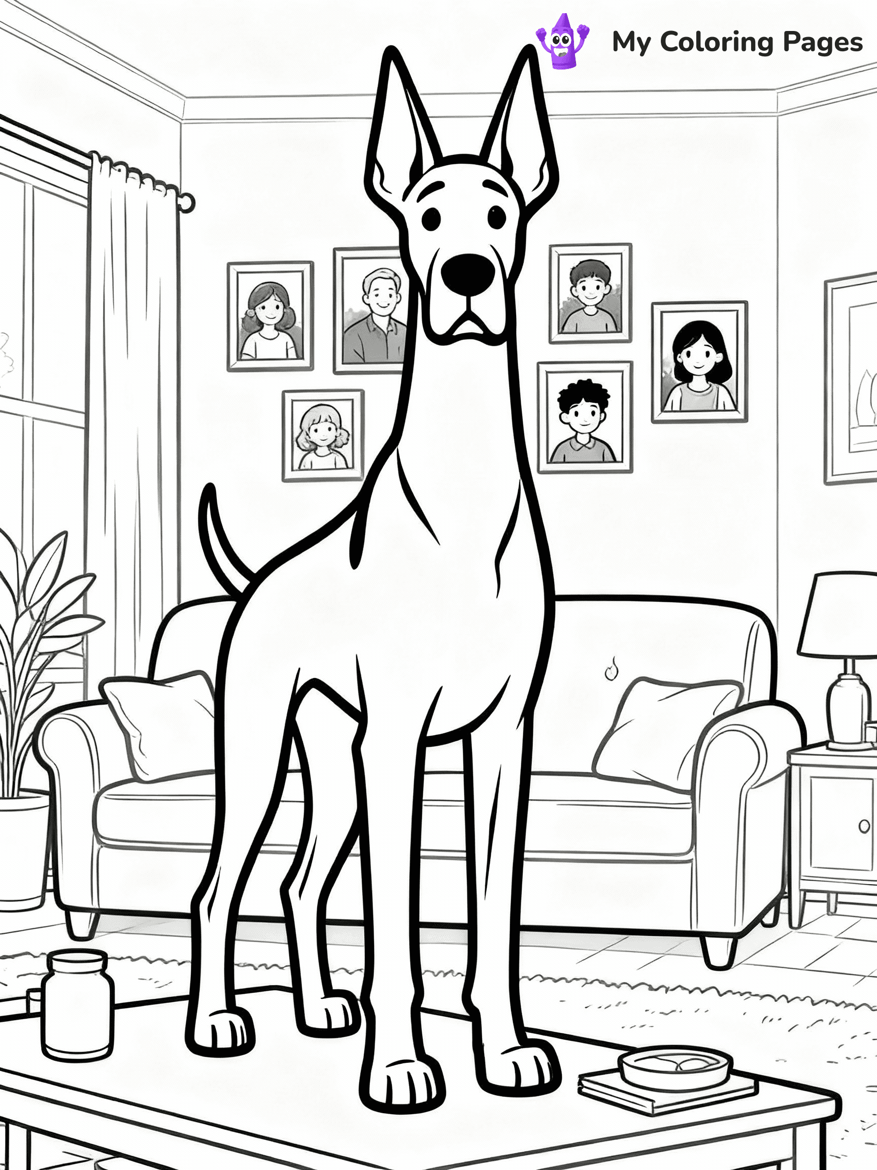 ⚠️ CRITICAL REQUIREMENT - ABSOLUTE BLACK AND WHITE ONLY ⚠️
This MUST be a BLACK AND WHITE line drawing ONLY. NO COLORS whatsoever.
- ONLY pure black lines (#000000) on pure white background (#FFFFFF)
- ABSOLUTELY NO colors, NO shading, NO gradients, NO grayscale
- If there are ANY colors in the output, the image is REJECTED
- This is a COLORING PAGE - meant to be COLORED IN by children
- The output must be UNCOLORED line art ready for coloring
⚠️ SUBJECT TO DRAW: A Great Dane from Dogs standing proudly in a living room, towering over furniture, ears perked, family photos on the wall behind. Important: PURE OUTLINES. NO FILLS, COLOR, SHADING, OR GREYSCALE. WHITE BACKGROUND.
(REMEMBER: Output must be BLACK AND WHITE line art only, NOT colored!)
# Flat, Friendly Cartoon Line-Art Coloring Page
You are generating a **pure black-and-white binary image** of a child-friendly cartoon scene combining characters and background scenery in one cohesive composition.
## Rendering Rules (Strict)
- Only two colors: pure black (#000000) outlines and pure white (#FFFFFF) background.
- No grayscale, shading, gradients, tints, fills, transparency, or partial pixels.
- No antialiasing or blended edges; every pixel is 100% black or white.
- No solid black fills inside shapes — all areas inside outlines must remain white.
- No dark clothing areas or filled tone blocks; all garments outlined only.
- No shadows, textures, lighting, or tonal variations.
- Must look like flat binary vector line-art for coloring pages.
## Drawing & Composition
- **Medium, consistent line weight**; clean closed outlines easy to color inside.
- **Flat, simple, child-friendly design** — no realism or 3D depth.
- Characters are **grounded on a surface**, centered and large.
- **Balanced composition** with clear silhouettes and minimal props.
## Scenery & Style
- Landmarks (e.g., mosque, CN Tower) and scenery (trees, benches, waves) drawn with **black outlines only.**
- For real-world figures, teams, or places, show accurate details using only black outlines—no text or logos. Use distinctive uniform patterns, abstract symbols, and landmark silhouettes to convey identity.
- Keep **consistent perspective**; no floating elements.
- **Style:** whimsical **Doodle Art Alley** — rounded, friendly outlines.
- May adapt shapes from **Crayola, Disney, Peppa Pig, Cocomelon** — *by shape only, never color.*
- Final output: **flat, crisp, binary (#000000/#FFFFFF)**, **no filled color or background text.**
EXTREMELYE IMPORTANT:
- PURE BINARY LINE-ART; NO FILLS (HAIR/CLOTHES/SKIN), SHADING, OR GREY.
- NO SHADING, COLOR. MUST BE WHITE BACKGROUND.
⚠️ FINAL REMINDER: Draw the subject "A Great Dane from Dogs standing proudly in a living room, towering over furniture, ears perked, family photos on the wall behind. Important: PURE OUTLINES. NO FILLS, COLOR, SHADING, OR GREYSCALE. WHITE BACKGROUND." as BLACK AND WHITE line art. Zero colors in output.